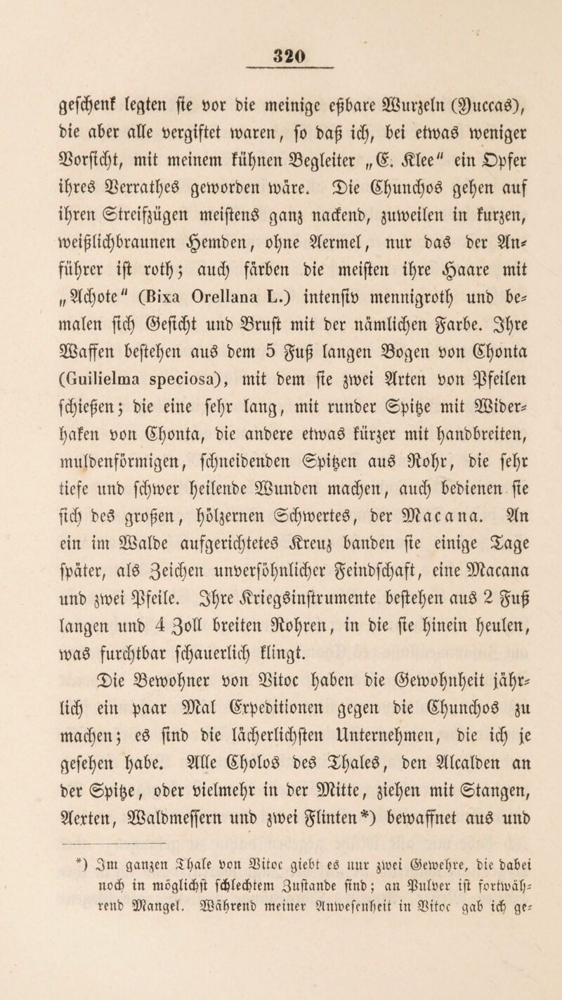 221 • fation mit tfjnen abgebrodjen iß. lieber bie 3nbio6 bra* bog, meldje bie 9flontana6 bon ©übberu bemofynen, fyabe idj nie genauere 9tad)rid)ten erhalten fonnen; fte ftnb bollig unbefannt, benn unburdjbringltdje, milbe SBalber liegen $mi* fd)en ifynen unb ber $ibiliftrten Seit, nnb voot)l feiten Ijat ftd) ber guf eines Europäers bort^in berirrt. 3n Sittel* peru ftnb bie Stamme ber milben Snbianer am meiften gegen bie d)riftlidjen borgefcfyoben, narnlid) in ber Montana be Quanta bie 33cud)anoS, in ber Montana be SBitoc bie / ©IjundjoS. 3)ie S^cudjanoS treiben $eitenmeife Saufd)* Ijanbel mit ben 23emofmern bon Quanta, bann treten aber mieber lange ©pod)en ber geinbfeligfeiten ein, mobei bie 3$* cudjanoS, obgleich bon §iemlid) gutmütigem ©fjarafter, bie ^uandjanoS bielfaltig beleibigen; fte treiben iljnen baS Sei) bon ber Seibe, fielen if)nen bie gelbfrüd)te unb fud)eit bie ganje ©egenb in 5(larm §u berfej$en, 5116 bor einigen 3<t* • 9 ren bie S8emol)ner bon Quanta jur feierlichen ^ro^effton am grol)nteid)namStag berfammelt maren, fam eine ©d)aar 3^ cudjanoS mit mtlben Stieren, bie fte, fyeftig gereift, auf bie berfammelte ©emeinbe loS ftürjen liefen; unter bem §ol)n* geläd)ter ber Silben jerftob bie $ro$effton, biele ber £uan* tanoS mürben fdjmer berieft ober gelobtet. 2)ie 33cud)anoS ftnb §u fel)r bom Terrain begünftigt, als baf eine milita* rifd)e ©rpebition, um fte weiter in bie Sälber §u brangen, mit günftigcm (Erfolge auSgefül)rt werben fbnnte. Sie ©f)und)oS, bon benen idj weiter unten nodj fpre* djen werbe, ftnFmeit gefährlicher unb bilben einen ber furcfjt* barften Stamme ber SnbioS braboS. (Sie befolgten ben füblidjften £I)eil ber^ampa bei Sacramento, ber terra incognita $eruö, bor^üglid) baS glufgebiet beS ©Ijancba*