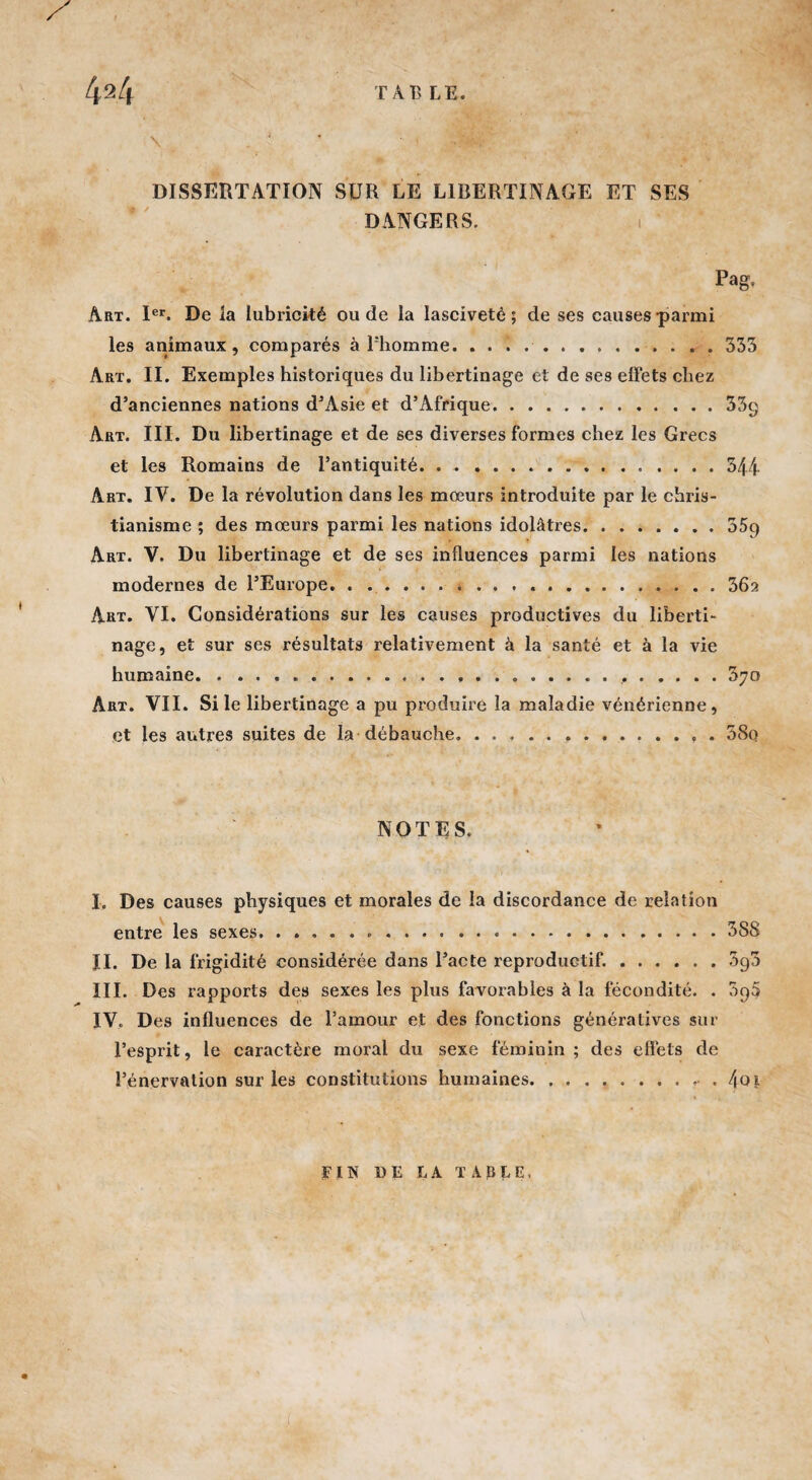 T AB LE. DISSERTATION SUR LE LIBERTINAGE ET SES DANGERS. i Pag. Art. Ier. De la lubricité ou de la lasciveté; de ses causes parmi les animaux, comparés à Phomme. . . i ... 333 Art. II. Exemples historiques du libertinage et de ses effets chez d’anciennes nations d’Asie et d’Afrique.33g Art. III. Du libertinage et de ses diverses formes chez les Grecs et les Romains de l’antiquité. ..544 Art. IV. De la révolution dans les mœurs introduite par le chris¬ tianisme ; des mœurs parmi les nations idolâtres.55q Art. V. Du libertinage et de ses influences parmi les nations modernes de l’Europe. ..*.36a Art. VI. Considérations sur les causes productives du liberti¬ nage, et sur ses résultats relativement à la santé et à la vie humaine...,.5yo Art. VII. Si le libertinage a pu produire la maladie vénérienne, et les autres suites de la débauche.38o NOTES. I. Des causes physiques et morales de la discordance de relation entre les sexes.388 II. De la frigidité considérée dans l’acte reproductif..095 III. Des rapports des sexes les plus favorables à la fécondité. . 3q5 IV. Des influences de l’amour et des fonctions généralives sur l’esprit, le caractère moral du sexe féminin ; des effets de l’énervation sur les constitutions humaines.. . 4oi FIN DE LA TABLE.