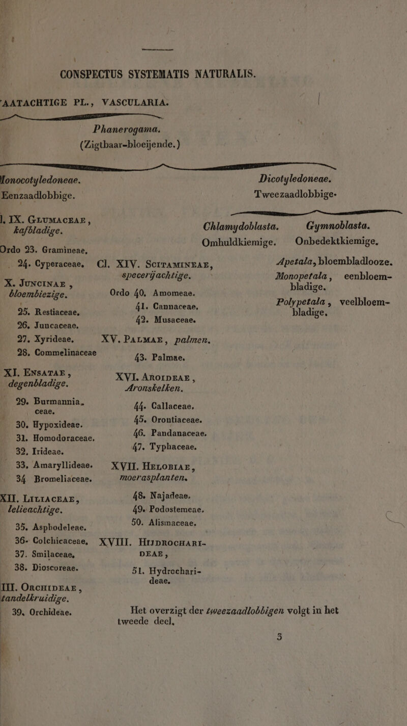 CONSPECTUS SYSTEMATIS NATURALIS. AATACHTIGE PL., VASCULARIA. Phanerogama. (Zigtbaar=bloeijende. ) en lonocotyledoneae. Dicotyledoneae. Eenzaadlobbige. Tweezaadlobbige- 5 Amie é Chlamydoblasta. Gymnoblasta. Omhuldkiemige. _Onbedektkiemige, Ordo 23. Gramineae, … 24. Cyperaceae, Cl. XIV. ScrraMINEAE, Apetala, bloembladlooze. K. TONCINAE specerijachtige. Monopetala, eenbloem- bloembiezige. Ordo 40, Amomeae. bladige. b Ál. Cannaceae, Polypetala , veelbloem- 25. Restiaceae, er? bladige, 26, Juncaceae, 43. Musaceae. 27, Xyrideae, XV. PALMAE, palmen. 28, Commelinaceae rn XI. ENSATAE , XVL A Pi . AROIDEAE degendladige. Aronskelken. 29. Be. 44- Callaceae. 30, Hypoxideae. 49. Orontiaceae. 31. Homodoraceae. 46. Pandanaceae. 32, Irideae. 47. Typhaceae. 33, Amaryllideae. XVII. Herorrar, 34 Bromeliaceae. moerasplanten. XII. LILIACEAE, 48. Najadeae. lelieachtige. 49. Podostemeae. Ak 35. Aspbodeleae. 50. Alismaceae, be 36- Colchicaceae, XVIII. HtiDRocHart- 37. Smilaceae, DEAE , 38. Dioscoreae. 51. Hydrochari- III. OrcHiDEAr, en tandelkruidige, 39, Orchideae. Het overzigt der tweezaadlobbigen volgt in het tweede deel,