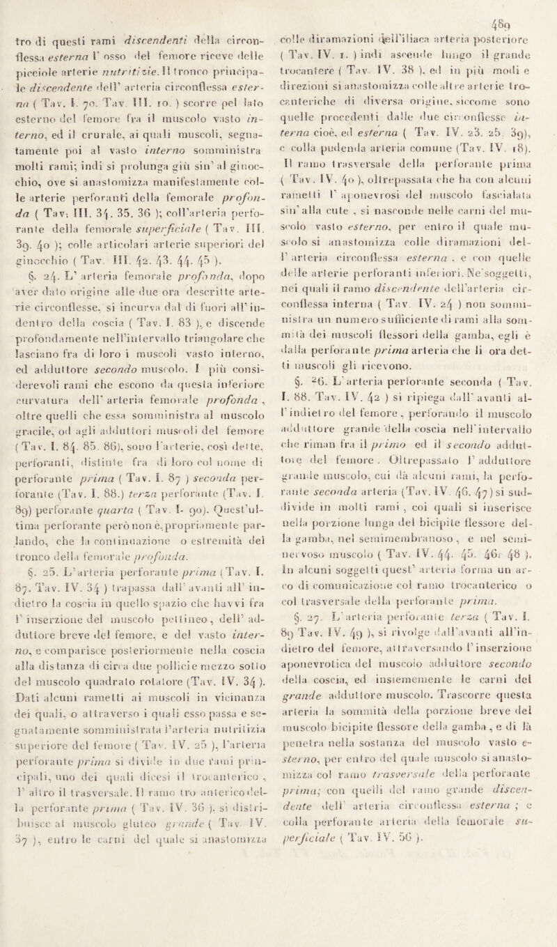 tro di questi rami discendenti della circon- flessa esterna 1' osso del femore riceve delle pieciole arterie nutriti zie. Il tronco principa¬ le discendente dell1 arteria circonflessa ester¬ na ( Tav. 1. 70. Tav. HI. ìo. ) scorre pel lato esterno del femore fra il muscolo vasto in¬ terno, ed il crurale, ai quali muscoli, segna¬ tamente poi a! vasto interno somministra molti rami; indi si prolunga giti sin1 al ginoc¬ chio, ove si anaslomizza manifestamente col¬ le arterie perforanti della femorale profon¬ da ( Tav-. III. . 35. 36 ); coH’arteria perfo¬ rante della femorale Superficiale ( Tav, III. Sq. /jo ); colle articolari arterie superiori del ginocchio ( Tav. III. ^2. /jfl- 44- 4^ )• §. 24* L’ arteria femorale profonda, dopo aver dato origine alle due ora descritte arte¬ rie circonflesse, si incurva dal di fuori all1 in¬ dentro della coscia ( Tav. I 83 ). e discende profondamente nell’intervallo triangolare che lasciano fra di loro i muscoli vasto interno, eu adduttore secondo muscolo, I più consi¬ derevoli rami che escono da questa inferiore curvatura dell' arteria femorale profonda , oltre quelli che essa somministra al muscolo gracile, od agli adduttori muscoli del femore (Tav. I. 84. 85. 86), sodo {'arterie, cosi dette, perforanti, distinte fra di loro col nome di perforante prima ( Tav. I. 87 ) seconda per¬ forante (Tav. 1. 88.) terza perforante (Tav. !. 89) perforante quarta ( Tav. I- 90). Quest ul¬ tima perforante però non è,propriamente par¬ lando, che la continuazione o estremità dei tronco delia femorale profonda. §. 25. L’arteria perforante prima (Tav. I. 87. Tav. IV. 34 ) trapassa dall avanti all1 in¬ dietro la coscia in quello spazio che havvi fra A inserzione del muscolo pel lineo, dell1 ad¬ duttore breve del femore, e dei vasto iiiter- no, e comparisce posteriormente nella coscia alla disianza di circa due nollicie mezzo sotto JL del muscolo quadralo relatore (Tav. IV. 34). Dati alcuni rametti ai muscoli in vicinanza dei quali, o attraverso i quali esso passa e se¬ gnatamente somministrata l’arteria nutritizia superiore del femore ( Tav. IV. a5 ), l’arteria perforante prima si divide in due rami prin¬ cipali, uno dei quali dieesi ni trocanterieo , 1 altro il trasversale. lì ramo tro anterico del¬ la perforante prima ( Tav. IV. 36 ), sì distri¬ buisce ai muscolo gluteo grande ( Tav. IV. 87 ), entro le carni del quale si anaslomizza 489 colle diramazioni dfeeìrSliaca arteria posteriore ( Tav, IV. 1. ) indi ascende lungo il grande trocantere ( Tav SV. 38 ), ed in più modi e direzioni si anaslomizza colle alt re arterie Iro- cr eteriche di diversa origine, siccome sono quelle procedenti dalle «lue circonflesse in¬ terna cioè, ed esterna ( Tav. IV. 23. ab. 89), e culla pudenda arteria comune (Tav. IV. 18). 11 ramo trasversale della perforante prima ( Tav. IV. .40 ), oltrepassata che ha con alcuni rametti I’ aponevrosi del muscolo fascialata sin’alla cute , si nasconde nelle carni del mu¬ scolo vasto esterno, per entro il quale uni¬ sci.) lo si anaslomizza colle diramazioni del- i1 arteria circonflessa esterna , e con quelle delle arterie perforanti inferiori. Ne’soggelti, nei quali il ramo discendente dell’arteria cir¬ conflessa interna ( Tav. IV. 24 ) non sommi¬ nistra un numero sufficiente di rami alla som¬ mità dei muscoli flessori della gamba, egli è dalla perforante prima arteria che li ora del¬ ti muscoli gli ricevono. §. 26. L’arteria perforante seconda ( Tav. I. 88. Tav. IV. 42 ) si ripiega dall avanti ai- !’ indietro del femore, perforando il muscolo adduttore grande'della coscia nell'intervallo die riman fra il primo ed il secondo addut¬ tore del femore. Oltrepassalo l’adduttore grande muscolo, cui dà alcuni rami, la perfo¬ rante seconda arteria (Tav. IV. 46. 47 ) si sud¬ divide in molti rami , coi quali si inserisce nella porzione lunga del bicipite flessore del¬ la gamba, nel semirnembranoso , e nel semi- nervoso muscolo ( Tav. IV. 44' 4^- 4bJ 4& )• In alcuni soggetti quest’ arteria forma un ar¬ co di comunicazione col ramo trocanterieo o col trasversale della perforante prima, 27. L’arteria perforante terza ( Tav. I. 89 Tav. IV. 49 ), si rivolge dall’avanti all’in- dielro del femore, attraversando l'inserzione aponevrotica del muscolo adduttore secondo delia coscia, ed insiememente le carni del grande addilli or e muscolo. Trascorre questa arteria Sa sommità della porzione breve del muscolo bicipite flessore delia gamba , e di là penetra nella sostanza de! muscolo vasto e- sterno, per entro del quale muscolo sianasto- mi2za co! ramo trasversale delia perforante prima; con quelli del ramo grande discen¬ dente dell’ arteria circonflessa esterna ; e colla perforante arteria delia femorale sti¬ pe rf viale ( Tav. IV. 56 ).