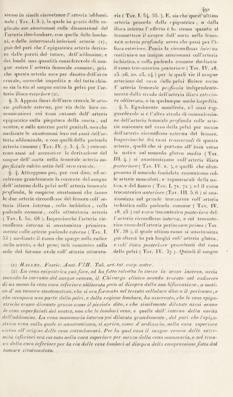 nale ( Tav. 1. 3. ), la quale in grazia delle re¬ plicate sue anastomosi colle diramazioni del l’arteria ileo-lombare, con quelle delle lomba¬ li, e delle intercostali inferiori arterie (i), può de! pari che 1’ epigastrica arteria deriva¬ re dalle pareti del torace, dell’addomine, e dei lombi una quantità considerevole di san¬ gue entro 1' arteria femorale comune, pria che questa arteria esca per disotto dell'arco crurale, ancorché impedita e del tutto chiu¬ sa sia la via al sangue entro la pelvi per l’ar¬ teria iliaca esteriore (2). §. 3. Appena fuori dell’arco crurale le arte¬ rie pudende esterne, per via delle loro co¬ municazioni coi rami cutanei dell’ arteria epigastrica sulla piegatura della coscia , sul ventre, e sulle esterne parti genitali, non che mediante le anastomosi loro eoi rami dell’ar¬ teria addominale, e con quelli della pudenda arteria comune ( Tav. IV. y. 3. 4 3. ) concor¬ rono assai ad accrescere la derivazione de! sangue dell’ aorta nella femorale arteria su¬ perficiale subito sotto dell’ arco crin ale. §. 4- Attraggono poi, per così dire, ed ac¬ celerano grandemente la corrente del sangue dell’ interno della pelvi nell’ arteria femorale profonda, le cospicue anastomosi che fanno le due arterie circonflesse del femore coll’ ar¬ teria iliaca interna , eolia ischiatica , colla pudenda comune , colla otturatoria arteria ( Tav. I. 5i. 68 ). Imperciocché l'arteria cir¬ conflessa interna si anastomizza primiera¬ mente colie arterie pudende esterne ( Tav. I. 53 ) mediante il ramo che sparge sulla radice dello scroto, e del pene; indi comunica sulla sede del forame ovale coll’ arteria otturato¬ ria ( Tav. T. 54. 55. ). E, sia che quest’ultima arteria proceda dalla epigastrica , o dalla iliaca interna l’effetto è lo stesso quanto al trasmettere il sangue dall'aorta nella femo¬ rale arteria profonda senza che passi per l’i¬ liaca esteriore. Poscia la circonflessa iute/ ria costituisce un insigne anastomosi coll’arteria ischiatica, e colla pudenda comune mediante il ramo trocanterico posteriore ( Tav. IV. 18. 25. 26. 20. 23. 24 ) per le quali vie il sangue arterioso del ('avo della pelvi fluisce entro 1 arteria femorale profonda indipendente¬ mente dalla strada dell’arteria iliaca esterio¬ re obliteratalo in qualunque modo impedita. §. 5. Egualmente manifesta, ed assai rag¬ guardevole si è l’altra strada di comunicazio¬ ne dell’arteria femorale profonda colle arte¬ rie sostenute nel cavo della pelvi per mezzo dell arteria circonflessa esterna del femore. Imperciocché dei rami trasversali di questa arteria, quelli che si portano all1 2 insù verso la natica sul muscolo gluteo medio ( Tav. Hl-4 ) s* anastomizzano coll’arteria iliaca posteriore ( Tav. IV. r. ), e quelli che oltre¬ passano il muscolo fascialata comunicano col¬ le arterie muscolari, e tegumentali della na¬ tica, e del fianco ( Tav. I. yi. 72 ), ed il ramo trocanterico anteriore (Tav. III. 5.6 ) si aua- sìomizza sul grande trocantere coll’arteria ischiatica colla pudenda comune ( Tav. IV. 18. 25 ) col raitio trocanterico posteriore del¬ l’arteria circonflessa interna, e col trocante¬ rico ramo dell’arteria perforante prima (Tav. IV. 38 ), il quale ultimo ramo si anastomizza poi altresì in più luoghi coll’arteria glutea, e coll’iliaca posteriore procedenti dal cavo della pelvi ( Tav. IV. “òy ) . Quindi il sangue (1) Haller. Fascio. Anat. Vili. Tal. art., tot. corp. anter. (2) La vena epigastrica può fare, ed ha fatto talvolta lo stesso in senso inverso, ossia secondo la corrente del sangue venoso., il Chirurgo clinico avendo trovato nel cadavere di un uomo la vena cava inferiore obliterata poco al disopra della sua biforcazione, a moti¬ vo F un tumore steatomatoso, che si era formato nel tessuto cellulare dietro il peritoneo, e che occupava una parte della pelvi, e della regione lombare, ha osservato., che le vene epiga¬ striche erano divenute grosse come il picciolo ditole che similmente dilatate assai erano Le vene superficiali, del ventre, non che le lombari vene, e quelle dell interno della cavità dell addomine. La vena mammaria interna poi dilatata grandemente , del pari che ! epiga¬ strica vena colla quale si anastonùzava, si apriva, come d'ordinario, nella cava superiore vicino all origine delle vene sottoclaveari. Per la qual cosa il sangue venoso delle estre¬ mità inferiori era versato nella cava superiore per mezzo della vena mammaria, e nel tron¬ co della cava inferiore per la via delle vene lombari al disopra della compressione fatta dal tumore steatomatoso.