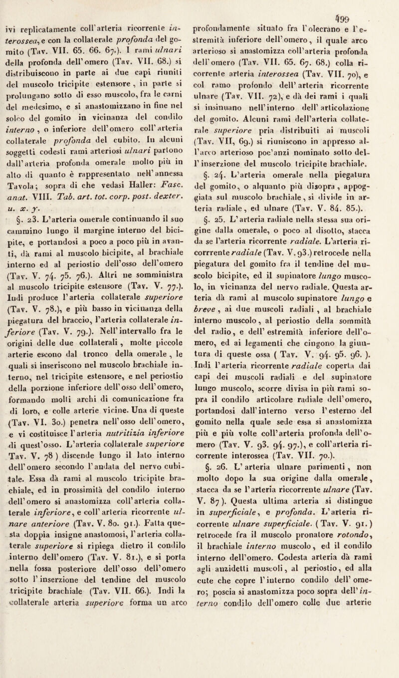 terassea, e con la collaterale profonda del go¬ mito (Tav. VII. 65. 66. 67.). I rami ulnari della profonda dell’omero (Tav. VII. 68.) si distribuiscono in parte ai due capi riuniti dei muscolo tricipite estensore , in parte si prolungano sotto di esso muscolo, fra le carni del medesimo, e si anastomizzano in fine nel solco del gomito in vicinanza del condilo interno , o inferiore dell’omero coll’arteria collaterale profonda del cubito. In alcuni soletti codesti rami arteriosi ulnari partono dall’arteria profonda omerale molto più in alto di quanto è rappresentato nell’annessa Tavola; sopra di che vedasi Haller: Fase, anat. Vili. Tab. art. tot. corp. post, dexter. u. x. y. §. 23. L’arteria omerale continuando il suo cammino lungo il margine interno del bici¬ pite, e portandosi a poco a poco più in avan¬ ti, dà rami al muscolo bicipite, al brachiale interno ed al periostio dell’osso dell’omero (Tav. V. 74. 75. 76.). Altri ne somministra al muscolo tricipite estensore (Tav. V. 77.). Indi produce l’arteria collaterale superiore (Tav. V. 78.), e più basso in vicinanza della piegatura del braccio, l’arteria collaterale in¬ feriore (Tav. V. 79.). Nell’intervallo fra le origini delle due collaterali , molte piccole arterie escono dal tronco della omerale , le quali si inseriscono nel muscolo brachiale in¬ terno, nel tricipite estensore, e nel periostio della porzione inferiore dell’osso dell’omero, formando molli archi di comunicazione fra di loro, e colle arterie vicine. Una di queste (Tav. VI. 3o.) penetra nell’osso dell’omero, e vi costituisce l’arteria nutritizia inferiore di quest’osso. L’arteria collaterale superiore Tav. V. 78 ) discende lungo il lato interno dell’omero secondo l’andata del nervo cubi¬ tale. Essa dà rami al muscolo tricipite bra¬ chiale, ed in prossimità del condilo interno dell’omero si anastomizza coll’arteria colla¬ terale inferiore, e coll’ arteria ricorrente ul¬ nare anteriore (Tav. V. 80. 91.). Fatta que¬ sta doppia insigne anastomosi, l’arteria colla¬ terale superiore si ripiega dietro il condilo interno dell’omero (Tav. V. 8.1.), e si porta nella fossa posteriore dell’osso dell’omero sotto l’inserzione del tendine del muscolo tricipite brachiale (Tav. VII. 66.). Indi la collaterale arteria superiore forma uo arco 499 stremilà inferiore dell’omero, il quale arco arterioso si anastomizza coll’arteria profonda dell’omero (Tav. VII. 65. 67. 68.) colla ri¬ corrente arteria interossea (Tav. VII. 70), e col ramo profondo dell’ arteria ricorrente ulnare (Tav. VII. 72), e dà dei rami i quali si insinuano nell’interno dell’articolazione del gomito. Alcuni rami dell’arteria collate¬ rale superiore pria distribuiti ai muscoli (Tav. VII, 69.) si riuniscono in appresso al¬ l’arco arterioso poc’anzi nominato sotto del- l’inserzione del muscolo tricipite brachiale. §. 24. L’arteria omerale nella piegatura del gomito, o alquanto più disopra , appog¬ giata sul muscolo brachiale, si divide in ar¬ teria radiale, ed ulnare (Tav. V. 84. 85.). §. 25. L’arteria radiale nella stessa sua ori¬ gine dalla omerale, o poco al disotto, stacca da se l’arteria ricorrente radiale. L’arteria ri- corrrenteradfa/e (Tav. V.93.)retrocede nella piegatura del gomito fra il tendine del mu¬ scolo bicipite, ed il supinatore lungo musco¬ lo, in vicinanza del nervo radiale. Questa ar¬ teria dà rami al muscolo supinatore lungo e breve , ai due muscoli radiali , al brachiale interno muscolo, al periostio della sommità del radio, e dell’estremità inferiore dell’o¬ mero, ed ai legamenti che cingono la giun¬ tura di queste ossa ( Tav. V. 94. 95. 96. ). Indi l’arteria ricorrente radiale coperta dai capi dei muscoli radiali e del supinatore lungo muscolo, scorre divisa in più rami so¬ pra il condilo articolare radiale dell’omero, portandosi dall’interno verso l’esterno del gomito nella quale sede essa si anastomizza più e più volte coll’arteria profonda dell’o¬ mero (Tav. V. 93. 94. 97.), e coll’arteria ri¬ corrente interossea (Tav. VII. 70.). §. 26. L’arteria ulnare parimenti , non molto dopo la sua origine dalla omerale, stacca da se l’arteria riccorrente ulnare (Tav. V. 87 ). Questa ultima arteria si distingue in superficiale, e profonda. L’arteria ri¬ corrente ulnare superficiale. (Tav. V. 91.) retrocede fra il muscolo pronatore rotondo, il brachiale interno muscolo, ed il condilo interno dell’omero. Codesta arteria dà rami agli auzidetti muscoli, al periostio, ed alla cute che copre l’interno condilo dell’ome¬ ro; poscia si anastomizza poco sopra dell’m- terno condilo dell’omero colle due arterie