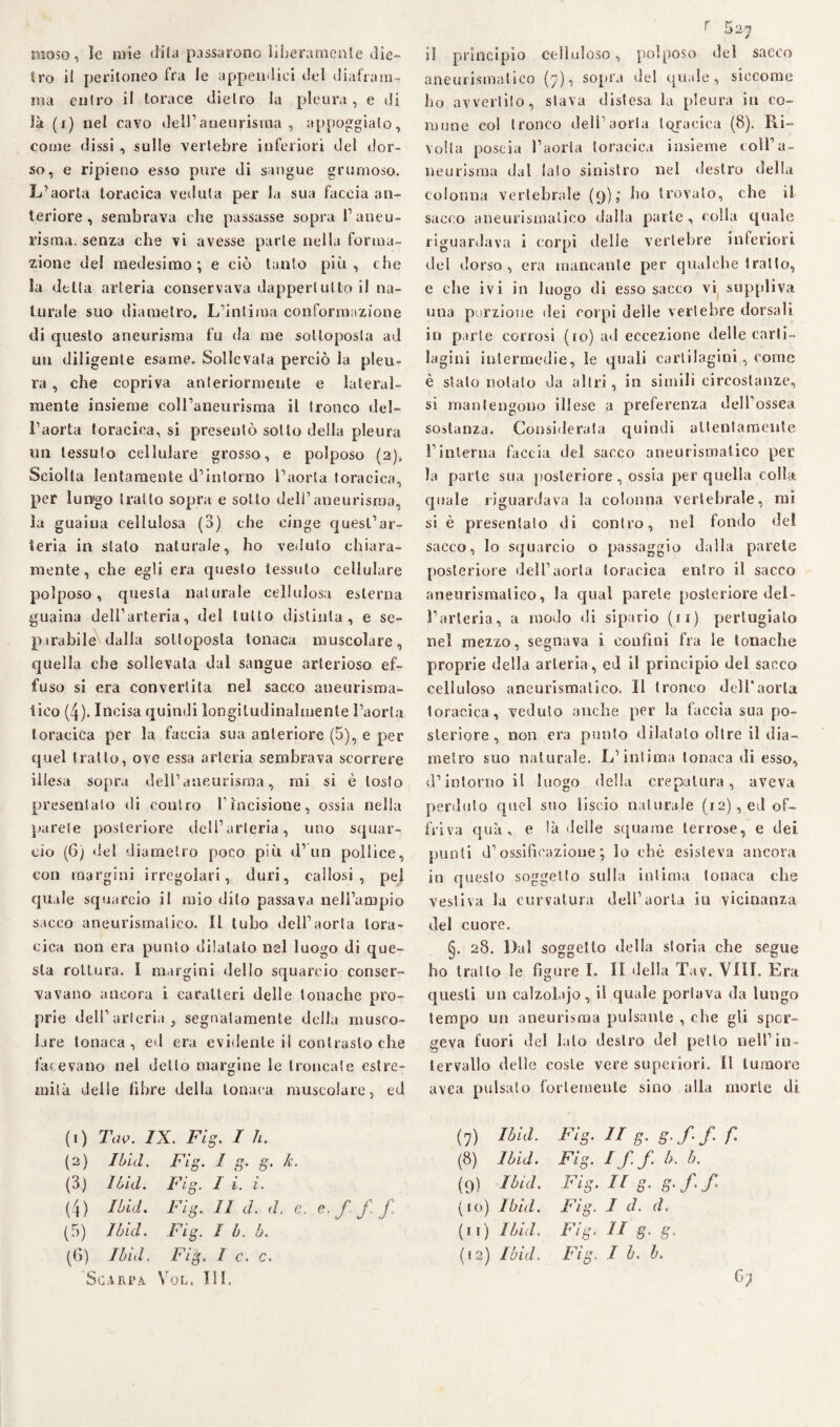 moso, le mie dita passarono liberamente die- Irò i! peritoneo fra le appendici del diafram¬ ma entro il torace dietro la pleura, e di ìà (r) nel cavo dell’aneurisma , appoggiato, come dissi , sulle vertebre inferiori del dor¬ so, e ripieno esso pure di sangue grumoso. L’aorta toracica veduta per la sua faccia an¬ teriore , sembrava che passasse sopra F aneu¬ risma. senza che vi avesse parte nella forma¬ zione de! medesimo; e ciò tanto più, che !a detta arteria conservava dappertutto il na¬ turale suo diametro. L’intima conformazione di questo aneurisma fu da me sottoposta ad un diligente esame. Sollevata perciò la pleu¬ ra , che copriva anteriormente e lateral¬ mente insieme coll’aneurisma il tronco del¬ l’aorta toracica, si presentò sotto della pleura un tessuto cellulare grosso, e polposo (2). Sciolta lentamente d’intorno l’aorta toracica, per lungo tratto sopra e sotto dell’aneurisma, la guaina cellulosa (3) che cinge quest’ar¬ teria in stato naturale, ho veduto chiara¬ mente, che egli era questo tessuto cellulare polposo, questa naturale cellulosa esterna guaina dell’arteria, del lutto distinta, e se¬ parabile dalla sottoposta tonaca muscolare, quella che sollevata dal sangue arterioso ef¬ fuso si era convertita nel sacco aneurisma¬ tico (4). Incisa quindi longitudinalmente l’aorta toracica per la faccia sua anteriore (5), e per quel tratto, ove essa arteria sembrava scorrere illesa sopra dell’aneurisma, mi si è tosto presentalo di contro F incisione, ossia nella parete posteriore dell’arteria, uno squar¬ cio (6) dei diametro poco più d’un pollice, con margini irregolari, duri, callosi, pel quale squarcio il mio dito passava nell’ampio sacco aneurismatico. Il tubo dell’aorta tora¬ cica non era punto dilatato nel luogo di que¬ sta rottura. I margini dello squarcio conser¬ vavano ancora i caratteri delle tonache pro¬ prie dell’arteria, segnatamente della musco¬ lare tonaca, ed era evidente i! contrasto che facevano nel detto margine le troncale estre¬ mità delle libre della tonaca muscolare, ed (1) Tav. IX. Fig. I h. (2) Ibid. Fig. I g. g. k. (3.) Ibid. Fig. I i. i. (4) Ibid. Fig. Il a. <1. e. e.ff.f (5) Ibid. Fig. I h. b. (6) Ibid. Fig. le. e. Scarpa Yol. HI. r 527 il principio celluloso, polposo del sacco aneurismatico (7), sopra del quale, siccome ho avvertilo, slava distesa la pleura iu co¬ mune col tronco dell’aorta toracica (8). Pu- volla poscia l’aorta toracica insieme toll’a- neurisma dal lato sinistro nel destro della colonna vertebrale (9); ho trovalo, che il sacco aneurismatico dalla parte, colla quale riguardava i corpi delle vertebre inferiori del dorso, era mancante per qualche tratto, e che ivi in luogo di esso sacco vi suppliva una porzione dei corpi deile vertebre dorsali in parte corrosi (io) ad eccezione delle carti¬ lagini intermedie, le quali cartilagini, come è stalo notato da altri, in simili circostanze, si mantengono illese a preferenza dell’ossea sostanza. Considerata quindi attentamente l’interna faccia del sacco aneurismatico per la parte sua posteriore, ossia per quella colla quale riguardava la colonna vertebrale, mi si è presentalo di contro, nel fondo del sacco, lo squarcio o passaggio dalla parete posteriore dell’aorta toracica entro il sacco aneurismatico, la qual parete posteriore del¬ l’arteria, a modo di sipario (n) pertugialo nel mezzo, segnava i confini fra le tonache proprie della arteria, ed il principio del sacco celluloso aneurismatico. Il tronco dell'aorta toracica, veduto anche per la faccia sua po¬ steriore, non era punto dilatato oltre il dia¬ metro suo naturale. L’intima tonaca di esso, d’intorno il luogo della crepatura, aveva perduto quel suo liscio naturale (12), ed of¬ friva qua, e là delle squame terrose, e dei punti d’ossificazione ; lo che esisteva ancora in questo soggetto sulla intima tonaca che vestiva la curvatura dell’aorta in vicinanza del cuore. §. 28. Dal soggetto della storia che segue ho tratto le Figure I. II della Tav. Vili. Era questi un calzolajo, il quale portava da lungo tempo un aneurisma pulsante , che gli spor¬ geva fuori del lato destro del petto nell’in¬ tervallo delle coste vere superiori. Il tumore avea pulsato fortemente sino alla morie di (7) Ibid. Fig. II 8- §■, ff f- (8) Ibid. Fig. Iff <>■ b. (9) Ibid. Fig. II 8- 8- f-f (IO ) Ibid. Fig. 1 d. d. (u ) Ibid. Fig. II S> 8■ (12 ) Ibid. 1? 1 <> I b. b. C?
