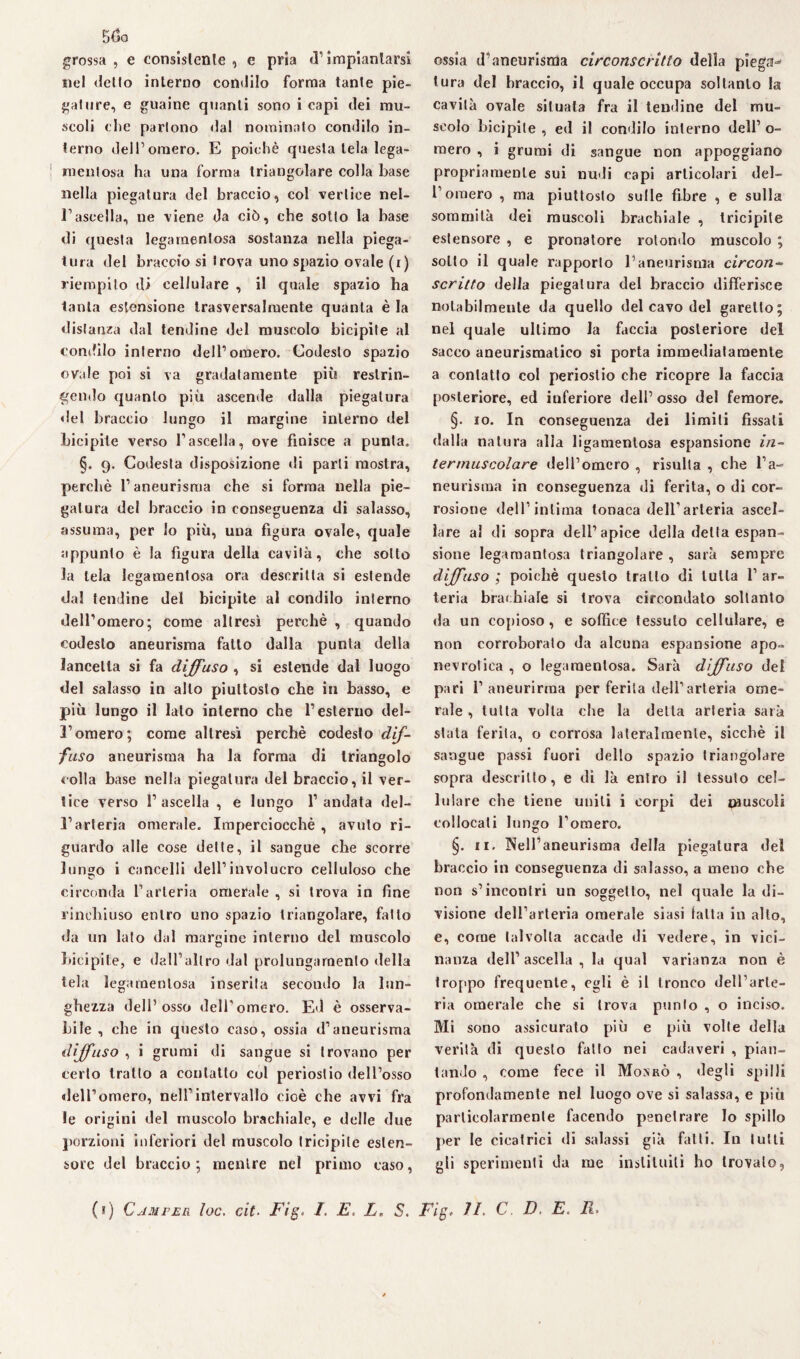 5(5o grossa , e consistente , e pria d’impiantarsi nel dello interno condilo forma tante pie¬ gature, e guaine quanti sono i capi dei mu¬ scoli die partono dal nominato condilo in¬ terno dell’omero. E poiché questa tela lega- mentosa ha una forma triangolare colla base nella piegatura del braccio, col vertice nel¬ l’ascella, ne viene da ciò, che sotto la base di questa legamenlosa sostanza nella piega¬ tura del braccio si trova uno spazio ovale (i) riempilo di cellulare , il quale spazio ha tanta estensione trasversalmente quanta è la distanza dal tendine del muscolo bicipite al condilo interno dell’omero. Codesto spazio ovale poi si va gradatamente più restrin¬ gendo quanto più ascende dalla piegatura del braccio lungo il margine interno del bicipite verso l’ascella, ove finisce a punta. §. 9. Codesta disposizione di parli mostra, perché l’aneurisma che si forma nella pie¬ gatura del braccio in conseguenza di salasso, assuma, per Io più, una figura ovale, quale appunto è la figura della cavità, che sotto la tela legamenlosa ora descritta si estende dal tendine del bicipite al condilo interno dell’omero; come altresì perchè , quando codesto aneurisma fatto dalla punta della lancetta si fa diffuso , si estende dal luogo del salasso in allo piuttosto che in basso, e più lungo il lato interno che l’esterno del¬ l’omero; come altresì perchè codesto dif¬ fuso aneurisma ha la forma di triangolo colla base nella piegatura del braccio, il ver¬ tice verso 1’ ascella , e lungo 1’ andata del¬ l’arteria omerale. Imperciocché , avuto ri¬ guardo alle cose dette, il sangue che scorre lungo i cancelli dell’involucro celluloso che circonda l’arteria omerale , si trova in fine rinchiuso entro uno spazio triangolare, fitto da un lato dal margine interno del muscolo bicipite, e daU’allro dal prolungamento della tela legamenlosa inserita secondo la lun¬ ghezza dell’osso dell’omero. Ed è osserva¬ bile , che in questo caso, ossia d’aneurisma diffuso , i grumi di sangue si trovano per certo tratto a contatto col periostio dell’osso dell’omero, nell’intervallo cioè che avvi fra le origini del muscolo brachiale, e delle due porzioni inferiori del muscolo tricipite esten¬ sore del braccio; mentre nel primo caso, ossia d’aneurisma circonscritlo della piega¬ tura del braccio, il quale occupa soltanto la cavità ovale situala fra il tendine del mu¬ scolo bicipite , ed il condilo interno dell’ o- mero , i grumi di sangue non appoggiano propriamente sui nudi capi articolari del¬ l’omero , ma piuttosto sulle fibre , e sulla sommità dei muscoli brachiale , tricipite estensore , e pronatore rotondo muscolo ; sotto il quale rapporto l’aneurisma circon¬ scritto della piegatura del braccio differisce notabilmente da quello del cavo del garello; nel quale ultimo la faccia posteriore del sacco aneurismatico si porta immediatamente a contatto col periostio che ricopre la faccia posteriore, ed inferiore dell’ osso del femore. §. io. In conseguenza dei limili fissali dalla natura alla liganientosa espansione in¬ termuscolare dell’omero , risulta , che l’a¬ neurisma in conseguenza di ferita, o di cor¬ rosione dell’intima tonaca dell'arteria ascel¬ lare al di sopra dell’apice della delta espan¬ sione legamantosa triangolare , sarà sempre diffuso ; poiché questo trailo di tutta 1’ ar¬ teria brachiale si trova circondato soltanto da un copioso, e soffice tessuto cellulare, e non corroborato da alcuna espansione apo» nevrotica , o legaraentosa. Sarà diffuso del pari 1’aneurirma per ferita dell’arteria ome¬ rale , tutta volta che la delta arteria sarà stata ferita, o corrosa lateralmente, sicché il sangue passi fuori dello spazio triangolare sopra descritto, e di là entro il tessuto cel¬ lulare che tiene uniti i corpi dei muscoli collocati lungo l’omero. §. 11. Nell’aneurisma della piegatura del braccio in conseguenza di salasso, a meno che non s’incontri un soggetto, nel quale la di¬ visione dell’arteria omerale siasi latta in alto, e, come talvolta accade di vedere, in vici¬ nanza dell’ascella, la qual varianza non è troppo frequente, egli è il tronco dell’arte¬ ria omerale che si trova punto , o inciso. Mi sono assicurato più e più volte della verità di questo fallo nei cadaveri , pian¬ tando , come fece il Monrò , degli spilli profondamente nel luogo ove si salassa, e più particolarmente facendo penetrare Io spillo per le cicatrici di salassi già fatti. In lutti gli sperimenti da me inslituili ho trovalo,