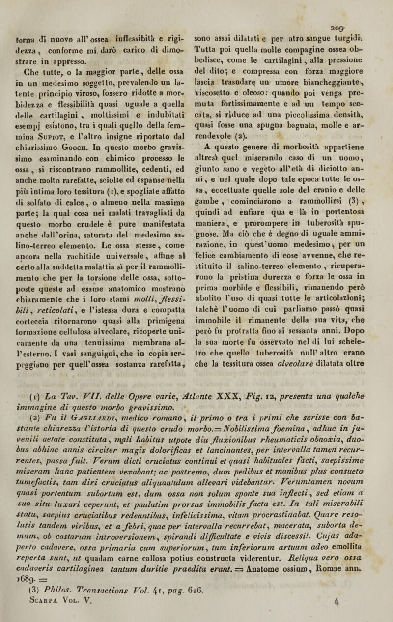 dezza , conforme mi darò carico di dimo¬ strare in appresso. Che tutte, o la maggior parte, delle ossa rn un medesimo soggetto, prevalendo un la¬ tente principio viroso, fossero ridotte a mor¬ bidezza e flessibilità quasi uguale a quella delle cartilagini , moltissimi e indubitati esempj esistono, tra i quali quello della fem¬ mina SupioT, e l’altro insigne riportato dal chiarissimo Gooch. In questo morbo gravis¬ simo esaminando con chimico processo le ossa , si riscontrano rammollite, cedenti, ed anche molto rarefatte, sciolte ed espanse nella più intima loro tessitura (i),e spogliale affatto di solfalo di calce , o almeno nella massima parte; la qual cosa nei malati travagliati da questo morbo crudele è pure manifestata anche dall’orina, saturata del medesimo sa¬ lino-terreo elemento. Le ossa stesse, come ancora nella rachitide universale, affine al certo alla suddetta malaltia sì per il rammolli¬ mento che per la torsione delle ossa, sotto¬ poste queste ad esame anatomico mostrano chiaramente che i loro stami molli, flessi¬ bili , reticolati, e l’istessa dura e compatta corteccia ritornarono quasi alla primigena formazione cellulosa alveolare, ricoperte uni¬ camente da una tenuissima membrana al¬ l’esterno. I vasi sanguigni, che in copia ser¬ peggiano per quell’ossea sostanza rarefatta. 209 Tutta poi quella molle compagine ossea ob¬ bedisce, come le cartilagini, alla pressione del dito; e compressa con forza maggiore lascia trasudar^ un umore biancheggiante, viscosetto e oleoso: quando poi venga pre¬ muta fortissimamente e ad un tempo sec¬ cata, si riduce ad una piccolissima densità, quasi fosse una spugna bagnata, molle e ar¬ rendevole (2). A questo genere di morbosità appartiene altresì quel miserando caso di un uomo, giunto sano e vegeto all’età di diciolto an¬ ni , e nel quale dopo tale epoca tulle le os¬ sa, eccettuate quelle sole del cranio e delle gambe , cominciarono a rammollirsi (3) , quindi ad enfiare qua e là in portentosa maniera, e prorompere in tuberosità spu¬ gnose. Ma ciò che è degno di uguale ammi¬ razione, in quest’uomo medesimo, per un felice cambiamento di cose avvenne, che re¬ stituito il salino-terreo elemento , ricupera¬ rono la pristina durezza e forza le ossa in prima morbide e flessibili, rimanendo però abolito l’uso di quasi tutte le articolazioni; talché l’uomo di cui parliamo passò quasi immobile il rimanente della sua vita, che però fu protratta fino ai sessanta anni. Dopo la sua morte fu osservato nel di lui schele¬ tro che quelle tuberosità nuli’ altro erano che la tessitura ossea alveolare dilatata oltre (1) La Tav. VII. delle Opere varie, Atlante XXX, Fig. 12, presenta una qualche immagine di questo morbo gravissimo. (2) Fu il Gagliardi, medico romano, il primo o tra i primi che scrisse con ba¬ stante chiarezza Vistoria di questo crudo morbo. —Nobilissima foemina, adhuc in ju- venili aerate constituta, mpli habitus utpote diu Jluxionibus rheumaticis obnoxia, duo- bus abbine annis circiter magis dolorijicas et l uncinante s, per intervalla tamen recur- rentes, passa fuit. Verum dicti cruciatus continui et quasi habituales facti, saepissime miseram liane patientem vexabant; ac postremo, dum pedibus et manibus plus consueto tumejactis, tam diri cruciatus aliquanlulum allevari videbantur. V?rumtamen novum quasi portentum subortum est, dum ossa non solum sponte sua injlecti, sed etiam a suo situ luxari ceperunt, et paulatim prorsus immobilis facta est. In tali miserabili statu, saepius cruciatibus redeuntibus, infelicissima, vitarn procrastinabat. Quare reso- lutis tandem vi ribus, et a Jebri, qua e per intervalla recurrebat, macerata, suborta de¬ mani, ob costarum introversionem, spirandi dijjicultate e vivis discessit. Cujus ada- perto cadavere, ossa primaria cum superiorum, tum inferiorum artuum adeo emollita reperto sunt, ut quadam carne callosa potius constructa viderentur. Reliqua vero ossa cadaveris cartilaginea tantum duritie praedita erant. = Anatome ossium, Romae ann. 1689. = (3) Philos. Transactions Voi. pag 6i6v Scarpa Vol. V. 4