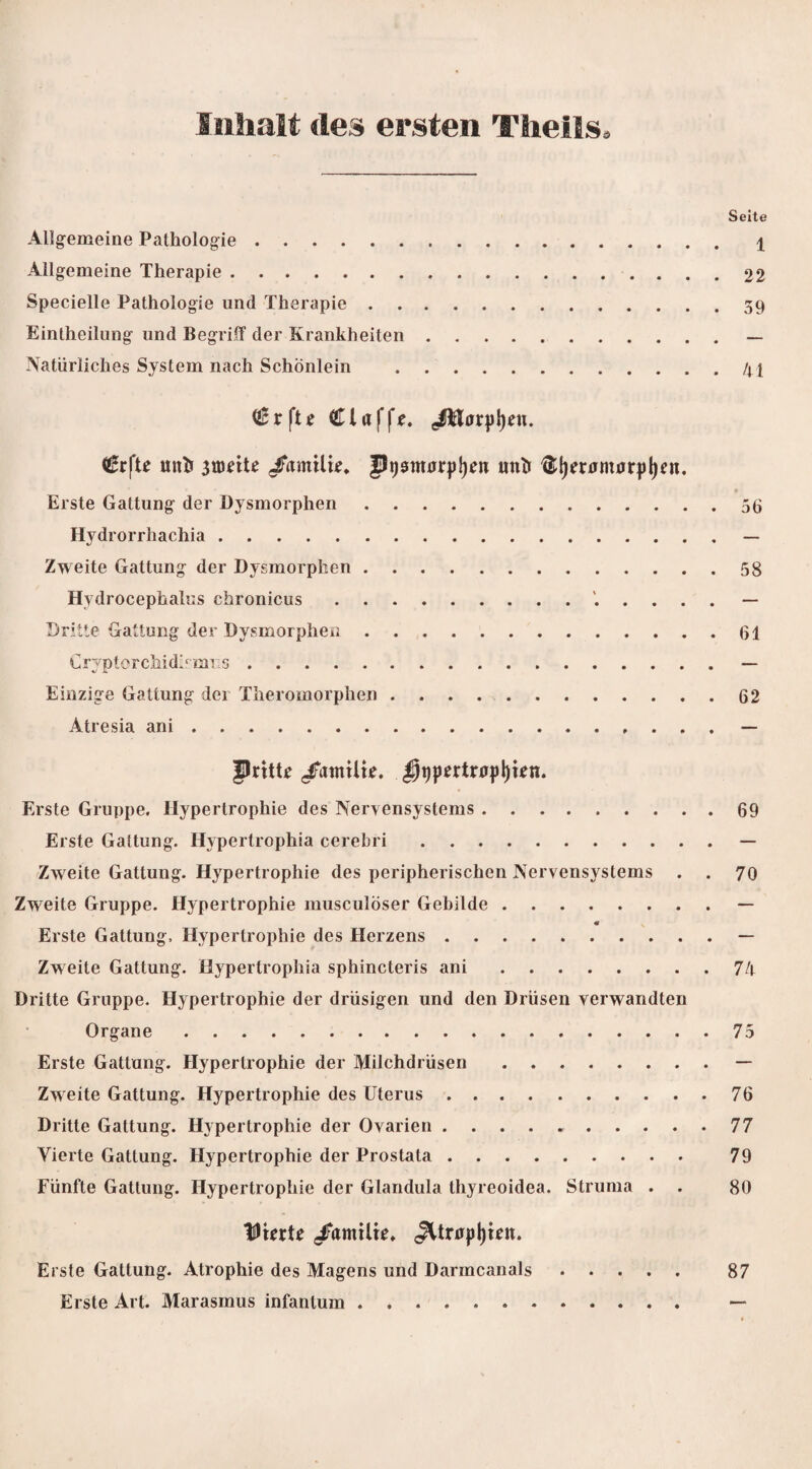 Inhalt des ersten Theils Seite Allgemeine Pathologie. \ Allgemeine Therapie.22 Specielle Pathologie und Therapie.39 Eintheilung und Begriff der Krankheiten.— Natürliches System nach Schönlein .41 (grfte mtfc atö^tte ßnmxiiz. jfystmrrpfyen untr ^jjemmurpfjen. Erste Gattung der Dysmorphen.5ß Hydrorrhachia.— Zweite Gattung der Dysmorphen.58 Hydrocephalus chronicus.— Dritte Gattung der Dysmorphen.61 CryptorchidlsmiiS.— Einzige Gattung der Theromorphen.62 Atresia ani.— PritU tropften. Erste Gruppe. Hypertrophie des Nervensystems.69 Erste Gattung. Hvpertrophia cerebri.— Zweite Gattung. Hypertrophie des peripherischen Nervensystems . . 70 Zweite Gruppe. Hypertrophie musculöser Gebilde.— « Erste Gattung. Hypertrophie des Herzens.— Zweite Gattung, ilypertropliia sphincteris ani.74 Dritte Gruppe. Hypertrophie der drüsigen und den Drüsen verwandten Organe.75 Erste Gattung. Hypertrophie der Milchdrüsen.— Zweite Gattung. Hypertrophie des Uterus.76 Dritte Gattung. Hypertrophie der Ovarien ..77 Vierte Gattung. Hypertrophie der Prostata. 79 Fünfte Gattung. Hypertrophie der Glandula thyreoidea. Struma . . 80 HHerte /amtlie. JVtrirpl)tett. Erste Gattung. Atrophie des Magens und Darmcanals. 87 Erste Art. Marasmus infantum. —