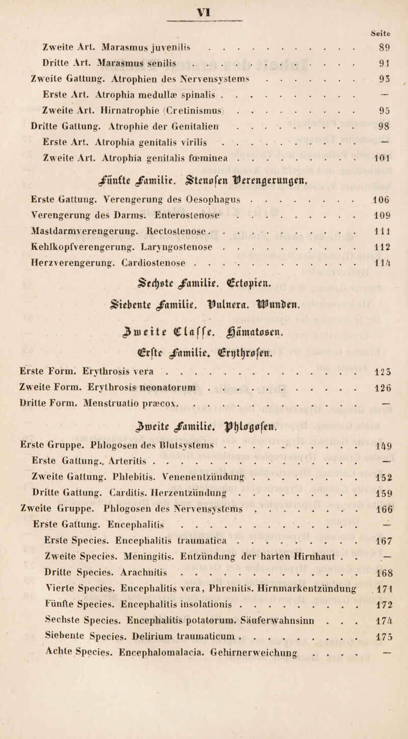 Seite Zweite Art. Marasmus juvenilis. 89 Dritte Art. Marasmus senilis. 91 Zweite Gattung. Atrophien des Nervensystems. 93 Erste Art. Atrophia medullae spinalis. — Zweite Art. Hirnatrophie (Cretinismus). 95 Dritte Gattung. Atrophie der Genitalien. 98 Erste Art. Atrophia genitalis virilis. — Zweite Art. Atrophia genitalis foerainea.101 fünfte /iuntlte. ^tenofen tUmugenutgen, Erste Gattung. Verengerung des Oesophagus. 106 Verengerung des Darms. Enterostenose. 109 Mastdarmverengerung. Rectoslenose. lll Kehlkopfverengerung. Laryngostenose.112 Herzverengerung. Cardiostenose . . .. 11/t /itmiite. (getagten. j&tebente /itmtUe. Aulnern. Hlunbeii. <3tnetfe (Ciaffe. Damatasett. (gr|te jfrtmilit’, (grtjttyrflfett. Erste Form. Erythrosis vera.125 Zweite Form. Erythrosis neonatorum.126 Dritte Form. Menstruatio praecox. — Zweite ^anulte. JJjjlugafen. Erste Gruppe. Phlogosen des Blutsystems ..149 Erste Gattung.. Arteritis. — Zweite Gattung. Phlebitis. Venenentzündung.152 Dritte Gattung. Cardilis. Herzentzündung. 159 Zweite Gruppe. Phlogosen des Nervensystems ,.166 Erste Gattung. Encephalitis. — Erste Species. Encephalitis traumatica.167 Zweite Species. Meningitis. Entzündung der harten Hirnhaut . . — Dritte Species. Arachnitis.168 Vierte Species. Encephalitis vera, Phrenitis. Hirnmarkentzündung 171 Fünfte Species. Encephalitis insolationis.172 Sechste Species. Encephalitis potatorum. Säuferwahnsinn . . . 174 Siebente Species. Delirium traumaticum.175 Achte Species. Encephaloraalacia. Gehirnerweichung .... —