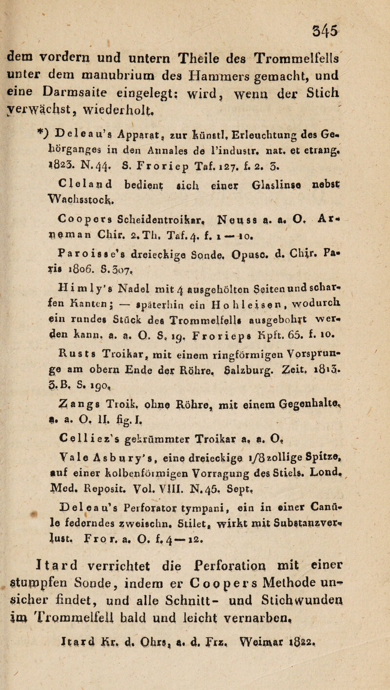 * « detn vordem und untern Theile des Trommelfells unter dem manuhrium des Hammers gemacht, und eine Darmsaite eingelegt; wird, wenn der Stich verwächst, wiederholt, *) D eie au’ s Apparat, zur künstl, Erleuchtung des Ge« Vorganges in den Annaies de l’industr. nat. et etrang. »823. N.44. S. Froriep Taf. 127. f. 2. 5. Cleland bedient sich einer Glaslinse nebst Wachsstock. Cooper9 Scheidentroikar, Neuss a. a« O. Ar« xieman Chir. 2,Th. Taf.4. f. 1—10. Paroisse1 s dreieckige Sonde. Opusc. d. Ch|r. Pa¬ ris 1806. S.307, Him ly’8 Nadel mit 4 ausgehölton Seiten und schar« fen Kanten; — späterhin ein Hohleisen, wodurch ein rundes Stück des Trommelfells ausgebohrt wer« den kann. a. a. O. S, 19. Frorieps Kpft. 65. f. 10. Rusts Troikar, mit einem ringförmigen Vorsprun¬ ge am obern Ende der Röhre, Salzburg. Zeit, 18»3* 3. B, S, 190, Z angs Troik, ohne Röhre, mit einem Gegenhalte, 9* a. O. II. fig. I, Celliez’s gekrümmter Troikar a, a. O, ValeAsbury’s, eine dreieckige 1/8zöllige Spitze, auf einer kolbenfötmigen Vorragung des Stiels. Lond* Med. Reposit. Vol. VIII. N.45. Sept, Deleau’s Perforator tympani, ein in einer Canä¬ le federndes zweischn. Stilet, wirkt mit Substanzver«? Just, Fror. a. O. f. 4—12. Jtard verrichtet die Perforation mit einer Stumpfen Sonde, indem er Coopers Methode un^ sicher findet, und alle Schnitt- und Stichwunden im Trommelfell bald und leicht vernarben, Jtard Kr. cU Öhr», a. d. Fr*, Weimar 1822,