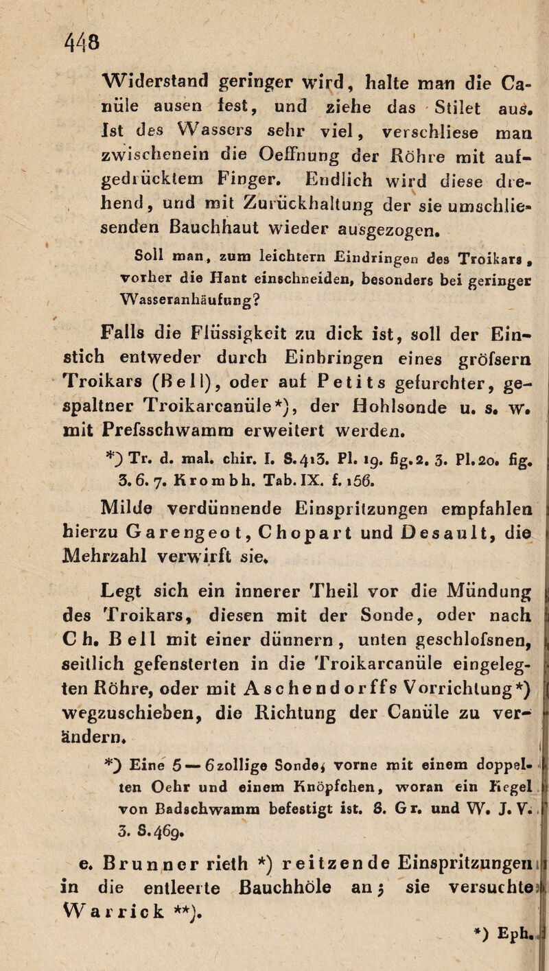 Widerstand geringer wird, halte man die Ca- nüle ausen lest, und ziehe das Siilet aus. Ist des Wassers sehr viel, verschliese man zwischenein die Oeffhung der Röhre mit auf- gedrücktem Finger. Endlich wird diese dre¬ hend , und mit Zurückhaltung der sie umschiie- senden Bauchhaut wieder ausgezogen. Soll man, zum leichtern Eindringen des Troikars, vorher die Jlant einschneiden, besonders bei geringer Wasseranhäufung? Falls die Flüssigkeit zu dick ist, soll der Ein¬ stich entweder durch Einbringen eines gröfsern Troikars (Bell), oder auf Petits gefurchter, ge- spaltner Troikarcanüie*), der Hohlsonde u. s, w. mit Prefsschwamm erweitert werden. Tr. d. mal. chir. I. S.4»3. Pl. 19. fig.2, 3. Pl.2o. ßg* i 3. 6. 7. Kroiribh. Tab. IX. f. 166. Milde verdünnende Einspritzungen empfahlen j hierzu Garengeo t, Chopart und Desault, die | Mehrzahl verwirft sie. Legt sich ein innerer Theil vor die Mündung j; des Troikars, diesen mit der Sonde, oder nach | C h. Bell mit einer dünnem, unten geschlofsnen, i, seitlich gefensterten in die Troikarcanüie eingeleg- | ten Röhre, oder mit Aschendorffs Vorrichtung*) I wegzuschieben, die Richtung der Canüle zu ver- - ändern. Eine 5 — 6zollige Sonde* vorne mit einem doppel- l j ten Oehr und einem Knöpfchen, woran ein Kegel I von Badschwamm befestigt ist. S. G r. und W. J. V. , | 3. 8.469. e. Brunner rieth *) reitzende Einspritzungen 1 in die entleerte ßauchhöle an 5 sie versuchte * W a 1 ric k **). I *) Eph, i