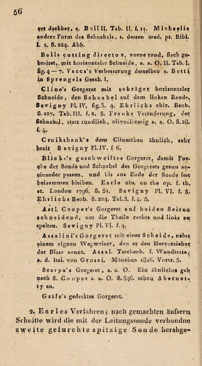 ■/T: ' ' \ V , ,,■1 ^ ,... - . . \, i ' «ret deckbar, s. S oll II. Tab. II. I. 11. Michaelis andere Form de» Schnabels, s. dessen med. pr. Bibi. I. 2. S. 224. Abb. Beils cutting directo t, vorne rund, flach ge¬ breitet,, mit horizontaler Schneide, a. a. O. II. Tab. J. fe.4-7. Vflcca’s Verbesserung des&elbep §. Betti in Sprengel» Gescb- I. Clines Gorgeret mit schräger horizontaler Schneide, den Schnabel auf dem linken Rande* Sstvigny FL IV. flg.5. 4» Ehrlichs chir. Beob. S. 227, Tab. HI. f. 2. 5. Franks Veränderung, der Schnabel, statt rundlich, oHyeuförmig a. a. O. S.28. t 4. Cruikshank’s dem Clinescben ähnlich, «ehr 1 breit 8 ayigny Pl.IV. f 6. Blickc’s geschweiftes Gorgeret, damit For¬ che der Sonde und Schnabel des Gorgeret« genau an¬ einander passen, und bis «ns Endo der Sonde fest beisammen bleiben. Earle obs. 021 the op. f. th. st. London 1796. $• 5i. Savigny Pl. VI. f. 5, Ehrlich« Beob. 8. 224. Taf.5. f.4« 5, \ - f' : ' Asti. Goopet’s Gorgeret auf beiden SeitQit schneidend, um die Theila rechts und links sa spalten. Ssvigny PL VI. f.4» Assalin Fe Gorgeret mit einer Scheide, nebst einem eignen Wegweiser, den er den Heryorzieher der Blase nennt, Aß®ah Taschenb. f. Wundärzte«- ■> . s \ a. d. ItaL von Grossi. München 1816. Vortr. 5. ' •' >’ • ' X ' 1 •- Scarpe’s Gorgejet, a. a. O. Ein ähnliche« gab nach 8. Go oper a. a. O. 8.646. schosj Abernot- ty an. Gräfe's gedecktes Gorgeret. t 2* Earl es Verfahren; nach gemachten äufserti Schnitte wird die mit der Leitungssonde verbundne zweite gefurchte spitzige S on de herabge- 1