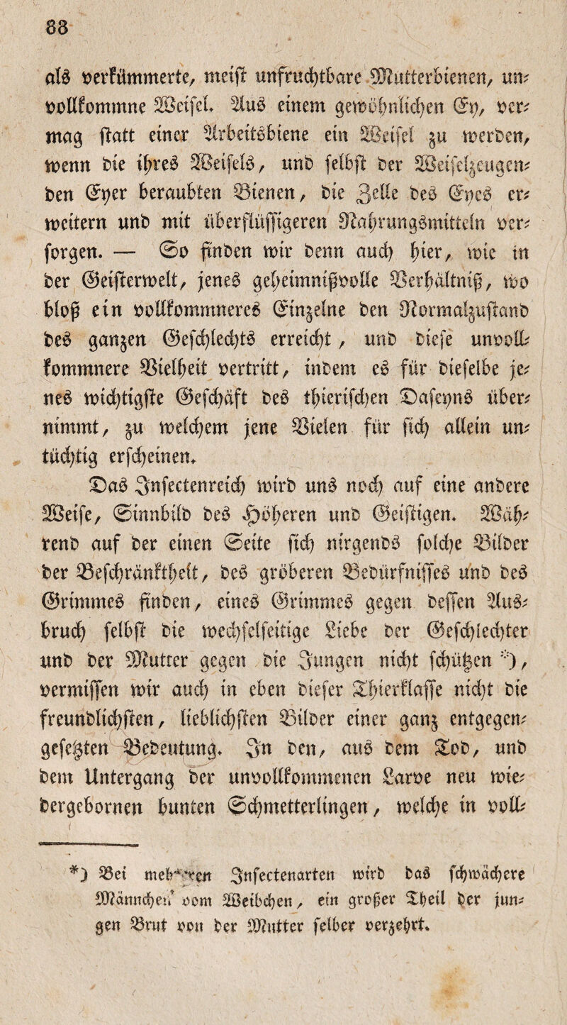 83 alb uerfümmerte, meift unfruchtbare SRutterbienen, um nollfommne Söeifel %u$ einem gembfmiid)en (St), oer; mag jlatt einer drbeitbbiene ein SBeifef §u werben, wenn bie i^reö SBetfelb, unb felbjl ber SBeifeljeugen* ben 69er beraubten Sienen, bie QeUe beb ©geb er; weitern unb mit überflüffigeren 31al)rungbmitteln oer; forgen. — ©o finben mir benn aud) fyitv,. wie in ber ©eijlerwelt, jeneb get>eimnißt>oUe Serbaltnif, Wo bloß ein ttöllfommnereb (Singeine ben Slormaljuftonb beb ganjen @efd)lecbtb erreicht , unb tiefe unoolk fommnere Sielbeit vertritt, inbem eb für biefelbe je; neb wid)rigjte ©efdjcift beb tbierifd)en ©afe*)nb über; nimmt, gu welchem jene Sielen für ftd; allein un; tüchtig erfd)einem ©ab 3nfectenreid) wirb unb ned) auf eine anbere SSeife, ©innbilb beb Roheren unb ©eifrigen* 2Bak renb auf ber einen ©eite fich nirgenbb foldje Silber ber Sefchränfthelt, beb gröberen Sebürfntjfeb unb beb ©rimmeb finben, etneb ©rimmeb gegen bejfen 5lub; bruch felbjl bie medjfelfetrige Siebe ber ©efdjled)ter unb ber SRutrer gegen bie jungen nicht fd)ü|en , oermtffen mir aud) in eben btefer Sbterflaffe nicht bie freunblichflen, lieblichflen Silber einer ganj entgegen; gefegten Sebeutung* 3n ben, aub bem Sob, unb bem Untergang ber unvollkommenen Sarve neu wie; bergebornm bunten ©chmetterlingen, meid)? in voll; i ' . *) 33et mefr^eit 3tifectertartert wtrb baö fcbwacfyere EJigtwcfyen x>cm äßetbcfyen, ein großer ©fretl ber jutt* gen 93rut m\ ber Butter felber »er$e&tf*