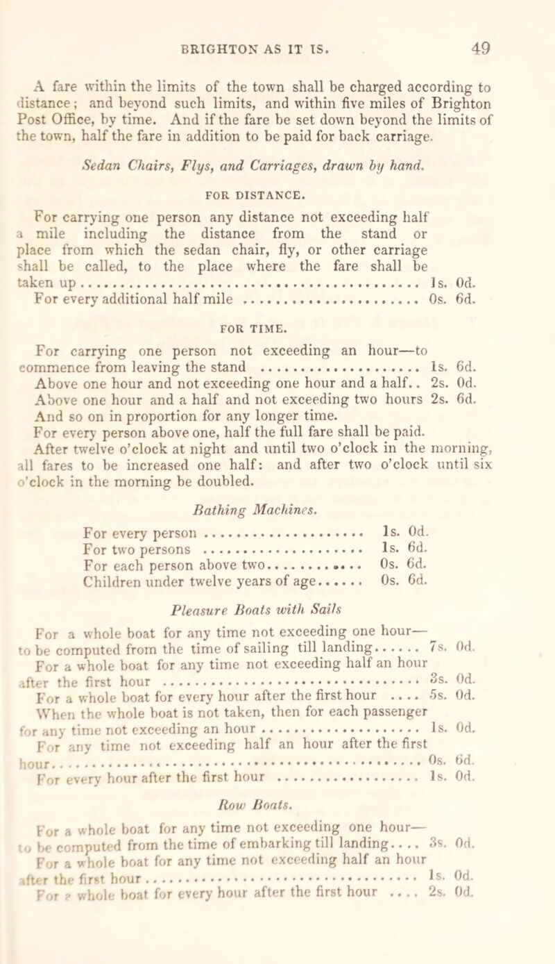 A fare within the limits of the town shall be charged according to distance; and beyond such limits, and within five miles of Brighton Post Office, by time. And if the fare be set down beyond the limits of the town, half the fare in addition to be paid for back carriage. Sedan Chairs, Flys, and Carriages, drawn by hand. FOR DISTANCE. For carrying one person any distance not exceeding half a mile including the distance from the stand or place from which the sedan chair, fly, or other carriage shall be called, to the place where the fare shall be taken up. Is. Od. For every additional half mile . Os. 6d. FOR TIME. For carrying one person not exceeding an hour—to commence from leaving the stand . Is. 6d. Above one hour and not exceeding one hour and a half.. 2s. Od. Above one hour and a half and not exceeding two hours 2s. 6d. And so on in proportion for any longer time. For every person above one, half the full fare shall be paid. After twelve o’clock at night and until two o’clock in the morning, all fares to be increased one half: and after two o’clock until six o’clock in the morning be doubled. Bathing Machines. For every person. Is. Od. For two persons . Is. 6d. For each person above two.. Os. 6d. Children under twelve years of age. Os. 6d. Pleasure Boats with Sails For a whole boat for any time not exceeding one hour— to be computed from the time of sailing till landing. is. For a whole boat for any time not exceeding half an hour after the first hour . 3s. For a whole boat for every hour after the first hour - 5s. When the whole boat is not taken, then for each passenger for any time not exceeding an hour. Is. For any time not exceeding half an hour after the first hour. Os. For every hour after the first hour . Is. Row Boats. For a whole boat for any time not exceeding one hour— to be computed from the time of embarking till landing- 3s. Od. For a whole boat for any time not exceeding half an hour after the first hour. Is* Od. For ? whole boat for every hour after the first hour .... 2s. Od. Od. Od. Od. Od. 6d. Od.