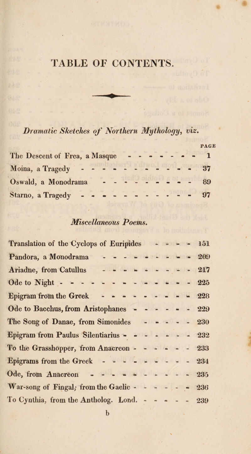 TABLE OF CONTENTS. Dramatic Sketches of Northern Mythology, viz. PAGE The Descent of Frea, a Masque ------- 1 Moina, a Tragedy ----------- 37 Oswald, a Monodrama --------- 89 Starno, a Tragedy - -- -- -- -- -- 97 Miscellaneous Poems. Translation of the Cyclops of Euripides - - - - 151 Pandora, a Monodrama ^ * 209 Ariadne, from Catullus --------- 217 Ode to Night - -- -- -- -- -- -- 225 Epigram from the Greek - -- -- -- -- 228 Ode to Bacchus, from Aristophanes ------ 229 The Song of Danae, from Simonides - - - - - 230 Epigram from Paulus Silentiarius ------- 232 To the Grasshopper, from Anacreon ------ 233 Epigrams from the Greek - -- -- -- -- 234 Ode, from Anacreon - -- -- -- -- - 235 War-song of Fingal,* from the Gaelic.- 236 To Cynthia, from the Antholog. Lond. ----- 239 b