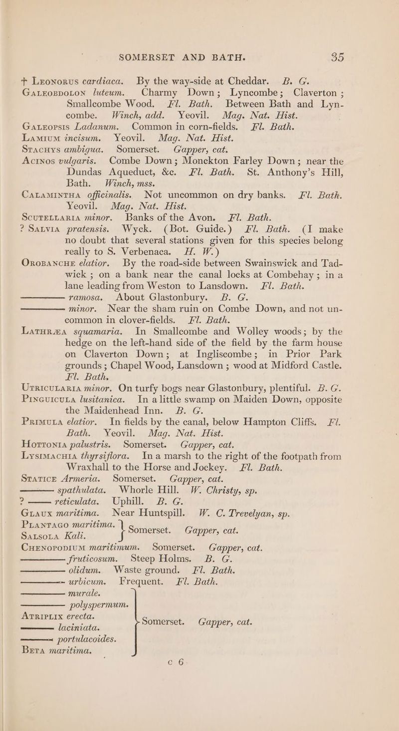 + Lzonorvs cardiaca. By the way-side at Cheddar. 2. G. GatEoppoLton luteum. Charmy Down; Lyncombe; Claverton ; Smalleombe Wood. 7. Bath. Between Bath and Lyn- combe. Winch, add. Yeovil. Mag. Nat. Hist. Gatrorsis Ladanum. Common in corn-fields. Fl. Bath. Lamium incisum. Yeovil. Mag. Nat. Hist. Sracuys ambigua. Somerset. Gapper, cat. Actnos vulgaris. Combe Down; Monckton Farley Down; near the Dundas Aqueduct, &. Fl. Bath. St. Anthony’s Hill, Bath. Winch, mss. CaALaMINTHA officinalis. Not uncommon on dry banks. Fl. Bath. Yeovil. Mag. Nat. Hist. Scuretitaria minor. Banks of the Avon. Fl. Bath. ? Satvia pratensis. Wyck. (Bot. Guide.) Fl. Bath. (I make no doubt that several stations given for this species belong really to S. Verbenaca. H. W.) OropancuE elatior. By the road-side between Swainswick and Tad- wick ; on a bank near the canal locks at Combehay ; in a lane leading from Weston to Lansdown. JF. Bath. ramosa. About Glastonbury. 2B. G. minor. Near the sham ruin on Combe Down, and not un- common in cloyer-fields. Fl. Bath. Laturzaa squamaria. In Smallecombe and Wolley woods; by the hedge on the left-hand side of the field by the farm house on Claverton Down; at Ingliscombe; in Prior Park grounds ; Chapel Wood, Lansdown ; wood at Midford Castle. Fl. Bath, Urricutaria minor. On turfy bogs near Glastonbury, plentiful. B. G. Pincuicuta lusitanica. In alittle swamp on Maiden Down, opposite the Maidenhead Inn. 2B. G. Privta elatior. In fields by the canal, below Hampton Cliffs. F/. Bath. Yeovil. Mag. Nat. Hist. Hortonta palustris. Somerset. Gapper, cat. Lysimacuia thyrsiflora. Ina marsh to the right of the footpath from Wraxhall to the Horse and Jockey. Fl. Bath. SraticE Armeria. Somerset. Gapper, cat. spathulata. Whorle Hill. W. Christy, sp. ? reticulata, Uphill. B. G. Griavux maritima. Near Huntspill. W. C. Trevelyan, sp. PLANTAGO maritima. Satsota Kali. CuHENoropIUM maritimum. Somerset. Gapper, cat. Sruticosum. Steep Holms. B. G. olidum. Waste ground. Fl. Bath. urbicum. Frequent. Fl. Bath. murale. ——— polyspermum. ATRIPLIX erecta. laciniata. portulacoides. Bera maritima. | Somerset Gapper, cat.