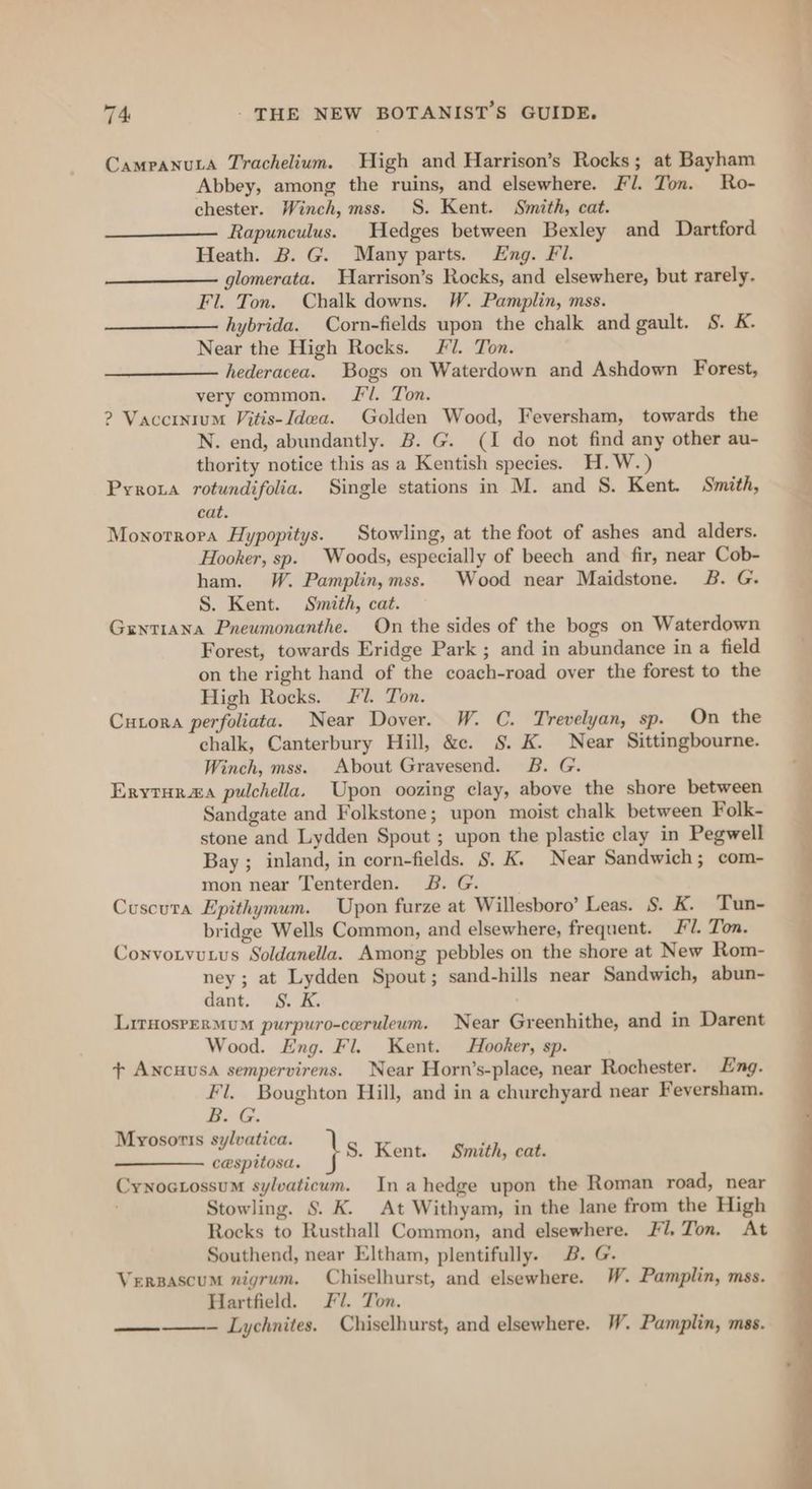 Campanuta Trachelium. High and Harrison’s Rocks; at Bayham Abbey, among the ruins, and elsewhere. Fl. Ton. Ro- chester. Winch, mss. S. Kent. Smith, cat. Rapunculus. Hedges between Bexley and Dartford Heath. B. G. Many parts. Eng. Fl. glomerata. Wiarrison’s Rocks, and elsewhere, but rarely. Fl. Ton. Chalk downs. W. Pamplin, mss. hybrida. Corn-fields upon the chalk and gault. S. K. Near the High Rocks. Fl. Ton. hederacea. Bogs on Waterdown and Ashdown Forest, very common. Jl. Ton. 2? Vaccinium Vitis-Idea. Golden Wood, Feversham, towards the N. end, abundantly. B. G. (I do not find any other au- thority notice this as a Kentish species. H.W. Prroua rotundifolia. Single stations in M. and S. Kent. Smith, cat. Monorrora Hypopitys. Stowling, at the foot of ashes and alders. Hooker, sp. Woods, especially of beech and fir, near Cob- ham. W. Pamplin,mss. Wood near Maidstone. B. G. S. Kent. Smith, cat. Guntiana Pneumonanthe. On the sides of the bogs on Waterdown Forest, towards Eridge Park ; and in abundance in a field on the right hand of the coach-road over the forest to the High Rocks. 7. Ton. Cutora perfoliata. Near Dover. W. C. Trevelyan, sp. On the chalk, Canterbury Hill, &amp;c. §. K. Near Sittingbourne. Winch, mss. About Gravesend. B. G. Erytur«a pulchella. Upon oozing clay, above the shore between Sandgate and Folkstone; upon moist chalk between Folk- stone and Lydden Spout ; upon the plastic clay in Pegwell Bay ; inland, in corn-fields. §. K. Near Sandwich; com- mon near Tenterden. JB. G. Cuscura Epithymum. Upon furze at Willesboro’ Leas. $8. K. Tun- bridge Wells Common, and elsewhere, frequent. Fl. Ton. Conxvotvutus Soldanella. Among pebbles on the shore at New Rom- ney; at Lydden Spout; sand-hills near Sandwich, abun- dant. §. K. LirnosrermuM purpuro-ceruleum. Near Greenhithe, and in Darent Wood. Eng. Fl. Kent. Hooker, sp. + Ancuusa sempervirens. Near Horn’s-place, near Rochester. Eng. Fl. Boughton Hill, and in a churehyard near Feversham. B. G. Myosots sylvatica. cespitosa. nf S. Kent. Smith, cat. Cynoctossum sylvaticum. Ina hedge upon the Roman road, near Stowling. 8. K. At Withyam, in the lane from the High Rocks to Rusthall Common, and elsewhere. Fl, Ton. At Southend, near Eltham, plentifully. 2B. G. Verpascum nigrum. Chiselhurst, and elsewhere. W. Pamplin, mss. Hartfield. Fl. Ton. —-——- Lychnites. Chiselhurst, and elsewhere. W. Pamplin, mss.