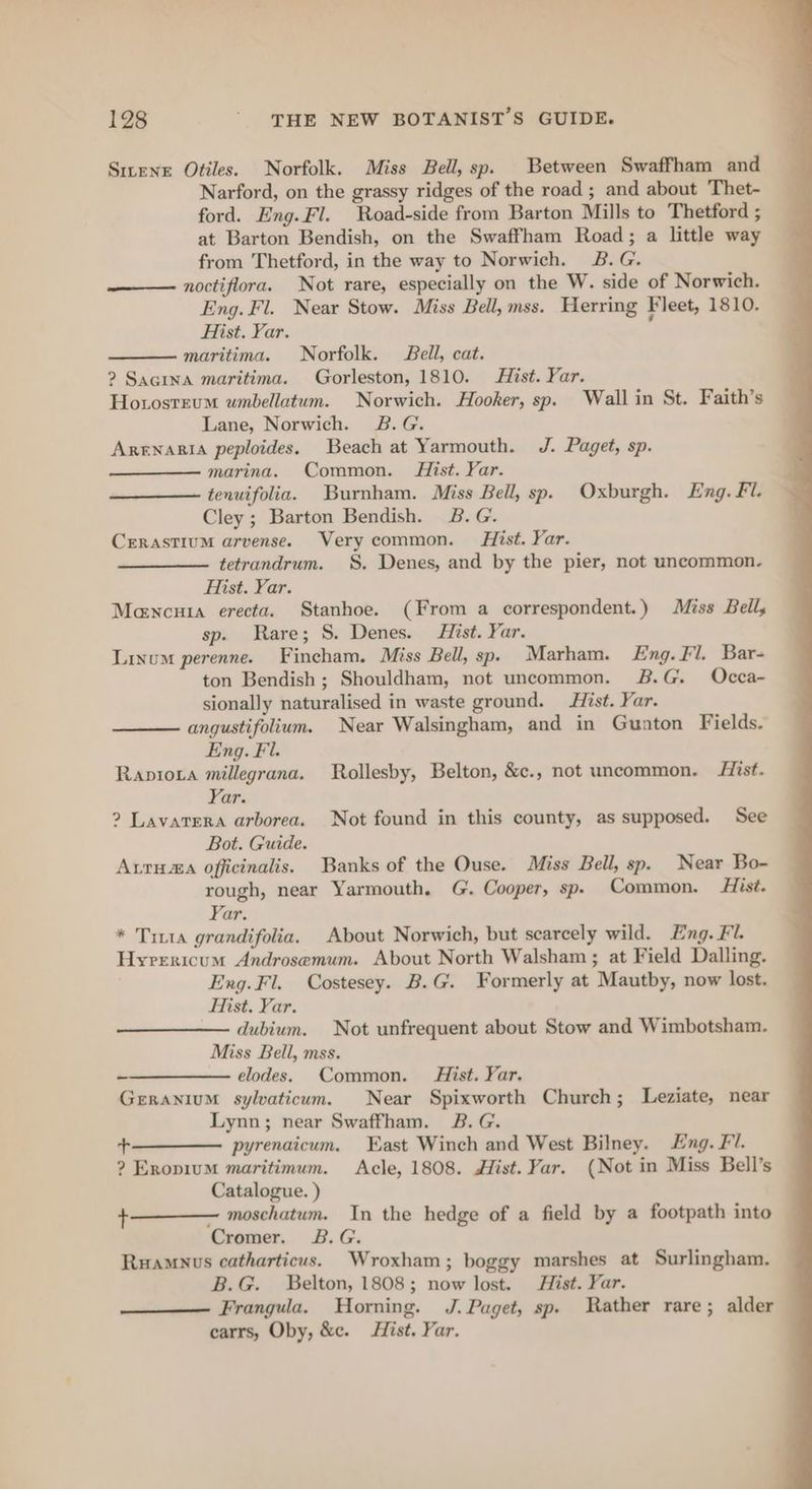 Sitene Otiles. Norfolk. Miss Bell, sp. Between Swaffham and Narford, on the grassy ridges of the road ; and about Thet- ford. Eng.Fl. Road-side from Barton Mills to Thetford ; at Barton Bendish, on the Swaffham Road; a little way from Thetford, in the way to Norwich. B.G. ——— noctiflora. Not rare, especially on the W. side of Norwich. Eng. Fl. Near Stow. Miss Bell, mss. Herring Fleet, 1810. Hist. Yar. maritima. Norfolk. Bell, cat. 2? Saqina maritima. Gorleston, 1810. Hist. Var. Hotosteum wmbellatum. Norwich. Hooker, sp. Wall in St. Faith’s Lane, Norwich. B.G. Arenarta peploides. Beach at Yarmouth. J. Paget, sp. marina. Common. Hist. Yar. tenuifolia. Burnham. Miss Bell, sp. Oxburgh. Eng. Fl. Cley ; Barton Bendish. 2B. G. Cerastium arvense. Very common. Hist. Yar. tetrandrum. SS. Denes, and by the pier, not uncommon. Hist. Yar. Mancuia erecta. Stanhoe. (From a correspondent.) Miss Bells sp. Rare; S. Denes. Hist. Yar. Linum perenne. Fincham. Miss Bell, sp. Marham. Eng. Fl. Bar- ton Bendish; Shouldham, not uncommon. B.G. Occa- sionally naturalised in waste ground. Hist. Yar. angustifolium. Near Walsingham, and in Gunton Fields. Eng. Fl. Raproxa millegrana. Rollesby, Belton, &amp;c., not uncommon. List. Yar. 2? Lavatera arborea. Not found in this county, as supposed. See Bot. Guide. Atria officinalis. Banks of the Ouse. Miss Bell, sp. Near Bo- rough, near Yarmouth. G. Cooper, sp. Common. Hist. Far. * Tinta grandifolia. About Norwich, but scarcely wild. Eng. Fl. Hyvericum Androsemum. About North Walsham ; at Field Dalling. Eng.Fl. Costesey. B.G. Formerly at Mautby, now lost. Hist. Yar. dubium. Not unfrequent about Stow and Wimbotsham. Miss Bell, mss. ——————— elodes. Common. Hist. Yar. Geranium sylvaticum. Near Spixworth Church; Leziate, near Lynn; near Swaffham. 2B. G. + pyrenaicum. East Winch and West Bilney. Eng. FV. ? Eropium maritimum. cle, 1808. Hist. Yar. (Not in Miss Bell’s Catalogue. ) + — moschatum. In the hedge of a field by a footpath into Cromer. 2&amp;.G. Ruamunus catharticus. Wroxham; boggy marshes at Surlingham. B.G. Belton, 1808; now lost. Hist. Yar. Frangula. Horning. J. Paget, sp. Rather rare; alder earrs, Oby, &amp;c. Hist. Var.