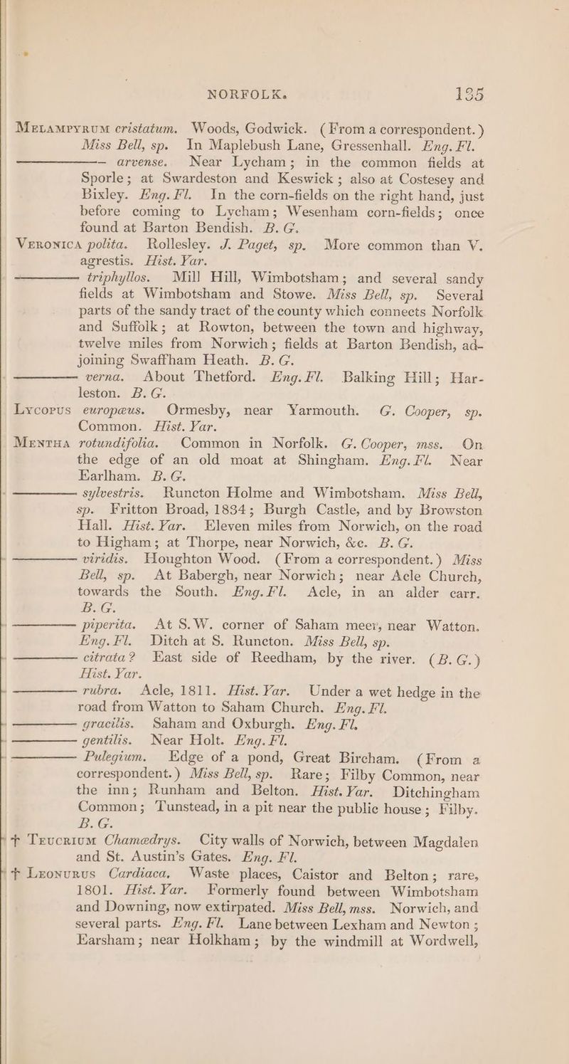 Metamryrvm cristatum. Woods, Godwick. (From a correspondent. ) Miss Bell, sp. In Maplebush Lane, Gressenhall. Eng. Fl. — arvense. Near Lycham; in the common fields at Sporle; at Swardeston and Keswick ; also at Costesey and Bixley. Eng. Fl. In the corn-fields on the right hand, just before coming to Lycham; Wesenham corn-fields; once found at Barton Bendish. B. G. Veronica polita. Rollesley. J. Paget, sp. More common than V. agrestis. Hist. Yar. triphyllos. Mill Hill, Wimbotsham; and several sandy fields at Wimbotsham and Stowe. Miss Pell, sp. Several parts of the sandy tract of the county which connects Norfolk and Suffolk; at Rowton, between the town and highway, twelve miles from Norwich; fields at Barton Bendish, ad- joining Swaffham Heath. B.G. verna. About Thetford. Eng. Fl. Balking Hill; Har- leston. B. G. Lycorus europeus. Ormesby, near Yarmouth. G. Cooper, sp. Common. Hist. Var. Menrua rotundifolia. Common in Norfolk. G. Cooper, mss. On the edge of an old moat at Shingham. Hng. Fi. Near Earlham. B. G. sylvestris. Runcton Holme and Wimbotsham. Miss Bell, sp. Fritton Broad, 1834; Burgh Castle, and by Browston Hall. Hist. Yar. Eleven miles from Norwich, on the road to Higham; at Thorpe, near Norwich, &amp;c. B.G. viridis. Houghton Wood. (From a correspondent.) Miss Bell, sp. At Babergh, near Norwich; near Acle Church, towards the South. Eng.FIl. <Acle, in an alder carr. BwG. piperita. At S.W. corner of Saham meer, near Watton. Eng. Fl. Ditch at S. Runcton. Miss Bell, sp. citrata? Kast side of Reedham, by the river. (B.G.) Hist. Yar. rubra. Acle, 1811. Hist. Yar. Under a wet hedge in the road from Watton to Saham Church. Eng. Fl. gracilis, Saham and Oxburgh. Eng. Fl. gentilis. Near Holt. Eng. Fl. Pulegium. Edge of a pond, Great Bircham. (From a correspondent.) Miss Bell, sp. Rare; Filby Common, near the inn; Runham and Belton. Hist. Var. Ditchingham Common; Tunstead, in a pit near the public house ; Filby. B.G. + Treucrium Chamedrys. City walls of Norwich, between Magdalen and St. Austin’s Gates. Eng. F7. + Lzonurus Cardiaca, Waste places, Caistor and Belton; rare, 1801. Hist. Yar. Formerly found between Wimbotsham and Downing, now extirpated. Miss Bell,mss. Norwich, and several parts. Eng. Fl. Lane between Lexham and Newton ; Earsham; near Holkham; by the windmill at Wordwell,