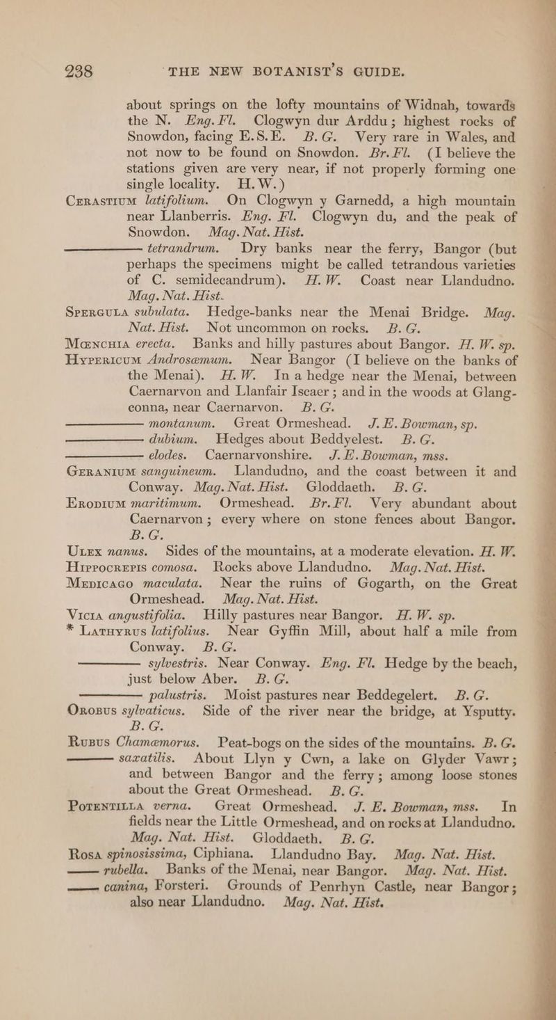 about springs on the lofty mountains of Widnah, towards the N. Eng. Fl. Clogwyn dur Arddu; highest rocks of Snowdon, facing E.S.E. B.G. Very rare in Wales, and not now to be found on Snowdon. Br. Fil. (I believe the stations given are very near, if not properly forming one single locality. H.W.) Crrastium latifolium. On Clogwyn y Garnedd, a high mountain near Llanberris. Eng. Fl. Clogwyn du, and the peak of Snowdon. Mag. Nat. Hist. tetrandrum. Dry banks near the ferry, Bangor (but perhaps the specimens might be called tetrandous varieties of C. semidecandrum). H.W. Coast near Llandudno. Mag. Nat. Hist. SrercuLa subulata. Hedge-banks near the Menai Bridge. Mag. Nat. Hist. Not uncommon on rocks. B.G. Mewcuta erecta. Banks and hilly pastures about Bangor. H. W. sp. Hyvrericum Androsemum. Near Bangor (I believe on the banks of the Menai). H.W. Ina hedge near the Menai, between Caernarvon and Llanfair Iscaer ; and in the woods at Glang- conna, near Caernarvon. 8B. G. montanum. Great Ormeshead. J. E. Bowman, sp. dubium. Hedges about Beddyelest. 2B.G. elodes. Caernaryonshire. J.E.Bowman, mss. GERANIUM sanguineum. Llandudno, and the coast between it and Conway. Mag. Nat. Hist. Gloddaeth B.G. Eropium maritimum. Ormeshead. Br.Fl. Very abundant about Caernarvon ; every where on stone fences about Bangor. B.G. Utex nanus. Sides of the mountains, at a moderate elevation. H. W. Hrerocreris comosa. Rocks above Llandudno. Mag. Nat. Hist. Menicaco maculata. Near the ruins of Gogarth, on the Great Ormeshead. Mag. Nat. Hist. Vicia angustifolia. Hilly pastures near Bangor. H. W. sp. * Laruyrus latifolius. Near Gyffin Mill, about half a mile from Conway. B.G. sylvestris. Near Conway. Eng. Fl. Hedge by the beach, just below Aber. 2B.G. palustris. Moist pastures near Beddegelert. B. G. Orosus sylvaticus. Side of the river near the bridge, at Ysputty. B.G. Rusus Chamemorus. Peat-bogs on the sides of the mountains. B. G. saxatilis. About Llyn y Cwn, a lake on Glyder Vawr; and between Bangor and the ferry; among loose stones about the Great Ormeshead. B. G. PoreNTILLA verna. Great Ormeshead. J. E. Bowman, mss. In fields near the Little Ormeshead, and on rocks at Llandudno. Mag. Nat. Hist. Gloddaeth. B. G. Rosa spinosissima, Ciphiana. Llandudno Bay. Mag. Nat. Hist. rubella. Banks of the Menai, near Bangor. Mag. Nat. Hist. —— canina, Forsteri. Grounds of Penrhyn Castle, near Bangor ; also near Llandudno. Mag. Nat. Hist.