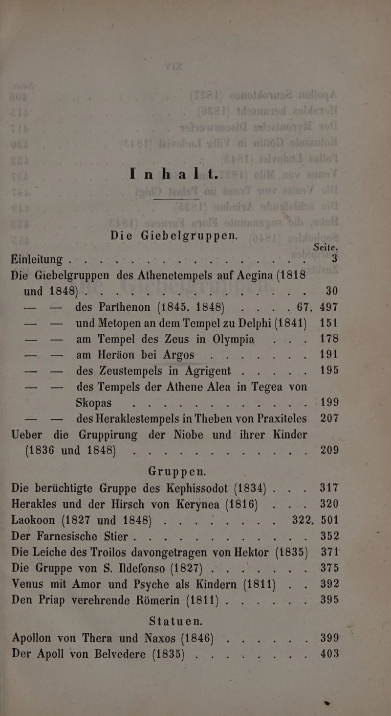 Einleitung . Die Giebelgruppen den Br einnele auf Aegina sis und 1848) . : — — des an (1845. 1848) TE 67. — — undMetopen an dem Tempel zu Delphi 1841) — — am Tempel des Zeus in Olympia — — am Heräon bei Argos — — des Zeustempels in Agrigent . — — des Tempels der Athene Alea in Ver von Skopas — — des Hercklasiompels, in Theben von Prarelee Ueber die Gruppirung der Niobe und ihrer Kinder Re Die Giebelgruppen. Gruppen. Statuen. Seite. 3