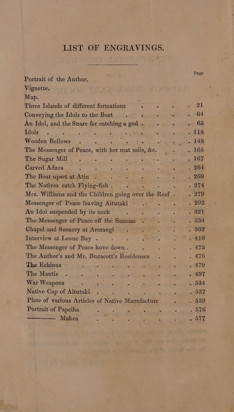 LIST OF ENGRAVINGS. Portrait of the Author. — Vignette. Map. Three Islands of different formations An Idol, and the Snare for catching a Bods i : Idols Wooden Bellows . : The Messenger of Peace, with her mat sails, &amp;c. The Sugar Mill . Carved Adzes The Boat upset at Atiu The Natives catch Flying-fish . . ‘ Mrs. Williams and the Children going over the Rae. Messenger of Peace leaving Aitutaki - - An Idol suspended by its neck The Messenger of Peace off the Samoas Chapel and Scenery at Arorangi Interview at Leone Bay . re De o &gt; The Messenger of Peace hove down . The Author’s and Mr. Buzacott’s Residences The Echinus The Mantis War Weapons Native Cap of Aitutaki ; : Plate of various Articles of Native Manufacture Portrait of Papeiha - Makea o: Page