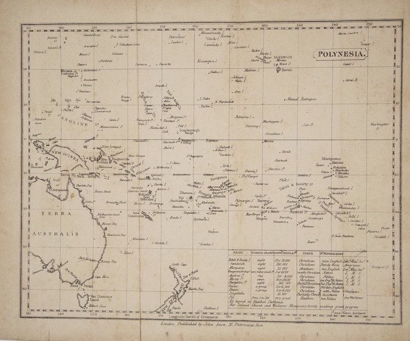 ae oe - Cire . 160 150 140 130 a oe 0 i : ide. Pers RE SES FR tice ea eae SE m8 BEALE | 7 oe ro at 7 on a iy oO . a Hassashussets 1. | Mar LA LTes (olunas eta ee Wa vhs TO” her lL ; | | . : ; | | herl. ee ig Alen | i Lf Stbashan Lies | ae Ca Lausianshy #7 a yer, | | Casper / i * |» Mecker L, | H.-F Volcano . ' . Birds /. | : ix Vauav SANDWICH = : Sardines | | Kruentearnl ., Lui 5 8 Lad Pies: i a ; LaKaTO lanmura , 0 LDescorte, : ag@ Maui i* Cooper 1. ; Eso i ae fe Varco ae: | pe Caguan ' + Sb Ou L.. $ - = f Anataahon Wake L - Corals : # Linan’ Smynl - i o Cauda = &amp;, » dna i dirick : oS E a ye sid Le Barber I  il phillip L ° ap SS a ‘dur % fs 5 Fr Lee a ree ier Lalnyras I. i FP ts i - i 1 a } \e  U Teves: J as ° = rf R O a ee , | Owend | eda % Banham © Washington [ ss ' EG T 8 - Hope I : oe Low 18 ashingtov &amp; NE | \ Monisyerdsien 16 Warde knt nue _ Lanning L. ! Low L vA c | ateat ., ocarborou¢' : ; = s OE, Seas Rangel © Christmas [. F yi) L =O a ; Bi 7 = hsarenT Slack et Rind Salil ; quator WOT CUE i ‘ el : W if __ \Sowe Ome Mai : 1 gabe 1S ot }. : Leoau i i OF ae 1 = 4 goo ; Rocce 5 : i , Ligmonity {. (Caretrne TL tru 3 - IO : RET Charldétee Archi! . 2 ie of = &gt; Charlotte Buy | Fig Has L. roa Frat : 7 Carpents t= wh i : make ie Ainora, Thin s ‘ee \Diana Bark: ee Santo folie q a) ee I j : ce ‘¢ os HA Mied ss cee Liurnauc F | Palm 4 Bramping Shoal Huns 1 ie ‘ ne rt g = a Re. | 2 Bo dap, eas id Whitsunday L J De TAREE Sa ly Sete SL ten Rr ce G5 ee at 1% S CT, 4 = 20 E RRA “S) Marthumbertand C mie : ~~ 78 Margaret! pee Be ; ; fsles : mes 5S . Osraburg's, ke Pa Hood £. = YS h , c a i Banana a po Be o ie Cambier [. 5 A Lerveys Bay i ae @ abe), \2 ; : he Cero Wale a Vasquex R A bs Glasshouse Fi: a yf Elicabds ke Middleton [ f ° * Norfolk ’Sunday [ = se } = a =; ere $---— ee | — 4 =e a a i 3 *S Hove I NAME NUMBER D\suePd’POPULAT® Bs: a Lbrt7,\ 7 Ape raT : 5 ; 3sE EOS 7 2 : thes Jocldy ; ght L8 or 20 000 ae oo gh fies ae £ Botany Lay . Sandwichy cight- S60, 000 : I | a | | Harguesas aight | 15,000 “Croup of 1S &amp; spor? ay Ss, 2 j LangernisArchip! very mang smail 2 30r 4000 i es b hae Ba Austral [5 five Jor 4,000 : ; 7” gl Hervey 1° Soren Lbcr 18000 | —s nA 7 ; | } |Mavigaiors /? eght LE0 C00 = pans Ba 4 Vavaw a group Jor, 000. =a 0 ee aay a ony —* 2 uh ! apo. a group 30r4 000 | cogent OMENS ond. TO, 000 fae a = an Diomans . : ie Jroml to 200 \ very great ; One Wesleyan | | . p ao ond in| Heather: Darkness . = Arise . vs Z : wand \ Church and Wesleyan Missi i = ne neem Sot wn et Speen . nant Baws ; = } 130 140 eae 0 rz 160 i Wi 1001 a PAT 5 mM mI 0 i om Tm : | ‘ a re Ul oie 170 R 3 DA Ae ae — ho — ares es —aery ca —oe- - es CS ee nt Longitude Fasti60 of Greenwich. _-170 “160 160 4.0 ¥ 148g te London, P ublished by John Snow, 6. Palurnaster for rt: — a”, Foe a? % art : toie ate ae 4 et a te ‘ 4 ry  , F ess &gt; : : j ut - : gu! ae ea op % ae