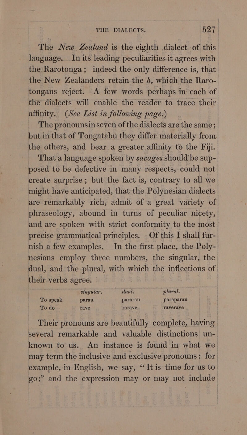 | THE DIALECTS. 527 The New Zealand is the eighth dialect. of this language. __In its leading peculiarities it agrees with the Rarotonga; indeed the only difference is, that. the New Zealanders retain the 2, which the Raro- tongans reject. A few words perhaps in each of the dialects will enable the reader to trace their affinity. (See List in following page.) | The pronounsin seven of the dialects are the same; but in that of Tongatabu they differ materially from. the others, and bear a greater affinity to the Fiji. That a language spoken by savages should be sup- posed to be defective in many respects, could not create surprise ; but the fact is, contrary to all we might have anticipated, that the Polynesian dialects are remarkably rich, admit of a great variety of phraseology, abound in turns of peculiar nicety, and are spoken with strict conformity to the most precise grammatical principles. _ Of this I shall fur- nish a few examples. In the first place, the Poly- nesians employ three numbers, the singular, the. dual, and’ the plural, with which the inflections of their verbs agree. © ‘singular, — dual. plural. To speak parau pararau paraparau To do rave rarave raverave Their pronouns are beautifully complete, having : several remarkable and valuable distinctions un-. known to us. An instance is found in what we may term the inclusive and exclusive pronouns: for. example, in English, we say, “It is time for us to. go;” and the expression may or may not include