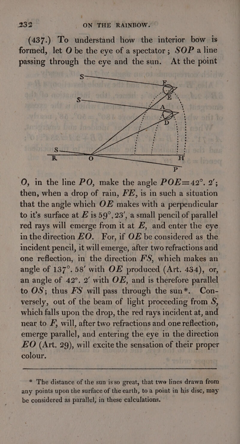 (437.) To understand how the interior bow is formed, let O be the eye of a spectator; SOP a line passing through the eye and the sun. At the point S O, in the line PO, make the angle POE=42°. 2’; then, when a drop of rain, FE, is in such a situation that the angle which OF makes with a perpendicular to it’s surface at E is 59°, 23’, a small pencil of parallel red rays will emerge from it at #, and enter the eye in the direction EO. For, if OF be considered as the incident pencil, it will emerge, after two refractions and one reflection, in the direction P'S, which makes an angle of 137°. 58’ with OE produced (Art. 454), or, . an angle of 42°. 2’ with OF, and is therefore parallel to OS; thus FS will pass through the sun*. Con- versely, out of the beam of light proceeding from S, which falls upon the drop, the red rays incident at, and near to F, will, after two refractions and one reflection, emerge parallel, and entering the eye in the direction EO (Art. 29), will excite the sensation of their proper colour. * The distance of the sun isso great, that twe lines drawn from any points upon the surface of the earth, to a point in his disc, may be considered as parallel, in these calculations.