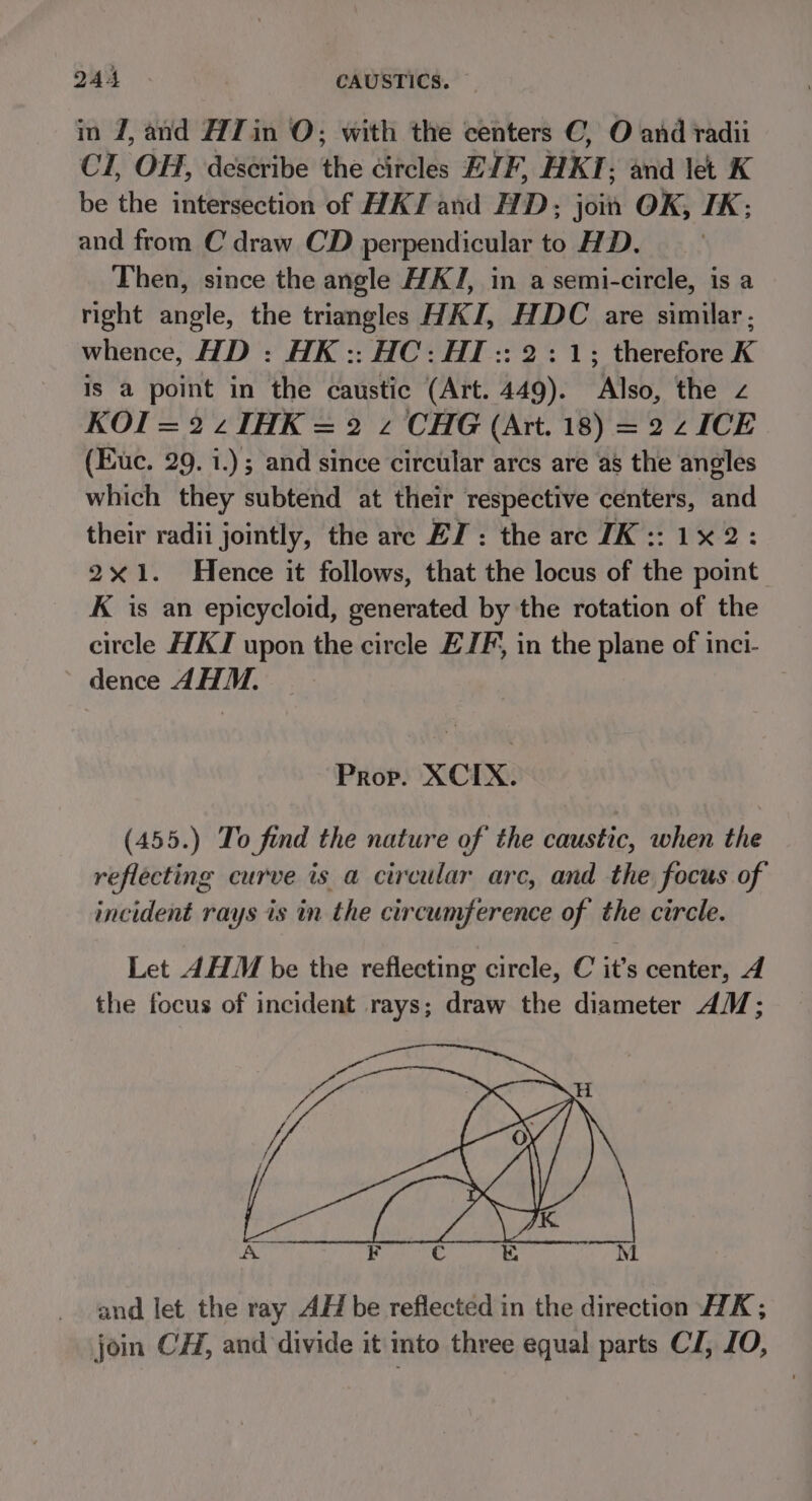 in 7, and HTin O; with the centers C, O and radii CI, OH, deseribe the circles EJF, HKTI: and let K be the intersection of HK and HD; join OK, IK: and from C draw CD perpendicular to HD. Then, since the angle HK/J, in a semi-circle, is a right angle, the triangles HKI, HDC are similar, whence, HD : HK :: HC: HI:: 2:1; therefore K is a point in the caustic (Art. 449). Also, the z KOI =22THK = 2 2 CHG (Art. 18) = 2 2 ICE (Euc. 29. 1.); and since circular arcs are as the angles which they subtend at their respective centers, and their radii jointly, the are EJ: the are IK :: 1x2: 2x1. Hence it follows, that the locus of the point K is an epicycloid, generated by the rotation of the circle HKTI upon the circle EJF, in the plane of inci- dence 4HM. Prop. XCIX. (455.) To find the nature of the caustic, when the reflecting curve is a circular arc, and the focus of incident rays is in the circumference of the circle. Let AHM be the reflecting circle, C it’s center, 4 the focus of incident rays; draw the diameter 4; and let the ray AH be reflected in the direction HK ; join CH, and divide it into three equal parts CZ, JO,