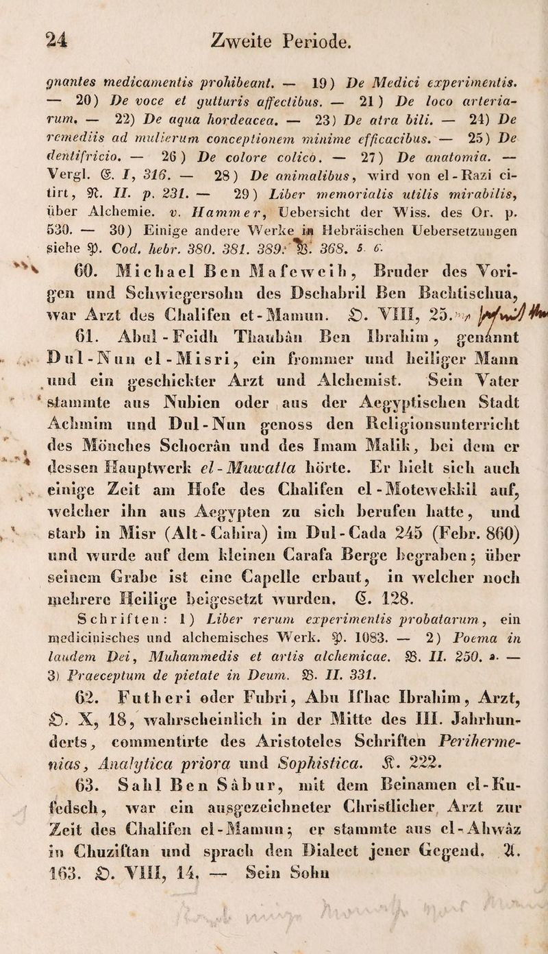 gnantes medicamentis proJiibeant. — 19) De Medici experimentis. — 20) De voce et gutturis affeciibus. — 21 ) De loco arteria- rum, — 22) De aqua Jiordeacea, — 23) De atra bili. — 24) De rcmediis ad rnulierum conceptionem minime efficacibas. — 25) De dentifricio, — 26) De colore colicö. — 27) De anatomia. — Vergl. J, 31(7. — 28) De animalibus, wird von el-Razi ci- tirt, 9(^. II. p. 231. — 29) Liber memorialis utilis mirabilis, über Alchemie, v. Hammer, Uebeisicht der Wiss. des Or. p. 530. — 30) Einige andere Werke m Hebräischen Uebersetzungen giehe Cod. hebr. 380. 381. 389.' Iß'. 368, 5. 6\ ‘ 60. M i c li a e 1 Ben M a f c w c 11», Bruder des Vori¬ gen und Scliwlcgersolin des Dscliabrll Ben Baclitlseliua, war Arzt des Clialifen ct-Maniiin. VIII, 61. Aboi-Feidk Tbaubän Ben Ibrabim , genannt Dul-N un cl-Misri, ein frommer und bcliiger Mann lind ein gescblckter Arzt und Alcbemlst. Sein Vater ‘ stammte aus Nubien oder , aus der Aegyptlseben Stadt Acbmlm und Dul-Nun genoss den Rellgionsunterrlclit des Möiicbcs Seboerän und des Imam Mallk, bei dem er dessen Mauptwcrk el-Muwatla börte. Er hielt sieb aucb einige Zelt am Hofe des Cballfcn el-Motewekkll auf, weleber Hin aus Aegypten zu sieb berufen batte, und starb in Mlsr (Alt-Cablra) liii Dul-Cada 245 (Febr. 860) und wurde auf dem kleinen Carafa Berge begraben^ über seinem Grabe ist eine Capelle erbaut, in welcher noch ipebrerc Heilige beigesetzt wurden, 128. Schriften: 1) Liber rerum experimentis probatarum, ein medicinisches und alchemisches Werk. 1083. — 2) Foema in laudem Dei, Muhammedis et artis alchemicae. SS. IL 250. a. — 3) Fraeceptum de pietate in Deum. SS. II. 331. 62. Futberl oder Fubrlj Abu Ifbac Ibrahim, Arzt, X, 18, wabrscbeinilcb in der Mitte des III. Jahrhun¬ derts, commentirte des Aristoteles Scbrlfteii Periherme- nias, Aiialytica prioi'a und Sophistica, 222. 63. Sabl Ben Sabur, mit dem Beinamen cl-Ku- fedseb, war ein ausgezeichneter Christlicher^ Arzt zur Zelt des Cballfen el-Mamuu^ er stammte aus cl-Abwaz in Cbuzlftan und sprach den Dialect jener Gegend. 21. 163. £). Vill, 14. — Sein Sohn