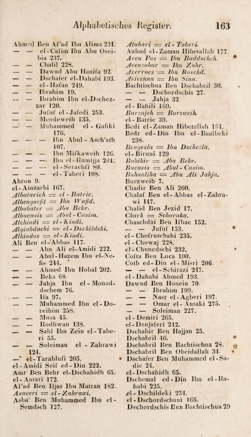 Alimod Ben Af’ad Ibii Alima 234. — — el-Calim Ibu Abu Osei- bia 237. — — Cliali! 228. — — Dawud Abu Hanifa 92. — — Dschater el-Daliabi 193. — — el-Halan 249. — — Ibrahim 19. — — Ibrahim Ibu el-Dschez- zar 120. — — Juiiit el-Jafedi 253. — — IMciideweih 135. — — Biuhammed el - Gafiki 176. — — — Ibu Abul - Asch’ath 107. — — — Ibn IMifkaweih 126. — — —. lljii t*l-RumiJja 201. — — •—• el-Serachfi SO. — — — el-Taberi 108. Ahron 9. el-Ainzarbi 167. ^Ihatarich — el - Balric. jilbengnefit = Ibn Wofid. Albuhaler = Abu Bekr. Albucasis = Abiil -Casirn. Alcliindi = el - K indi, Algicibdachi = el-DscMldehi. Alkindus — el-Kindi. Ali Ben el-’Ahbas 117. — — Abu Ali el-Amidi 222. — — Abul-Hazem Ibn el-Ne- lis 244. * — — Ahmed Ibn Hobal 202. — Beks 68. — — Jahja Ibn el-Monad- dschem 76. _ — Ha 97. — — Muhammed Ibn el-Do- reihim 258. — — Mnsa 45. — — Ilodhwan 138.. _ — Sahl Ibn Zein eJ-Tabe- ri 55. — — Soleiman el - Zahrawi 124. —• el-Tarablufi 205. el-Amidi Seif ed - Din 222. Amr Ben Behr el-Dschahidh 65. el-Antari 172. ATad Ben Iljas Ibn Matran 182. Asaveri = el-Zahrawi. Asba’ Ben Muhammed Ibn el - Semdsch 127. Atahari = el - Taberi. aVuhad el-Zaman llibelallah 177. Äeen Fas = Ibn Baddscheh. * Avenzohar = Ibn Zohr. Averroes — Ibn Rosclid. Avicenna = Ibn Si?ia. Bachtischua Ben Dschabril 30. — — Dschordschis 27. — — Jahja 32 el-Bahili 169. Barzujeh — Biirzweih. el-Baltic 39. Bedi el-Zaman Hibetallah 164. Bedr ed-Din Ibn el-Baalbeki 238. Bengesla = Ibn Dschezla. ol-Birnni 129 Bubikir = Abu Bekr. Bucasis — Abul - Casirn. BuJiualiha = Abu Ali Jahja. Burzweih 7. Ciiadir Ben Ali 260. Chalaf Ben el-Abbas el-Zahra¬ wi 147. Chalid Ben Jezid 17. Chark = Scharaka. Chaschdäi Ben Ifhac 152. — — Jufiif 153. • el-Chofruschahi 235. el - CltowaJ 228. el - Chunedschi 232. • Col'ta Ben Lu ca 100. Cotb ed-Din el-Misri 206. — — el-Schirazi 247. el-Dahabi Ahmed 193. Dawud Ben Honein 70. — — Ibrahim 199. — — JVasr el-Agberi 197. — — Omar el- Antaki 275. — — Soleiman 227, el-Demiri 265. el-Donjaferi 242. Dschabir Ben Hajjan 25, Dschabril 46. • Dschabril Ben Bachtischua 28. q Dschabril Ben Obeidallah 34. • Dschafer Ben Muhammed el-Sa- dic 24. el-Dschahidh 65. Dschemal ed-Din Ibn el-Ra- habi 225. £\ - Dschildek i 254, el-Dschordschani 165. Dschordschis Ben Bachtischua 29