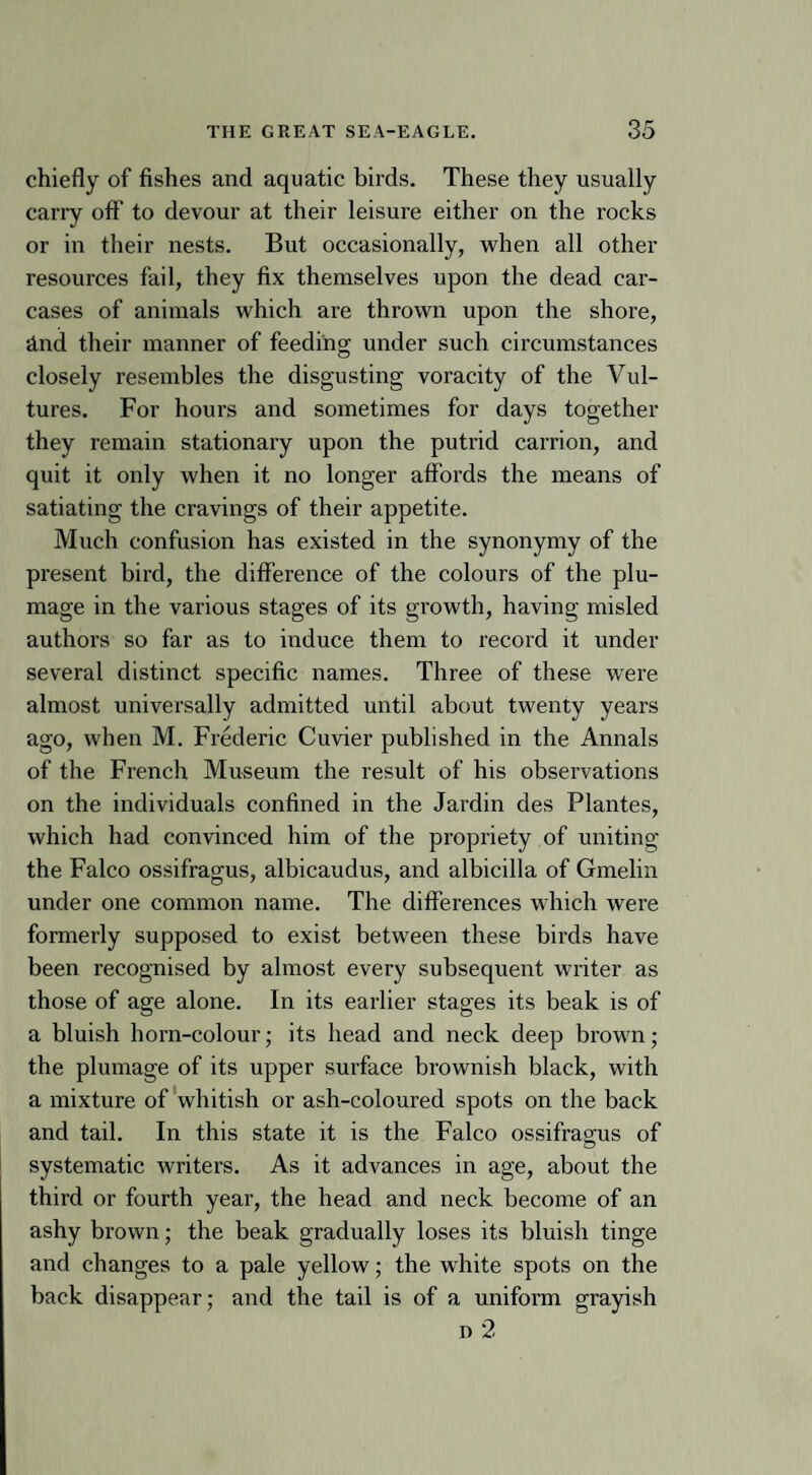 chiefly of fishes and aquatic birds. These they usually cany off to devour at their leisure either on the rocks or in their nests. But occasionally, when all other resources fail, they fix themselves upon the dead car¬ cases of animals which ai'e thrown upon the shore, hnd their manner of feeding under such circumstances closely resembles the disgusting voracity of the Vul¬ tures. For hours and sometimes for days together they remain stationary upon the putrid carrion, and quit it only when it no longer affords the means of satiating the cravings of their appetite. Much confusion has existed in the synonymy of the present bird, the difference of the colours of the plu¬ mage in the various stages of its growth, having misled authors so far as to induce them to record it under several distinct specific names. Three of these were almost universally admitted until about twenty years ago, when M. Frederic Cuvier published in the Annals of the French Museum the result of his observations on the individuals confined in the Jardin des Plantes, which had convinced him of the propriety of uniting the Falco ossifragus, albicaudus, and albicilla of Gmelin under one common name. The differences which were formerly supposed to exist between these birds have been recognised by almost every subsequent writer as those of age alone. In its earlier stages its beak is of a bluish horn-colour; its head and neck deep brown; the plumage of its upper surface brownish black, with a mixture of whitish or ash-coloured spots on the back and tail. In this state it is the Falco ossifragus of systematic writers. As it advances in age, about the third or fourth year, the head and neck become of an ashy brown; the beak gradually loses its bluish tinge and changes to a pale yellow; the white spots on the back disappear; and the tail is of a uniform grayish n 2