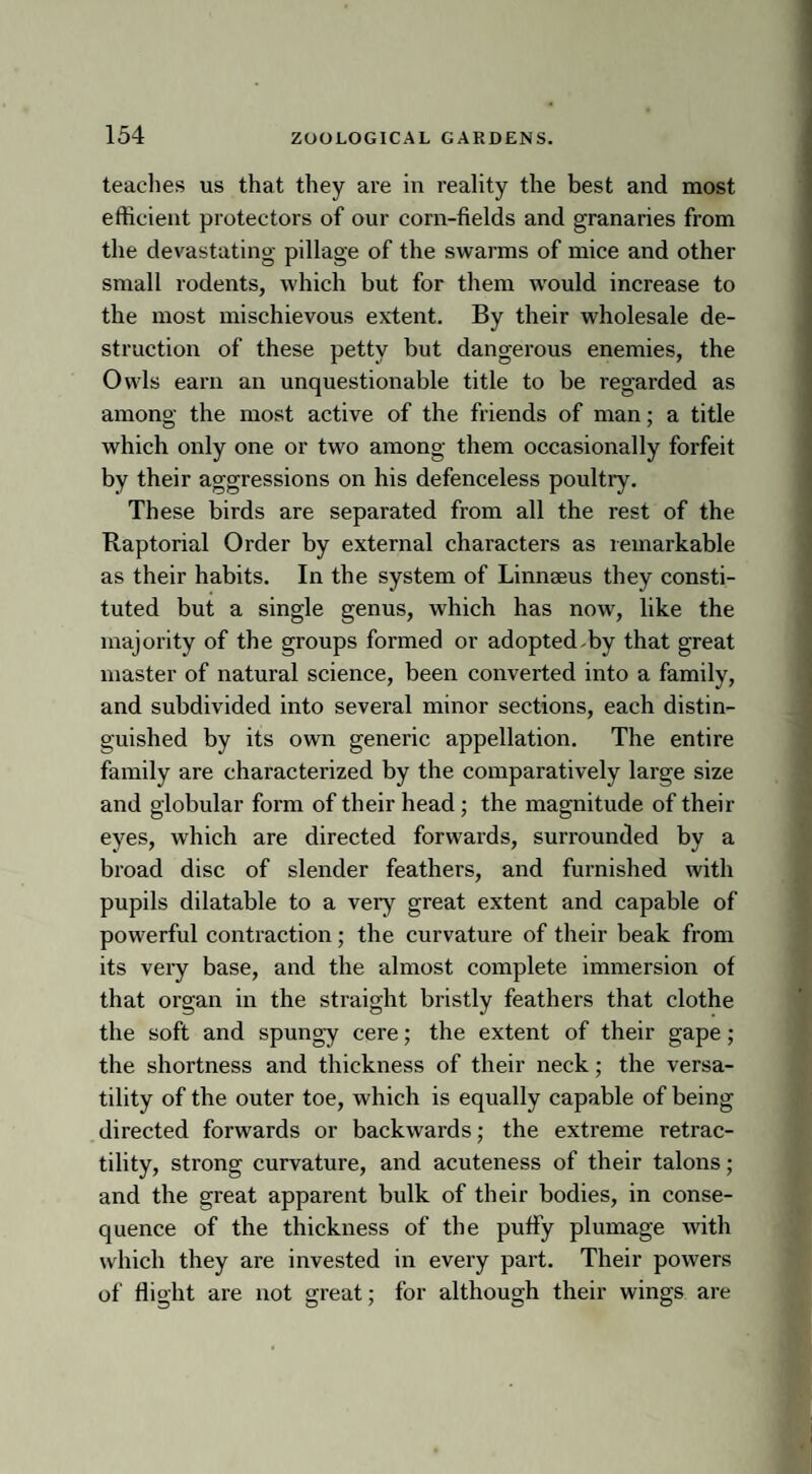 teaches us that they are in reality the best and most efficient protectors of our corn-fields and granaries from the devastating pillage of the swarms of mice and other small rodents, which but for them would increase to the most mischievous extent. By their wholesale de¬ struction of these petty but dangerous enemies, the Owls earn an unquestionable title to be regarded as among the most active of the friends of man; a title which only one or two among them occasionally forfeit by their aggressions on his defenceless poultry. These birds are separated from all the rest of the Raptorial Order by external characters as remarkable as their habits. In the system of Linnaeus they consti¬ tuted but a single genus, which has now, like the majority of the groups formed or adopted by that great master of natural science, been converted into a family, and subdivided into several minor sections, each distin¬ guished by its own generic appellation. The entire family are characterized by the comparatively large size and globular form of their head ; the magnitude of their eyes, which are directed forwards, surrounded by a broad disc of slender feathers, and furnished with pupils dilatable to a very great extent and capable of powerful contraction ; the curvature of their beak from its very base, and the almost complete immersion of that organ in the straight bristly feathers that clothe the soft and spungy cere; the extent of their gape; the shortness and thickness of their neck; the versa¬ tility of the outer toe, which is equally capable of being directed forwards or backwards; the extreme retrac¬ tility, strong curvature, and acuteness of their talons; and the great apparent bulk of their bodies, in conse¬ quence of the thickness of the puffy plumage with which they are invested in every part. Their powers of flight are not great; for although their wings are