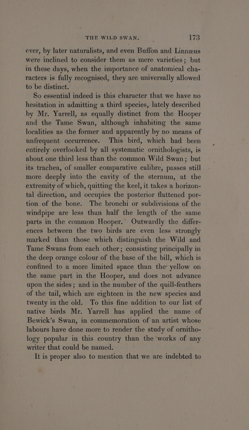 ever, by later naturalists, and even Buffon and Linneus were inclined to consider them as mere varieties; but in these days, when the importance of anatomical cha- racters is fully recognised, they are universally allowed to be distinct. So essential indeed is this character that we have no hesitation in admitting a third species, lately described by Mr. Yarrell, as equally distinct from the Hooper and the Tame Swan, although inhabiting the same localities as the former and apparently by no means of unfrequent occurrence. This bird, which had been entirely overlooked by all systematic ornithologists, is about one third less than the common Wild Swan; but its trachea, of smaller comparative calibre, passes still more deeply into the cavity of the sternum, at the extremity of which, quitting the keel, it takes a horizon- tal direction, and occupies the posterior flattened por- tion. of the bone. The bronchi or subdivisions of the windpipe are less than half the length of the same parts in the common Hooper. Outwardly the differ- ences between the two birds are even less strongly marked than those which distinguish the Wild and Tame Swans from each other; consisting principally in the deep orange colour of the base of the bill, which is confined to a more limited space than the yellow on the same part in the Hooper, and does not advance upon the sides ; and in.the number of the quill-feathers of the tail, which are eighteen in the new species and twenty in the old. To this fine addition to our list of native birds Mr. Yarrell has applied the name of Bewick’s Swan, in commemoration of an artist whose labours have done more to render the study of ornitho- logy popular in this country than the works of any writer that could be named. It is proper also to mention that we are indebted to