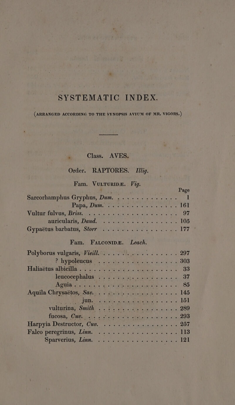 SYSTEMATIC INDEX. (ARRANGED ACCORDING TO THE SYNOPSIS AVIUM OF MR. VIGORS. ) Class. AVES. Order. RAPTORES. Ilig. Fam. VuLTuripmz. Vig. Page Sarcorhamphus Gryphus, Dum. ,......+.+-.. | PADRE deer een ties is Welw at oy es 161 We lbasee Sealy AAS SS leg oo ais)! oy wage sce eae 97 UTICA IG LM wis oe! ee lant! ae oo, oe ss chi a taal 105 Gypaétus barbatus, Storr .......... eee e 177 Fam. Fatconipmé. Leach. Polyborus vulgaris, Vieill, ...... C0 TS Ae LA ae 297 Pe ONC CICHIS ric cea tate Memb ede el yay 303 Fiabine tus aipieat rate ey. ey Magee! 4c Giana o's! © lee 33 leucocephalus ...... i RR avs s,s 37 GINO obec sg Rs, etme eA Rast <<) ay ee Aquila Chrysaetosy Save), 2 tints cp hae Beto eee 145 Sie nd UNS hee EE a areata «oe. $26 151 vultupingy, Smillie oP whos Pe pa so, ok ere 289 fUCORS). Cs Ariane aR ek es 293 Barpyin. Destructor, (Cate preter a site uaidbagangual a eles 257 Paleo neregrinuys, Ditite (oars ce at Pha aes cori tee aks 113 PANY CNIS 2 Letts tito ae weap lel a a) al analenytar s 121