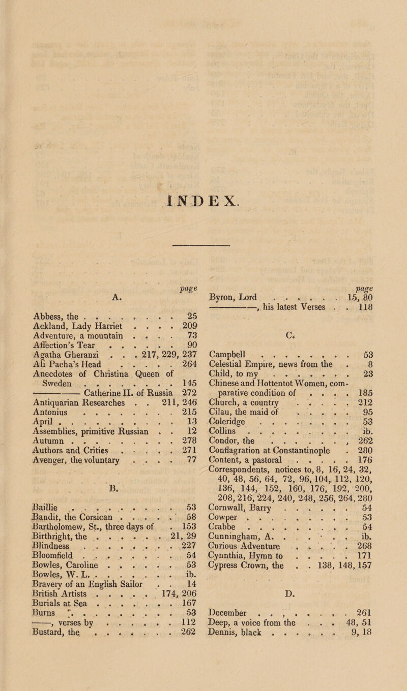 INDEX. Abbess, the.25 Ackland, Lady Harriet .... 209 Adventure, a mountain .... 73 Affection’s Tear.90 Agatha Gheranzi . . . 217, 229, 237 A li Pacha’s Head .264 Anecdotes of Christina Queen of Sweden.145 -Catherine II. of Russia 272 Antiquarian Researches . . 211, 246 Antonius.215 April ..13 Assemblies, primitive Russian . . 12 Autumn.278 Authors and Critics . - ... 271 Avenger, the voluntary .... 77 B. Baillie ......... 53 Bandit, the Corsican.58 Bartholomew, St., three days of . 153 Birthright, the.21,29 Blindness ........ 227 Bloomfield ........ 54 Bowles, Caroline.53 Bowles, W. L. ib. Bravery of an English Sailor . . 14 British Artists. 174, 206 Burials at Sea.167 Burns *’.53 -, verses by.112 page Byron, Lord ...... 15, 80 -, his latest Verses . . 118 C. Campbell.53 Celestial Empire, news from the . 8 Child, to my ....... 23 Chinese and Hottentot Women, com¬ parative condition of .... 185 Church, a country .212 Cilau, the maid of .95 Coleridge.53 Collins. . ib. Condor, the ....... 262 Conflagration at Constantinople . 280 Content, a pastoral.176 Correspondents, notices to, 8, 16, 24, 32, 40, 48, 56, 64, 72, 96, 104, 112, 120, 136, 144, 152, 160, 176, 192, 200, 208, 216, 224, 240, 248, 256, 264, 280 Cornwall, Barry.54 Cowper.53 Crabbe.. 54 Cunningham, A. . . • . . ib. Curious Adventure ..... 268 Cynnthia, Hymn to.171 Cypress Crown, the . . 138, 148, 157 D. December . . ,.261 Deep, a voice from the . . . 48, 51