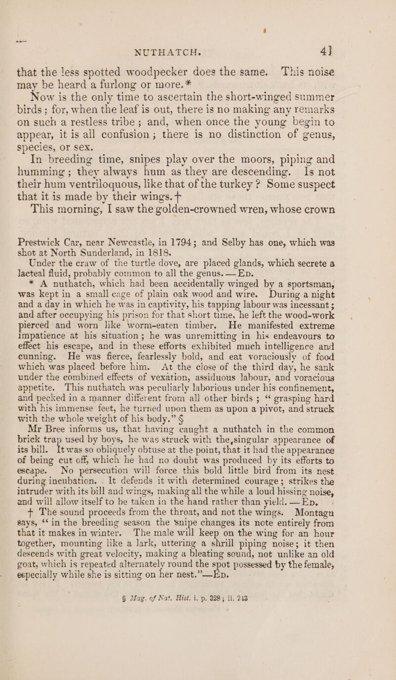NUTHATCH. 4} that the less spotted woodpecker does the same. This noise may be heard a furlong or more.* Now is the only time to ascertain the short-winged summer birds ; for, when the leaf is out, there is no making any remarks on such a restless tribe ; and, when once the young begin to appear, it is all confusion; there is no distinction of genus, species, or sex. In breeding time, snipes play over the moors, piping and humming; they always hum as they are descending. Is not their hum ventriloquous, like that of the turkey ? Some suspect that it is made by their wings. T This morning, I saw the golden-crowned wren, whose crown Prestwick Car, near Newcastle, in 1794; and Selby has one, which was shot at North Sunderland, in 1818. Under the craw of the turtle dove, are placed glands, which secrete a lacteal fluid, probably common to all the genus. — Ep. * A nuthatch, which had been accidentally winged by a sportsman, was kept in a small cage of plain oak wood and wire. During a night and a day in which he was in captivity, his tapping labour was incessant ; and after occupying his prison for that short time, he left the wood-work ierced and worn like worm-eaten timber. He manifested extreme Impatience at his situation; he was unremitting in his endeavours to effect his escape, and in these efforts exhibited much intelligence and cunning. He was fierce, fearlessly bold, and eat voraciously of food which was placed before him. At the close of the third day, he sank under the combined effects of vexation, assiduous labour, and voracious appetite. This nuthatch was peculiarly laborious under his confinement, and pecked in a manner different from all other birds ; “ grasping hard with his immense feet, he turned upon them as upon a pivot, and struck with the whole weight of his body.” Mr Bree informs us, that having caught a nuthatch in the common brick trap used by boys, he was struck with the,singular appearance of its bill. It was so obliquely obtuse at the point, that it had the appearance of being cut off, which he had no doubt was produced by its efforts to escape. No persecution will force this bold little bird from its nest during incubation. . It defends it with determined courage; strikes the intruder with its bill and wings, making all the while a loud hissing noise, and will allow itself to be taken in the hand rather than yield. — Ep. + The sound proceeds from the throat, and not the wings. Montagu says, ‘‘ in the breeding season the snipe changes its note entirely from that it makes in winter. The male will keep on the wing for an hour together, mounting like a lark, uttering a shrill piping noise; it then descends with great velocity, making a bleating sound, not unlike an old goat, which is repeated alternately round the spot possessed by the female, especially while she is sitting on her nest.”—Eb, § Mag. of Nat. Hist. i, p. 328; ii, 243