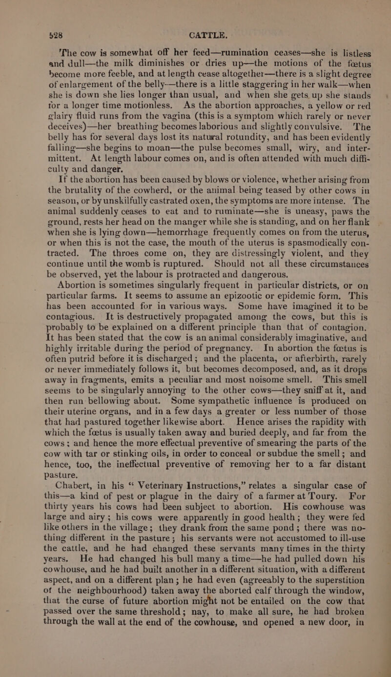 The cow is somewhat off her feed—rumination ceases—she is listless and dull—the milk diminishes or dries up—the motions of the fetus become more feeble, and at length cease altogether—there is a slight degree of enlargement of the belly-—there is a little staggering in her walk—when she is down she lies longer than usual, and when she gets up she stands for a longer time motionless. As the abortion approaches, a yellow or red glairy fluid runs from the vagina (this is a symptom which rarely or never deceives)—her breathing becomes laborious and slightly convulsive. ‘The belly has for several days lost its natural rotundity, and has been evidently falling—she begins to moan—the pulse becomes small, wiry, and inter- mittent. At length labour comes on, and is often attended with much diffi- culty and danger. If the abortion has been caused by blows or violence, whether arising from the brutality of the cowherd, or the animal being teased by other cows in season, or by unskilfully castrated oxen, the symptoms are more intense. The animal suddenly ceases to eat and to ruaminate—she is uneasy, paws the ground, rests her head on the manger while she is standing, and on her flank when she is lying down—hemorrhage frequently comes on from the uterus, or when this is not the case, the mouth of the uterus is spasmodically con- tracted. The throes come on, they are distressingly violent, and they continue until the womb is ruptured. Should not all these circumstances be observed, yet the labour is protracted and dangerous. Abortion is sometimes singularly frequent in particular districts, or on particular farms. It seems to assume an epizootic or epidemic form. This has been accounted for in various ways. Some have imagined it to be contagious. It is destructively propagated among the cows, but this is probably to be explained on a different principle than that of contagion. It has been stated that the cow is an animal considerably imaginative, and highly irritable during the period of pregnancy. In abortion the foetus is often putrid before it is discharged; and the placenta, or afterbirth, rarely or never immediately follows it, but becomes decomposed, and, as it drops away in fragments, emits a peculiar and most noisome smell. This smell seems to be singularly annoying to the other cows—they sniff at it, and then run bellowing about. Some sympathetic influence is produced on their uterine organs, and in a few days a greater or less number of those that had pastured together likewise abort. Hence arises the rapidity with which the foetus is usually taken away and buried deeply, and far from the cows ; and hence the more effectual preventive of smearing the parts of the cow with tar or stinking oils, in order to conceal or subdue the smell; and hence, too, the ineffectual preventive of removing her to a far distant pasture. Chabert, in his ‘ Veterinary Instructions,” relates a singular case of this—a kind of pest or plague in the dairy of afarmer at Toury. For thirty years his cows had been subject to abortion. His cowhouse was large and airy; his cows were apparently in good health; they were fed like others in the village; they drank from the same pond; there was no- thing different in the pasture; his servants were not accustomed to ill-use the cattle, and he had changed these servants many times in the thirty years. He had changed his bull many a time—he had pulled down his cowhouse, and he had built another in a different situation, with a different aspect, and on a different plan; he had even (agreeably to the superstition of the neighbourhood) taken away the aborted calf through the window, that the curse of future abortion might not be entailed on the cow that passed over the same threshold; nay, to make all sure, he had broken through the wall at the end of the cowhouse, and opened a new door, in