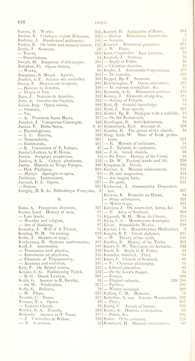 Jonson, B. Works, 25G Jordan, T. Catalogus regum Bohemiae, 329 Jordaine, J. Duodecimal arithmetic, 1 Hi Jorden, E. On baths and mineral waters, 121 Jortin, J. Sermons, 52 — Tracts, 280 — Dissertations, 34 Joseph, II, Empereur d’Allemagne, 395 Josephus, FI. Opera Omnia, 66 — Works, 66 Jourgniac, St. Meard. Agonie, 395 Joubert, le P. Science des medailles, 303 Jovius, P. Ilistoria sui temporis, 332 — Histoire de Zenobia, 320 — Elogia et Vita, 395 Juan, J. Noticias de America, 382 Jube, A. Guerres dcs Gaulois, 332 Julian, Imp. Opera omnia, 280 — Orations, 221 — Vie, 395 — A. Provincia Santa Maria, 377 Juncker, J. Conspectus Chirurgiae, 166 Junius, F. Biblia Sacra, 9. 10 — Etymologicum, 207 — J. C. Batavia, 332 — Nomenclator, 207 — Emblemata, 267 — R. Conversion of E. Indians, 67 Junius’s Letters, by R. Heron, 350 Jurieu. Scripture prophecies, 16 Jussieu, A. L. Genera plantarum, 133 Justin. Historia ex Trogo Pompeo, 320 — Hist. Phillipica, 298 — Martyr. Apologise et opera, 23 Justinian. Institutiones, 73 Juvenal, D. J. Opera, 237 — Satyrae, 237 Juvigny, M. R. de. Bibliotheque Franqoise, 3 Iv. Kaau, A. Perspiratio illustrata, Kaims, Lord. History of man, — Law tracts, — Morality and religion, — Art of thinking, Ivearsley, J. Will of S. Flower, Keating, W. II. On mining, Keble, J. Statutes at large, Keckerman, B. Systema mathematica, Keill, J. Astronomia, — Tentamina med. physica, — Introductio ad physicam, — Elements of Trigonometry, — Anatomy and secretion, Kcir, P. On Bristol waters, Keisler, C. G. Fuldstaendig Tydck, — R. G. Dansk Lexicon, Keith, G. Answer to R. Barclay, — Sir W. Vindication, Kelly, G. Defence, — IL Plays, Kemble, C. Farce, Kempis, T. a. Opera, — Imitatio Christi, Kendal, E. A. Travels, Kennedy. Answer to T. Paine, — J. Curiosities at Wilton, — N. A sermon, 167 87 75 87 87 75 193 76 181 188 151 115 181 167 121 133 207 34 377 79 257 257 23 23 310 377 193 52 Kennct, B. Antiquities of Rome, — Bishop. Bibliotheca Americana, - Sermon, Kenrick. Rhetorical grammar, — W. Plays, Kent, Chancellor. Law lectures, Kentish, J. Sermon, - Reply to Fuller, — Christian doctrine, Kepler, J. Astronomia Copernicana, - De cometis, Keppel, Bp. F. Sermons, Kerckringius, T. Opera anatomica, - In currum triumphale, &,c. Kersaint, A. G. Monumens publics, Kersey, J. Elements of algebra, — Society of Friends, Kett, II. General knowledge, Kidd, J. Last speech, Kidder, Bp. R. Dialogue with a catholic, — On the Pentateuch, Kieslingus, R. Anti-Quiriniana, Kilmarnock, Earl. Account of, lvimber, E. The power of the church, King, Arbh. W. State of Irish protes¬ ta nts, - E. Morsels of criticisms, — J. Epistola de epidemiis, — J. G. Greek church, — Sir Peter. History of the Creed, — Dr. W. Poetical works and life, Kingston, S. Precis, Kircher, A. Mundus subterraneus, — De arte magnetica, — Ars magna lucis, — De peste, Kirkwood, J. Grammatica Despautcri- ana, Kirwan, R. Remarks on Hume, — Stony substances, — Meteorology, Kitchen, J. On courts-leet, baron, &c. — T. Atlas of Scotland, Klaproth, M. H. Mem. de Chimie, Klein, C. C. Monstrorum descriptio, Kleist. Sammtliche Werke, Knebel, J. G. Brauchbarsten Httlfsmittel, Knight, R. P. Greek alphabet, - W. Theory of the earth, Knolles, R. History of the Turks, Knorr, G W. Thesaurus rei herbariae, Knott, E. Reply to R. Potter, Knowles, Admiral. Trial, Knox, J. Church of Scotland, — V. Christian philosophy, — Liberal education, — On the Lord’s Supper, — Essays, — Elegant extracts, 238. — Epistles, — Winter evenings, Kolling, C. M. Memoire, Kotzebue, A. von. Literar. Wochcnhlatt, — Plays, Konig, C. Annals of botany, Kranz, A. Historia ecclesiastica, — Dania, &c. Kraus. Orbis antiquus, Kromayer, H. Historia ecclesiastica. 301 3 207 257 76 52 34 34 188 188 52 167 95 193 181 34 99 361 16 16 34 396 34 351 16 151 60 34 238 332 121 115 115 151 207 34 121 121 76 298 115 167 238 3 207 121 369 133 34 80 60 16 99 34 280 280 280 280 73 290 257 133 60 332 193 60