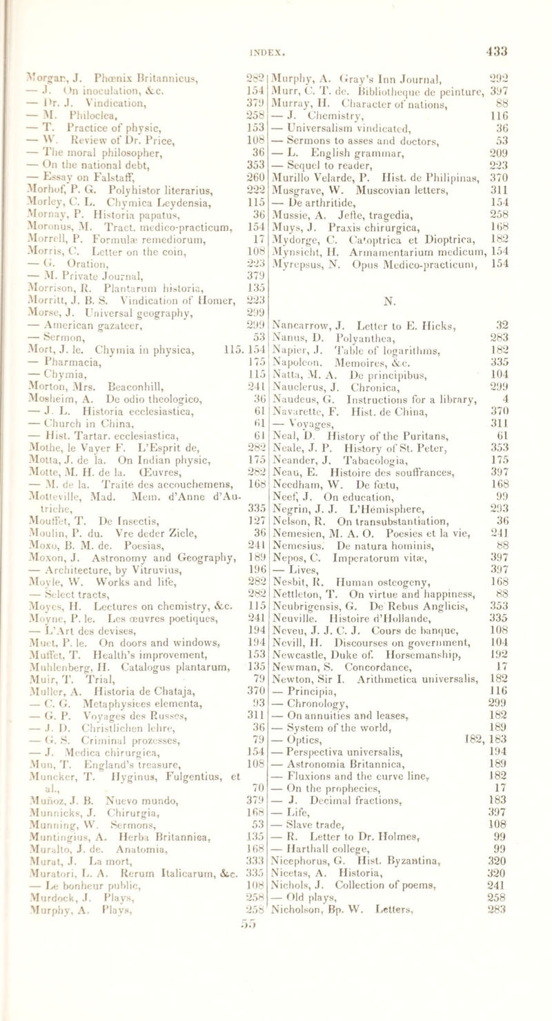 Morgan, J. Phoenix Britannicus, — J. On inoculation, Ac. — l>r. J. Vindication, — M. Philoclea, — T. Practice of physic, — W. Review of Dr. Price, — The moral philosopher, — On the national debt, — Essay on Falstaff, Morhuf, P. G. Polyhistor literarius, Morley, C. L. Chymica Leydensia, Mornay, P. Historia papatus, Moronus, M. Tract, rnedico-practicum, Morrell, P. Formulae remediorum, Morris, C. Letter on the coin, — G. Oration, — M. Private Journal, Mor rison, R. Plantarum historia, INIorritt, J. B. S. Vindication of Homer, Morse, J. Universal geography, — American gazateer, — Sermon, Mort, J. le. Chymia in physica, 115. — Pharmacia, — Chymia, Morton, Mrs. Beaconhill, Mosheim, A. De odio theologico, — J L. Historia ecclesiastica, — Church in China, — Hist. Tartar, ecclesiastica, Mothe, le Vayer F. L’Esprit de, Motta, J. de la. On Indian physic, Motte, M. H. de la. CEuvres, — M. de la. Traite des accouchemens, Molteville, Mad. Mem. d’Anne d’Au- triche, Moutfet, T. De Insectis, Moulin, P. du. Vre deder Zicle, Moxo, B. M. de. Poesias, Moxon, J. Astronomy and Geography, — Architecture, by Vitruvius, Moyle, VV. Works and life, — Select tracts, Moyes, H. Lectures on chemistry, &c. Moyne, P. le. Les oeuvres poetiques, — L’Art des devises, Muet, P. le. On doors and windows, Muffet, T. Health’s improvement, Muhlenberg, II. Catalogus plantarum, Muir, T. Trial, Muller, A. Historia de Chataja, — C. G. Metaphysices elementa, — G. P. Voyages des Russes, — J. 1). Christlichen lehre, — G. S. Criminal prozesses, — J. Medica chirurgica, Mun, T. England’s treasure, Muncker, T. Hyginus, Fulgentius, et al., M unoz, J. B. Nuevo mundo, Munnicks, J. Chirurgia, Munning, VV. Sermons, Muntingius, A. Herba Britanniea, Muralto, J. de. Anatomia, Murat, J. La mort, Muratori, L. A. Rerum Italicarum, &.e. — Le bonheur public, Murdock, J. Plays, Murphy, A. Plays, Murphy, A. Gray’s Inn Journal, 292 Murr, C. T. de. Bibliolheque de peinture, 397 Murray, H. Character of nations, S8 — J. Chemistry, 116 — Universalism vindicated, 36 — Sermons to asses and doctors, 53 — L. English grammar, 209 — Sequel to reader, 223 Murillo Velarde, P. Hist, de Philipinas, 370 Musgrave, W. Muscovian letters, 311 — De arthritide, 154 Mussie, A. Jefle, tragedia, 258 Muys, J. Praxis chirurgica, 168 Mydorge, C. Catoptrica et Dioptrica, 182 Mynsicht, H. Armamentarium medicum, 154 Myrepsus, N. Opus Medico-practicum, 154 N. Nancarrow, J. Letter to E. Hicks, 32 Nanus, D. Polyanthea, 283 Napier, J. Table of logarithms, 182 Napoleon. Memoires, &c. 335 Natta, M. A. De principibus, 104 Nauclerus, J. Chronica, 299 Naudeus, G. Instructions for a library, 4 Navarette, F. Hist, de China, 370 — Voyages, 311 Neal, D. History of the Puritans, 61 Neale, J. P. History of St. Peter, 353 Neander, J. Tabacologia, 175 Neau, E. Histoire des souffrances, 397 Needham, W. De feetu, 168 Neef, J. On education, 99 Negrin, J. J. L’Hemisphere, 293 Nelson, R. On transubstantiation, 36 Nemesien, M. A. O. Poesies et la vie, 241 Nemesius. De natura hominis, 88 Nepos, C. Imperatorum vitae, 397 — Lives, 397 Nesbit, R. Human osteogeny, 168 Nettleton, T. On virtue and happiness, 88 Neubrigerisis, G. De Rebus Anglicis, 353 Neuville. Histoire d’Hollande, 335 Neveu, J. J. C. J. Cours de banque, 108 Nevill, II. Discourses on government, 104 Newcastle, Duke of. Horsemanship, 192 Newman, S. Concordance, 17 Newton, Sir I. Arithmetica universalis, 182 — Principia, 116 — Chronology, 299 — On annuities and leases, 182 — System of the world, 189 — Optics, 182, 183 — Perspectiva universalis, 194 — Astronomia Britanniea, 189 — Fluxions and the curve line, 182 — On the prophecies, 17 — J. Decimal fractions, 183 — Life, 397 — Slave trade, 108 — R. Letter to Dr. Holmes, 99 — Harthall college, 99 Nicephorus, G. Hist. Byzantina, 320 Nicetas, A. Historia, 320 Nichols, J. Collection of poems, 241 — Old plays, 258 Nicholson, Bp. W. Letters, 283 282 154 379 258 153 108 36 353 260 222 115 36 154 17 108 223 379 135 223 299 299 53 154 175 115 241 36 61 61 61 282 175 282 168 335 127 36 241 189 196 282 282 115 241 194 194 153 135 79 370 93 311 36 79 154 108 70 379 168 53 135 168 333 335 108 258 258