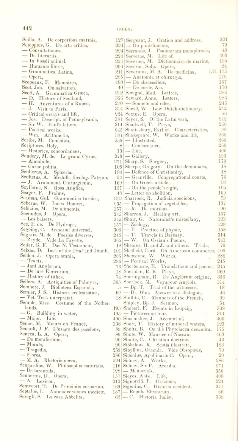142 INDEX. Scilla, A. I)e corporibus marinis, 127 Seioppius, G. De arte critica, 224 — Consultationes, 224 — De literariis, 224 — In Vossii animal. 224 — Humanee literae, 200 — Grammatica Latina, 211 — Opera, 285 Scopeaux, F. Memoires, 400 Scot, Job. On salvation, 40 Scott, A. Grammatica Graeca, 212 — D. History of Scotland, 356 — H. Adventures of a Rupee, 270 — J. Visit to Paris, 314 — Critical essays and life, 224 — Jos. Descript, of Pennsylvania, 381 — Sir VV. Paul’s letters, .314 — Poetical works, 245 — Wm. Arithmetic, 181 Scribe, M. Comedies, 259 Scriptures, Holy, 81 — Histories, concordances, 13 Scudery, M. de. Le grand Cyrus, 270 — Almabide, 271 — Curiae politia, 105 Sculterus, A. Sphseria, 184 Scultetus, A. Medulla theolog. Patrum, 24 — J. Armament. Chirurgicum, 169 Scyllatus, N. Rosa Anglica, 157 Seager, F. Psalms, 48 Seaman, Gul. Grammatica turcica, 212 Seberus, VV. Index Homeri, 235 Sebizius, M. De alimentis, 157 Secundus, J. Opera, 245 — Les baisers, 245 See, F. de. De Hydrope, 1.57 Segoing, C. Armorial universel, 305 Segrais, M. de. Poesies diverses, 245 — Zayde. Vide La Fayette, 265 Seiler, G. F. Das N. Testament, 12 Seixas, D. Inst, of the Deaf and Dumb, 101 Selden, J. Opera omnia, 285 —■ Tracts, 286 — Jani Anglorum, 76 — De jure Ebraeorum, 18 — History of tithes, 74 Sellers, A. Antiquities of Palmyra, 305 Semhere, J. Biblioteca Espanola, 5 Semler, J. S. Historia ecclesiastica, 62 — Vet. Test, interpretat. 18 Semple, Miss. Costume of the Nether¬ lands, 105 — G. Building in water, 195 — Major. Life, 400 Senac, M. Moeurs cn France, 338 Senault, J. F. L’usage des passions, 89 Seneca, L. A. Opera, 89 — De moralissimo, 90 — Morals, 90 — Tragedia, 259 — Flores, 286 — M. A. Rhetoris opera, 224 Sengardius, VV. Philosophia naturalis, 116 — De tarantula, 128 Senncrtus, D. Opera, 157 — A. Lexicon, 212 Sentvoort, T. De Principiis corporum, 169 Septalus, L. Animadversiones medica?, 157 Seragli, S. La casa Abbelita, 62 Sergeant, J. Oration and address, 224 — On punishments, 79 Serranus, J. Psalmorum rnetaphrasis, 49 Servetus, M. Life of, 400 Severien, M. Dictionnaire de marine, 195 Severus, Sulp. Opera, 24 Severinus, M. A. De medicina, 157. 17.5 — Anatomia et chirurgia, 170 — De abscessibus, 157 — De corde, &,c. 170 Sevigne, Mad. Lettres, 286 Seward, Anne. Letters, 2c6 — Sonnets and odes, 245 Sewel, VV7. Low Dutch dictionary, 212 Sextus, E. Opera, 90 Seyer, S. Of the Latin verb, 212 Shadwell, T. Plays, 260 Shaftesbury, Earl of. Characteristics, 90 Shakspeare, VV. Works and life, 260 — Illustrated, 260 — Concordance, 260 — Life, 400 — Gallery, 195 Sharp, S. Surgery, 170 Sharpe, Gregory. On the demoniacs, 18 — Defence of Christianity, 18 — Granville. Congregational courts, 76 — On Greek article, 18 — On the people’s right, 105 — Letter on abolition, 109 Sharrock, R. Judicia speciebus, 79 — Propagation of vegetables, 137 — R. De moribus, 90 Sharron, J. Healing art, 157 Shaw, G. Naturalist’s miscellany, 123 — Zoology, 128 — P. Practice of physic, 158 — T. Travels in Barbary, 314 — W. On Ossian’s Poems, 241 Sheares, H. and J. and others. Trials, 79 Sheffield, Lord. On American commerce, 109 Shenstone, VV7. Works, 286 — Poetical Works, 245 Shcrbourne, E. Translations and poems, 245 Sheridan, R. B. Plays, 260 Sheringham, R. De Anglorum origine, 356 Sherlock, M. Voyageur Anglois, 314 — Bp. T. Trial of the witnesses, 18 — Dr. Win. Answer to a dialogue, 46 Shill ito, C. Manners of the French, 99 Shipley, Bp. J. Sermon, 54 Shoberl, F. Events in Leipzig, 338 — Picturesque tour, 314 Shoemaker, J. Account of, 400 Short, T. History of mineral waters, 123 Shultz, B. On the Phytolacca decundra, 175 Shute, W. Maurice of Nassau, 400 Shuttc, C. Christian doctrine, 40 Sibbaldus, R. Scotia illustrata, 123 Sibyllina, Oracula. Vide Obsopasus, 70 Sidonius, Apollinaris C. Opera, 20 Sidney, A. Works, 286 Sidney, Sir P. Arcadia, 271 — Memorials, 356 Sieyes, Abbe. Life, 400 Signorelli, P. Orazione, 224 Sigonius, C. Historia Occident. 371 — Repub. Ebraeorum, 66 — C. Historia Italia?, 338