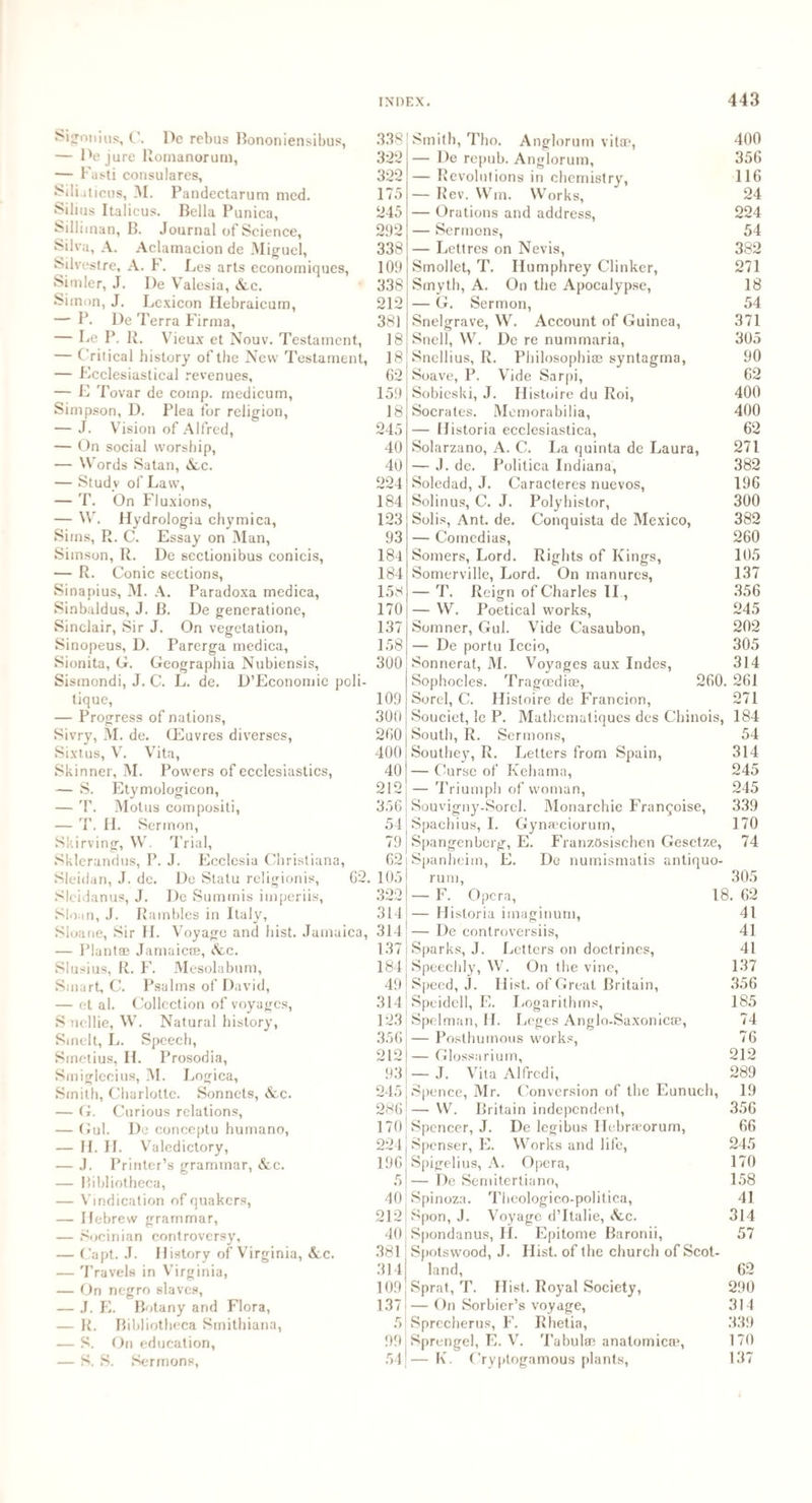 Sigonius, C. De rebus Bononiensibus, — Be jure llomanoruni, — Fasti consulares, Sili.iticus, M. Pandectarum mcd. Silius Italieus. Bella Punica, Silliman, B. Journal of Science, Silva, A. Aclatnacion de Miguel, Silvestre, A. F. Les arts economiques, Simler, J. De Valesia, &.c. Simon, J. Lexicon Hebraicum, — P. De Terra Firma, — Lc, P. R. Vieux et Nouv. Testament, — Critical history of the New Testament, — Ecclesiastical revenues, — E Tovar de comp, medicum, Simpson, D. Plea for religion, — J. Vision of Alfred, — On social worship, — Words Satan, &.c. — Study of Law, — T. On Fluxions, — W. Hydrologia chymica, Sims, R. C. Essay on Man, Simson, R. De sectionibus conicis, — R. Conic sections, Sinapius, M. A. Paradoxa medica, Sinbaldus, J. B. De generatione, Sinclair, Sir J. On vegetation, Sinopeus, D. Parerga medica, Sionita, G. Geographia Nubiensis, Sismondi, J. C. L. de. D’Economie poli¬ tique, — Progress of nations, Sivry, M. de. (Euvres diverses, Sixtus, V. Vita, Skinner, M. Powers of ecclesiastics, — S. Etymologicon, — T. Motus compositi, — T. H. Sermon, Skirving, W. Trial, Sklcrandus, P. J. Ecclesia Christiana, Sleidan, J. de. De Statu rcligionis, 62. Sleidanus, J. Dc Summis imperiis, Sloan, J. Rambles in Italy, Sloarie, Sir H. Voyage and hist. Jamaica, — Plantse Jamaicre, &,c. Slusius, R. I’. Mesolabum, Smart, C. Psalms of David, — et al. Collection of voyages, S nellie, W. Natural history, Smelt, L. Speech, Sinctius, H. Prosodia, Smigiecius, M. Logica, Smith, Charlotte. Sonnets, <Ac. — G. Curious relations, — Gul. De conceptu humano, — H. H. Valedictory, — J. Printer’s grammar, &.c. — Bibliotheca, — Vindication of quakers, — Hebrew grammar, — Socinian controversy, — Capt. J. History of Virginia, &lc. — Travels in Virginia, — On negro slaves, — J. E. Botany and Flora, — R. Bibliotheca Smithiana, — S. On education, — S. S. Sermons, Smith, Tho. Anglorum vita*, 400 — De repub. Anglorum, 356 — Revolutions in chemistry, 116 — Rev. Wm. Works, 24 — Orations and address, 224 — Sermons, 54 — Lettres on Nevis, 382 Smollet, T. Humphrey Clinker, 271 Smyth, A. On the Apocalypse, 18 — G. Sermon, 54 Snelgrave, W. Account of Guinea, 371 Snell, W. De re nummaria, 305 Snellius, R. Philosophise syntagma, 90 Suave, P. Vide Sarpi, 62 Sobieski, J. Histoire du Roi, 400 Socrates. Memorabilia, 400 — Historia ecclesiastica, 62 Solarzano, A. C. La quinta de Laura, 271 — J. de. Politica Indiana, 382 Soledad, J. Caracteres nuevos, 196 Solinus, C. J. Polyhistor, 300 Solis, Ant. de. Conquista de Mexico, 382 — Coinedias, 260 Somers, Lord. Rights of Kings, 105 Somerville, Lord. On manures, 137 — T. Reign of Charles II , 356 — W. Poetical works, 245 Somner, Gul. Vide Casaubon, 202 — De portu Iccio, 305 Sonnerat, M. Voyages aux Indes, 314 Sophocles. Tragcediae, 260. 261 Sorel, C. Histoire de Francion, 271 Souciet, le P. Mathematiques des Chinois, 184 South, R. Sermons, 54 Southey, R. Letters from Spain, 314 — Curse of Kehama, 245 — Triumph of woman, 245 Souvigny-Sorel. Monarchic Fran^oise, 339 Spachius, I. Gynaeciorum, 170 Spangenberg, E. FranzOsischen Gesetze, 74 Spanheim, E. De numismatis antiquo¬ rum, 305 — F. Opera, 18. 62 )— Historia imaginum, 41 ! — De controversiis, 41 Sparks, J. Letters on doctrines, 41 Speedily, W. On the vine, 137 Speed, J. Hist, of Great Britain, 356 Speidell, E. Logarithms, 185 Spelman, H. Leges Anglo-Saxonicae, 74 — Posthumous works, 76 — Glossarium, 212 — J. Vita Alfredi, 289 Spence, Mr. Conversion of the Eunuch, 19 — W. Britain independent, 356 Spencer, J. De legibus Hebraeorum, 66 Spenser, E. Works and life, 245 Spigelius, A. Opera, 170 — De Semitertiano, 158 Spinoza. Theologico-politica, 41 Spon, J. Voyage d’ltalie, *Ac. 314 | Spondanus, H. Epitome Baronii, 57 i Spotswood, J. Hist, of the church of Scot¬ land, 62 j Sprat, T. Hist. Royal Society, 290 | — On Sorbier’s voyage, 314 Sprccherus, F. Rhetin, 339 Sprengel, E. V. Tabulae anatomica*, 170 — K. Cryptogamous plants, 137 338 322 322 175 245 292 338 109 338 212 381 18 18 62 159 18 245 40 40 224 184 123 93 184 184 158 170 137 158 300 109 300 260 400 40 212 356 54 79 62 105 322 314 314 137 184 49 314 123 356 212 93 245 286 170 224 196 5 40 212 40 381 314 109 137 5 99 54
