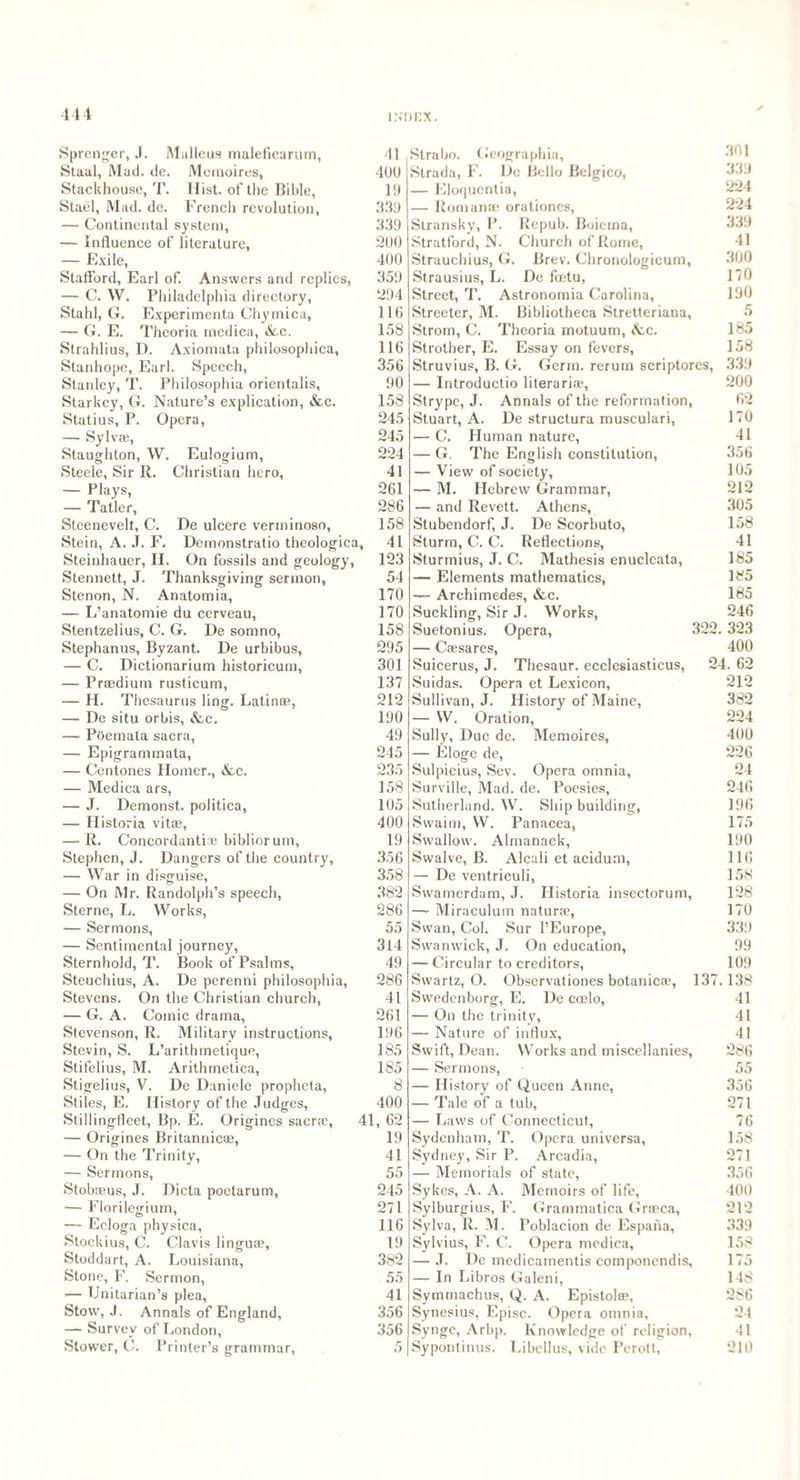 44 4 Sprenger, J. Malleus maleficarum, Staal, Mad. de. Memoires, Stackhouse, T. Hist, of the Bible, Stael, Mad. de. French revolution, — Continental system, — Influence of literature, — Exile, Stafford, Earl of. Answers and replies, — C. W. Philadelphia directory, Stahl, G. Experimenta Chymica, — G. E. Theoria rncdica, &c. Strahlius, D. Axiomata philosophica, Stanhope, Earl. Speech, Stanley, T. Philosophia orientalis, Starkey, G. Nature’s explication, &c. Statius, P. Opera, — Sylv®, Staughton, W. Eulogium, Steele, Sir R. Christian hero, — Plays, — Tatler, Steenevelt, C. De ulcere verminoso, Stein, A. J. F. Demonstratio theologica Steinhauer, H. On fossils and geology, Stennett, J. Thanksgiving sermon, Stenon, N. Anatomia, — L’anatomie du cerveau, Stentzelius, C. G. De somno, Stephanus, Byzant. De urbibus, — C. Dictionarium historicum, — Praedium rusticum, — H. Thesaurus ling. Latin®, — De situ orbis, &c. — Poemata sacra, — Epigrammata, — Centones Homer., &c. — Medica ars, — J. Demonst. politica, — Historia vitae, — R. Concordanti* bibliorum, Stephen, J. Dangers of the country, — War in disguise, — On Mr. Randolph’s speech, Sterne, L. Works, — Sermons, — Sentimental journey, Sternhold, T. Book of Psalms, Steuchius, A. De perenni philosophia, Stevens. On the Christian church, — G. A. Comic drama, Stevenson, R. Military instructions, Stevin, S. L’arithmetique, Stifelius, M. Arithmetica, Stigelius, V. De Daniele propheta, Stiles, E. History of the Judges, Stilling-fleet, Bp. E. Origines sacr®, — Origines Britannic®, — On the Trinity, — Sermons, Stobaeus, J. Dicta poetarum, — Florilegium, -— Ecloga physica, Stockius, C. Clavis linguae, Stoddart, A. Louisiana, Stone, F. Sermon, — Unitarian’s plea, Stow, J. Annals of England, — Survey of London, Stower, C. Printer’s grammar, 41 400 19 339 339 200 400 359 294 116 158 116 356 90 158 245 245 224 41 261 286 158 , 41 123 54 170 170 158 295 301 137 212 190 49 245 235 158 105 400 19 356 358 382 286 55 314 49 286 41 261 196 185 185 8 400 41, 62 19 41 55 245 271 116 19 382 55 41 356 356 Strabo. Geographia, Slrada, F. De Bello Belgico, — Eloquentia, — Roman® orationcs, Siransky, P. Repub. Boiema, Stratford, N. Church of Rome, Strauchius, G. Brev. Chronologicum, Strausius, L. De feetu, Street, T. Astronomia Carolina, Streeter, M. Bibliotheca Stretteriana, Strom, C. Theoria motuum, <Ac. Strother, E. Essay on fevers, Struvius, B. G. Germ, rerum scriptorcs, — Introductio literari®, Strypc, J. Annals of the reformation, Stuart, A. De structura musculari, — C. Human nature, — G. The English constitution, — View of society, — M. Hebrew Grammar, — and Revett. Athens, Stubendorf, J. De Scorbuto, Sturm, C. C. Reflections, Sturmius, J. C. Mathesis enuclcata, — Elements mathematics, — Archimedes, &c. Suckling, Sir J. Works, Suetonius. Opera, — Csesares, Suicerus, J. Thesaur. ecclesiasticus, Suidas. Opera et Lexicon, Sullivan, J. History of Maine, — W. Oration, Sully, Due de. Memoires, — Eloge de, Sulpicius, Sev. Opera omnia, Surville, Mad. de. Poesies, Sutherland. W. Shipbuilding, Swaim, W. Panacea, Swallow. Almanack, Swalve, B. Alcali et acidum, — De ventriculi, Swamerdam, J. Plistoria insectorum, —- Miraculum natur®, Swan, Col. Sur 1’Europe, Swanwick, J. On education, — Circular to creditors, Swartz, O. Observationes botanic®, Swedenborg, E. De coelo, — On the trinity, — Nature of influx, Swift, Dean. Works and miscellanies, — Sermons, — History of Queen Anne, — Tale of a tub, — Laws of Connecticut, Sydenham, T. Opera universa, Sydney, Sir P. Arcadia, — Memorials of state, Sykes, A. A. Memoirs of life, Sylburgius, F. Grammatica Grreca, Sylva, R. M. Poblacion de Esparia, Sylvius, F. C. Opera medica, — J. De medicamentis componcndis, — In Libros Galeni, Symmachus, Q. A. Epistol®, Synesius, Episc. Opera omnia, Synge, Arbp. Knowledge of religion, Sypontinus. Libcllus, vide Perott, 301 339 224 224 339 41 300 170 190 5 185 158 339 200 62 170 41 356 105 212 305 158 41 185 185 185 246 322. 323 400 24. 62 212 382 224 400 226 24 246 196 175 190 116 158 128 170 339 99 109 138 41 41 41 286 13 356 271 76 158 271 356 400 212 339 158 175 148 286 24 41 210