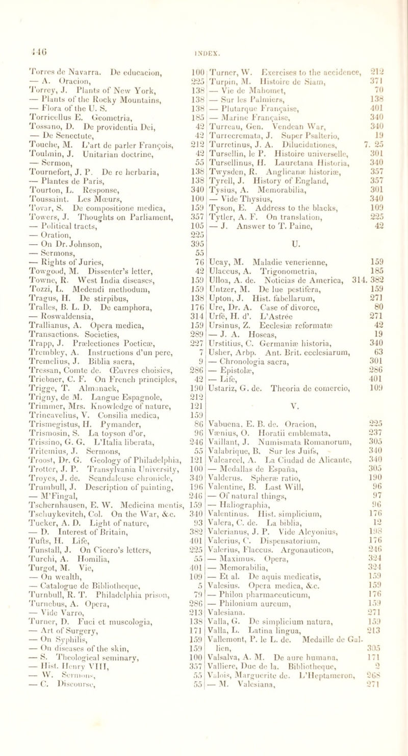 MG Torres tie Navarra. I)e educacion, — A. Oracion, 'J'orrey, J. Plants of New York, — Plants ot the Rocky Mountains, — Flora of the U. S. Torricellus E. Geomctria, Tossano, D. De providentiu Dei, — De Senectute, Touche, M. L’art de parler Francois, Touhnin, J. Unitarian doctrine, — Sermon, Tournefort, J. P. De re herbaria, — Plantes de Paris, Tourton, L. Response, Toussaint. Lcs Mreurs, 'Povar, S. De compositione medica, Towers, J. Thoughts on Parliament, — Political tracts, — Oration, — On Dr. Johnson, — Sermons, — Rights of Juries, Towgood, M. Dissenter’s letter, Towne, R. West India diseases, Tozzi, L. Medendi methodum, Tragus, H. De stirpibus, Tralles, B. L. D. De camphora, — Roswaldensia, Trallianus, A. Opera medica, Transactions. Societies, Trapp, J. Pradectiones Poetica?, Trombley, A. Instructions d’un pere, Tremelius, J. Biblia sacra, Trcssan, Comte de. (Euvres choisies, Triebner, C. F. On French principles, Trigge, T. Almanack, Trigny, de M. Langue Espagnole, Trimmer, Mrs. Knowledge of nature, Trincavelius, V. Consilia medica, Trismegistus, IJ. Pymander, Trismosin, S. La toyson d’or, Trissino, G. G. L’ltalia liberata, Tritemius, J. Sermons, Troost, Dr. G. Geology of Philadelphia, Trotter, J. P. Transylvania LIniversity, Troyes, J. de. Scandaleuse chronicle, Trumbull, J. Description of painting, — M’Fingal, Tschernhausen, E. W. Medicina mentis, Tschuykevitch, Col. On the War, &c. Tucker, A. D. Light of nature, — D. Interest of Britain, Tufts, II. Life, Tunstall, J. On Cicero’s letters, Turchi, A. Homilia, Turgot, M. Vie, — On wealth, — Catalogue de Bibliothcque, Turnbull, R. T. Philadelphia prison, Turnebus, A. Opera, — Vide Varro, Turner, D. Fuci et muscologia, — Art of Surgery, — On Syphilis, — On diseases of the skin, — S. Theological seminary, — Hist. Henry VIII, — W. Sermons, — C. Discourse, 100 225 138 138 138 185 42 42 212 42 55 138 138 340 100 159 357 105 225 395 55 76 42 159 159 138 176 314 159 289 227 7 9 286 42 190 212 121 159 86 96 246 55 121 100 340 196 246 159 340 931 382 401 225 55 401 109 5 79 286 213 138 171 159 159 100 357 55 Turner, W. Exercises to the accidence, 212 | Turpin, M. Ilistoire dc Siam, 371 — Vic de Mahomet, 70 — Sur les Palmiers, 138 — Plutarque Fran^aise, 401 — Marine Franqaise, 340 Turreau, Gen. Vendean War, 340 Turrecremata, J. Super Psalterio, 19 Turretinus, J. A. Diiucidationes, 7. 25 Tursellin, le P. Ilistoire universelle, 301 Tursellinus, II. Lauretana Historia, 340 Twysdcn, R. Anglican® historic, 357 Tyrell, J. History of England, 357 Tysius, A. Memorabilia, 301 j — Vide Thysius, 340 Tyson, E. Address to the blacks, 109 Tytler, A. F. On translation, 225 — J. Answer to T. Paine, 42 U. Ucay, M. Maladie venerienne, Ulaccus, A. Trigonometria, Ulloa, A. de. Noticias de America, Untzer, M. De lue pestifera, Upton, J. Hist, fabellarum, Ure, Dr. A. Case of divorce, Urfe, IJ. d’. L’Astree Ursinus, Z. Ecclesiae reformat® — J. A. Hoseas, Urstitius, C. Germanise historia, Usher, Arbp. Ant. Brit, ecclesiarum, — Chronologia sacra, — Epistol®, — Life, Ustariz, G. de. Theoria de cornereio, 159 185 314. 382 159 271 80 271 42 19 340 63 301 286 401 109 V. Vabuena, E. B. de. Oracion, Vaenius, O. Horatii emblemata, Vaillant, J. Numismata Romanorum, Valabrique, B. Sur les Juifs, Valcarcel, A. La Ciudad de Alicante, — Medullas de Espaha, Valderus. Spher® ratio, Valentine, B. Last Will, — Of natural things, — Haliographia, Valentinus. Hist, simplicium, Valera, C. de. La biblia, Valerianus, J. P. Vide Alcyonius, Valerius, C. Dispensatorium, Valerius, Flaccus. Argonauticon, — Maximus. Opera, — Memorabilia, — Et al. De aquis medicatis, Valesius. Opera medica, Slc. — Philon pharmaoeuticum, — Philonium aureum, Valesiana. Valla, G. De simplicium natura, Valla, L. Latina lingua, Vallemont, P. le L. de. Medaillc dc Gal- lien, Valsalva, A. M. De aure humana, Valliere, Due de la. Bibliothcque, Valois, Marguerite de. L’Heptameron, — M. Valesiana, 225 237 305 340 340 305 190 96 97 96 176 12 198 176 246 324 324 159 159 176 159 271 159 213 305 171 o 268 271