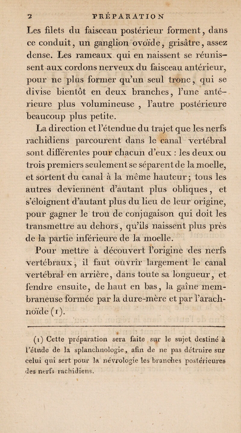 Les filets du faisceau postérieur forment, dans ce conduit, un ganglion ovoïde, grisâtre, assez dense. Les rameaux, qui en naissent se réunis¬ sent aux cordons nerveux du faisceau antérieur, pour ne pins former qu’un seul tronc, qui se divise bientôt en deux branches. Tune anté¬ rieure plus volumineuse , Fautre postérieure beaucoup plus petite. La direction et Fétendue du trajet que les nerfs rachidiens parcourent dans le canal vertébral sont différentes pour chacun d’eux ; les deux ou trois premiers seulement se séparent de la moelle, et sortent du canal à la même hauteur ; tous les autres deviennent d’autant plus obliques, et s’éloignent d’autant plus du lieu de leur origine, pour gagner le trou de conjugaison qui doit les transmettre au dehors, qu’Us naissent plus près de la partie inférieure de la moelle. Pour mettre à découvert l’origine des nerfs vertébraux, il faut ouvrir largement le canal vertébral en arrière, dans toute sa longueur, et fendre ensuite, de haut en bas, la gaine mem¬ braneuse formée par la dure-mère et par l’arach¬ noïde (r). (i) Cette préparation sera faite sur le sujet destiné à rétude de la splanclitiologie, afin de ne pas détruire sur celui qui sert pour la névrologie les braudbes postérieures des nerfs rachidiens.