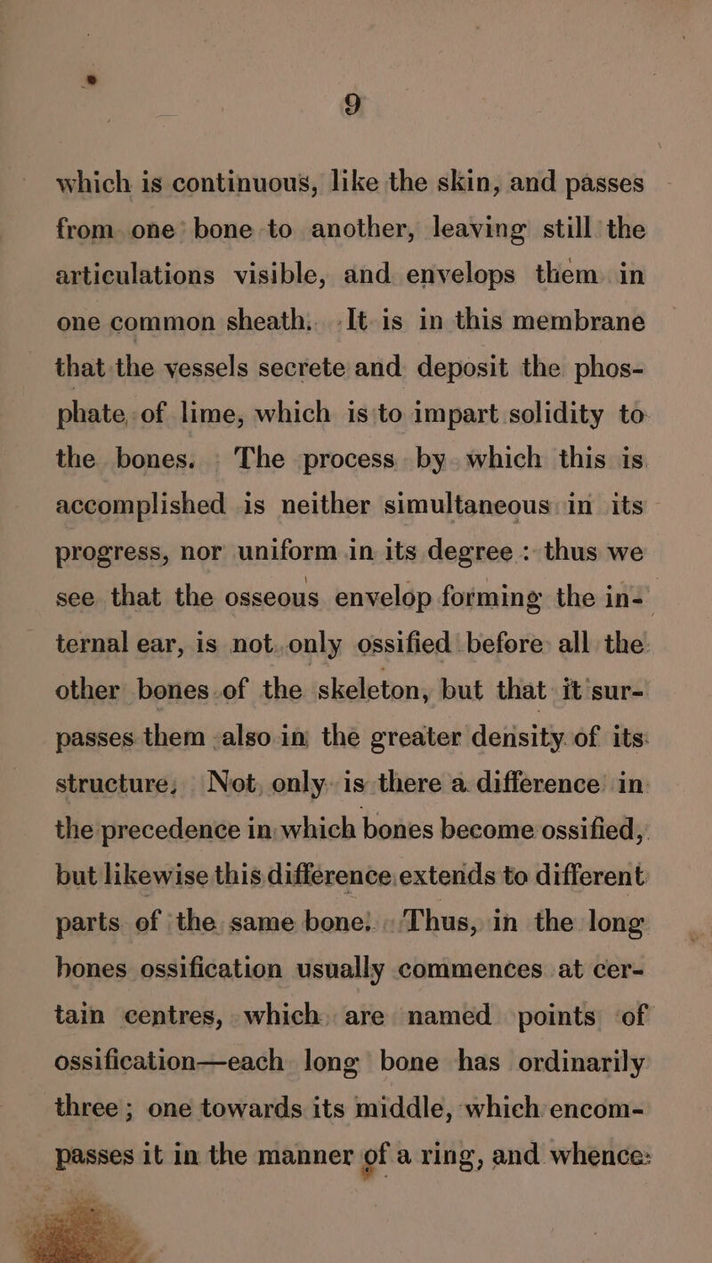 which is continuous, like the skin, and passes from one’ bone to another, leaving still the articulations visible, and envelops them. in one common sheath, It is in this membrane that the vessels secrete and deposit the phos- phate, of lime, which is'to impart solidity to the bones. . The process. by. which this is accomplished is neither simultaneous in its — progress, nor uniform in its degree : thus we see that the osseous envelop forming the in- , ternal ear, is not..only ossified before all the. other bones.of theskeleton: but that. it sur- passes them also in| the greater density of its: structure, Not, only. is there a. difference in: the precedence in: which bones become ossified sf but likewise this difference extends to different parts of the same Lonchingt! hus, in the long bones ossification usually commences. at cer- tain centres, which, are named points of ossification—each long bone has ordinarily three ; one towards its middle, which encom- passes it in the manner of a ring, and whence: