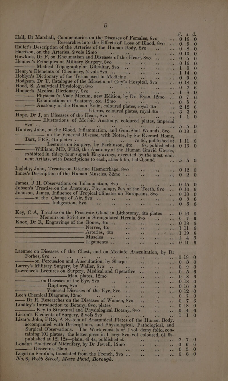 ~ 2 Hall, Dr Marshall, Commentaries on the Diseases of Females, 8vo + Researches into the Effects of Loss of Bleod, 8vo Haller’s Description of the Arteries of the Human Body, 8vo Harrison, on the Arteries, 2 vols 12mo * “i ce Hawkins, Dr F, on Rheumatism and Diseases of the Heart, 8vo Hennen’s Principles of Military Surgery, Svo Medical Topography of Gibraltar, 8vo Henry’s Elements of Chemistry, 2 vols 8vo .. a Hoblyn’s Dictionary of the 'Terms used in Medicine «e be Hodgson, Dr T, Catalogue of the Museum of Guy’s Hospital, 8vo Hood, S, Analytical Physiology, Svo -&amp; a aa she Hooper’s Medical Dictionary, 8vo_ .. 7 oF a th Physician’s Vade Mecum, new Edition, by Dr. Ryan, 12mo Examinations in Anatomy, &amp;c. 12mo £3 ‘ a Anatomy of the Human Brain, coloured plates, royal 4to of Uterus, coloured plates, royal 4to a Hope, Dr J, on Diseases of the Heart, 8vo .. ad a om ‘% ——— Illustrations of Morbid Anatomy, coloured plates, imperial 8vo .. Ps ne Ae ae an e ie a as Hunter, John, on the Blood, Inflammation, and Gun-Shot Wounds, 8vo on the Venereal Disease, with Notes, by Sir Everard Home, Bart, FRS, 4to plates .. Mi ag me 7s 6d, published at Lectures on Surgery, by Parkinson, 4to 8s, published at William, MD, FRS, the Anatomy of the Human Gravid Uterus, exhibited in thirty-four superb Engravings, executed by the most emi- nent Artists, with Descriptions to each, atlas folio, half-bound Ingleby, John, Treatise on Uterine Hemorrhage, 8vo Innes’s Description of the Human Muscles, 32mo James, J H, Observations on Inflammation, 8vo .. i ad Jobson’s ‘Treatise on the Anatomy, Physiology, &amp;c; of the Teeth, 8vo Johnson, James, Influence of Tropical Climates on Europeans, 8vo on the Change of Air, 8vyo .. it Indigestion, 8vo ‘ | Key, C A, Treatise on the Prostrate Gland in Lithotomy, 4to plates — Memoirs on Stricture in Strangulated Hernia, Svo Knox, Dr R, Engravings of the Bones, 4to .. . —_—— Nerves, 4to Q Arteries, 4to ae Muscles... Ligaments .. Laennec on Diseases of the Chest, and on Mediate Auscultation, by Dr Forbes, 8vo .. : ds F —on Percussion and Auscultation, by Sharpe Larrey’s Military Surgery, by Waller, 8vo_ .. Lawrence's Lectures on Surgery, Medical and Operative + és Man, plates, 12mo RA ds aie 6 ee on Diseases of the Eye, 8vo : Ruptures, 8vo ———— Venereal Diseases of the Eye, 8vo Lee’s Chemical Diagrams, 12mo Se Pe - Dr R, Researches on the Diseases of Women, 8vo Lindley’s Introduction to Botany, 8vo, plates ia sie Key to Structural and Physiological Botany, Svo Liston’s Elements of Surgery, 3 vols 8vo_ as Lizar’s John, FRS, A System of Anatomical Plates of the Human Body, accompanied with Descriptions, and Physiological, Pathological, and Surgical Observations. The Work consists of 1 vol. demy folio, con- taining 101 plates; the letter-press in 1 large 8vo vol coloured, 61. 6s. published at 12] 12s—plain, 41 4s, published at as ty ; London Practice of Midwifery, by Dr Jewell, 12mo ie — Dissector, 12mo oy Ae aR vs - os Lugol on Scrofula, translated from the French, 8vo .. - er we No. 8, Webb Street, Maze Pond, Borowgh. BameoHcooHHrococooh So om Ore Koco cococoee: eos &amp; Sooo co SO oo Ce © coon jad — — a — MHMWDUNDYDORORDUOCWMOGR — — GO — — [ore aouns On CO COoOmaaeCRCOCSCCCOOCOCCO™ ABnHHAMMDD HHOORSG SO © COoSCmCOoCooCAoaocoo ooco