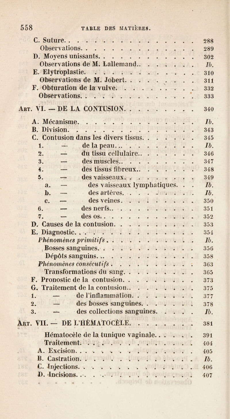 C. Suture.288 Observations.289 D. Moyens unissants.302 Observations de M. Lallemand. ih. E. Elytrôplastie.310 Observations de M. Jobert. 311 F. Obturation de la vulve. 332 Observations. ..‘. 333 Art. VI. — DE LA CONTUSION.340 A. Mécanisme. Ib. B. Division.343 C. Contusion dans les divers tissus.345 1. — de la peau. Ib. 2. — du tissu cellulaire. 346 3. — des muscles. 347 4. — des tissus fibreux. 348 5. — des vaisseaux.349 a. — des vaisseaux lymphatiques. . . Ib. b. — des artères.Ib. c. — des veines.350 6. — des nerfs.351 7. — des os.352 D. Causes de la contusion. 353 E. Diagnostic. 354 Phénomènes primitifs. Ib. , Bosses sanguines. ..356 Dépôts sanguins. 358 Phénomènes consécutifs.363 Transformations du sang.365 F. Pronostic de la contusion.373 G. Traitement de la contusion. 375 1. — de l’inflammation.377 2. — des bosses sanguines.378 3. — des collections sanguines. Ib. Art. VII. — DE L’HÉMATOCÈLE.381 Hématocèle de la tunique vaginale. 391 Traitement. . ..404 A. Excision. 405 B. Castration. Ib. C. Injections.406 D. ‘Incisions.407