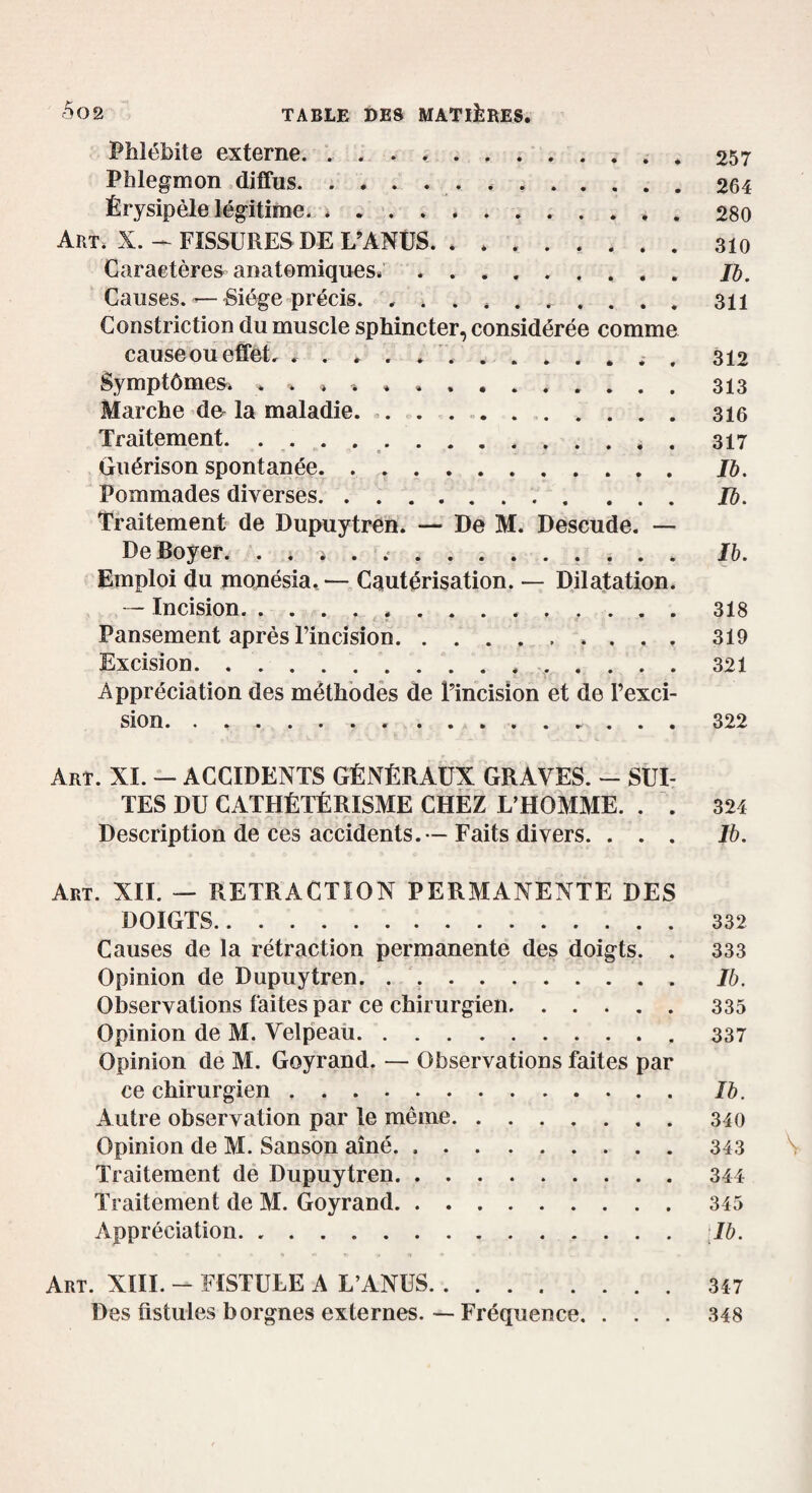 Phlébite externe. ... , 257 Phlegmon diffus. ..264 Érysipèle légitime.. 280 Art. X. - FISSURES DE L’ANUS. . ....... 310 Caractères anatomiques; ..Ib. Causes. — Siège précis. .......... 311 Constriction du muscle sphincter, considérée comme cause ou effet. ... , 312 Symptômes* . » » ». 313 Marche de la maladie. . . ..316 Traitement. 317 Guérison spontanée. Jb. Pommades diverses. Ib. Traitement de Dupuytren. — De M. Descude. — De Boyer. . . > . . .. Ib. Emploi du monésia. — Cautérisation. — Dilatation. — Incision..., . . . 318 Pansement après l’incision.. , . 319 Excision. .. 321 Appréciation des méthodes de l’incision et de l’exci¬ sion. ..322 Art. XI. - ACCIDENTS GÉNÉRAUX GRAVES. - SUI¬ TES DU CATHÉTÉRISME CHEZ L’HOMME. . . 324 Description de ces accidents. — Faits divers. ... Ib. Art. XII. — RETRACTION PERMANENTE DES DOIGTS.332 Causes de la rétraction permanente des doigts. . 333 Opinion de Dupuytren. Ib. Observations faites par ce chirurgien.335 Opinion de M. Velpeau.337 Opinion de M. Goyrand. — Observations faites par ce chirurgien , Ib. Autre observation par le même.340 Opinion de M. Sanson aîné. ..343 Traitement de Dupuytren.344 Traitement de M. Goyrand.345 Appréciation. Ib. Art. XIII. - FISTULE A L’ANUS.347 Des fistules borgnes externes. — Fréquence. . . . 348