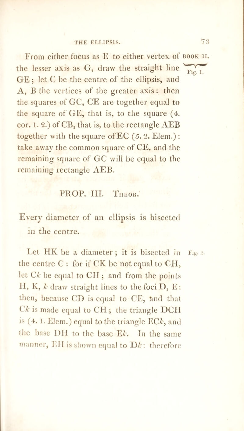 Fig. L From either focus as E to either vertex of book ii. the lesser axis as G, draw the straight line GE; let C be the centre of the ellipsis, and A, B the vertices of the greater axis: then the squares of GC, CE are together equal to the square of GE, that is, to the square (4. cor. 1. 2.) of CB, that is, to the rectangle AEB together with the square of EC (5. 2. Elem.) : take away the common square of CE, and the remaining square of GC will be equal to the remaining rectangle AEB. PROP. III. The or. Every diameter of an ellipsis is bisected in the centre. Let HK be a diameter j it is bisected in Fig. 2. the centre C : for if CK be not equal to CII, let Ck be equal to CH ; and from the points 11, K, k draw straight lines to the foci D, E: then, because CD is equal to CE, and that ( k is made equal to CH ; the triangle DCIl is (4. l. Elem.) equal to the triangle EC£, and the base 1)11 to the base Ek. In the same manner, Eli is shown equal to D/c: therefore