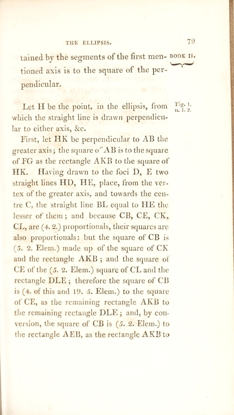 tained by the segments of the first men- book ii. tioned axis is to the square of the per¬ pendicular. Let H he the point, in the ellipsis, from which the straight line is drawn perpendicu¬ lar to either axis, &c. First, let HK be perpendicular to AB the greater axis; the square (/’AB is to the square of FG as the rectangle AI\B to the square of HK. Having drawn to the foci D, E two straight lines HD, HE, place, from the ver¬ tex of the greater axis, and towards the cen¬ tre C, the straight line BL equal to HE the lesser of them ; and because CB, CE, CK, CL, are (4. 2.) proportionals, their squares are also proportionals: but the square of CB is (5. 2. Elem.) made up of the square of CK and the rectangle AKB ; and the square of CE of the (5. 2. Elem.) square of CL and the rectangle DLE ; therefore the square of CB is (4. of this and 19. 5. Elem.) to the square of CE, as the remaining rectangle AKB to the remaining rectangle DLE; and, by con* version, the square of CB is (5. 2. Elem.) to the rectangle AEB, as the rectangle AKB to